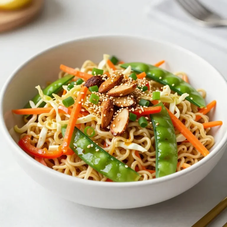 - 2 packages of ramen noodles (discard the included seasoning packets) - 2 cups coleslaw mix (a blend of cabbage and carrots) - 1 cup snap peas, trimmed and halved - 1 bell pepper, thinly sliced (choose any color for vibrancy) - 1/2 cup green onions, chopped (both white and green parts) - 1/4 cup vegetable oil - 2 tablespoons soy sauce - 1 tablespoon rice vinegar - 1 tablespoon honey or maple syrup - 1 teaspoon fresh grated ginger - 1/2 cup sliced almonds - 1/4 cup sesame seeds - Salt and pepper to taste To make the Crunchy Ramen Noodle Salad, you need a mix of fresh and vibrant ingredients. Start with ramen noodles, which form the base of this dish. They add a fun texture and absorb flavors well. Next, include a coleslaw mix for crunch. It brings together cabbage and carrots, adding color and nutrition. Snap peas add a sweet crunch. Their bright green color pops in the salad. A bell pepper adds sweetness and color too. You can choose any color you like. Green onions tie it all together with their fresh taste and mild onion flavor. The dressing is simple yet flavorful. Use vegetable oil, soy sauce, rice vinegar, and honey or maple syrup. Fresh grated ginger adds a nice zing. Combine these ingredients for a dressing that enhances all the salad elements. For optional toppings, consider sliced almonds and sesame seeds. They add crunch and a nutty flavor. A sprinkle of salt and pepper brings everything together. This mix of ingredients creates a fresh and flavorful salad that everyone will enjoy! {{ingredient_image_2}} To start, boil water in a large pot. Cook the ramen noodles for about 3-4 minutes. They should become soft but still firm. After cooking, drain the noodles and rinse them under cold water. This stops the cooking process. Set them aside to cool completely. Next, grab a dry skillet and heat it over medium heat. Add the sliced almonds and sesame seeds. Stir them often for about 3-4 minutes. They should turn golden brown and smell great. Stay alert—nuts can burn quickly. Once toasted, remove them from heat and let them cool. In a small bowl, mix vegetable oil, soy sauce, rice vinegar, honey or maple syrup, and grated ginger. Add a pinch of salt and pepper. Whisk these ingredients until smooth. This dressing should balance sweet and salty flavors well. In a large mixing bowl, add the cooled ramen noodles, coleslaw mix, snap peas, bell pepper slices, and chopped green onions. Don’t forget the toasted almonds and sesame seeds! Toss everything gently until evenly mixed. Cooling the noodles helps the salad stay fresh. Now, drizzle your dressing over the salad mixture. Toss gently to coat every ingredient. This helps all flavors blend nicely. Dress the salad just before serving to keep it crisp. For the best taste, cover the salad and chill it for at least 30 minutes. Chilling helps the flavors to mix well. When serving, use a large bowl or individual plates. Top with extra sesame seeds and green onions for a bright look. Enjoy your crunchy ramen noodle salad! - Start with fresh ramen noodles. They keep their crunch well. - Cook the noodles just right. Aim for 3-4 minutes, then rinse them. - Use fresh veggies like snap peas and bell peppers. Freshness adds great texture. - Adjust the soy sauce based on taste. If you like it salty, add more. - Use chili flakes or hot sauce for heat. Spice can enhance the salad's flavor. - Switch up the honey for maple syrup for a different sweetness. - Scale the recipe by adding more or less of each ingredient. - For a meal, add grilled chicken or tofu. It turns a side into a main dish. - If serving as a side, keep the portions smaller. This allows for variety in meals. Pro Tips Use Cold Water for Ramen: After cooking, rinse the noodles under cold water to stop the cooking process. This will help maintain their crunchy texture when mixed with the salad. Customize Your Vegetables: Feel free to swap or add any of your favorite vegetables. Cucumbers, carrots, or even radishes can add a unique twist to the salad. Make Ahead: This salad can be made in advance and stored in the refrigerator. Just keep the dressing separate until you’re ready to serve to maintain the crunchiness. Adjust the Sweetness: Depending on your preference, you can adjust the amount of honey or maple syrup in the dressing. Taste as you go to find your perfect balance! {{image_4}} You can change up the ingredients in your crunchy ramen noodle salad. Instead of the coleslaw mix, try using fresh spinach or kale. Shredded carrots also add a nice crunch. For snap peas, you can use sliced cucumbers or bell peppers. These swaps keep the salad fresh and exciting. When it comes to nuts, sliced almonds are great, but you can also use chopped walnuts or cashews. Each nut brings a different flavor and texture. Seeds like pumpkin or sunflower work well too. Experiment with what you have on hand! If you need a gluten-free option, you can swap the ramen noodles for rice noodles. They still give you that chewy texture you want. Make sure to check the dressing too; use tamari instead of soy sauce for a gluten-free choice. For a vegan option, replace honey with maple syrup. This keeps the sweetness without any animal products. The salad stays just as tasty and satisfying! Using seasonal veggies can make your salad even better. In summer, add fresh tomatoes or corn. In fall, roasted butternut squash or Brussels sprouts can add warmth. Seasonal ingredients often taste better and are easier to find. Don't forget about herbs! Fresh cilantro or basil can brighten the flavor. Just chop them finely and toss them in for a fresh twist. These small changes can make a big difference in how your salad tastes. To keep your crunchy ramen noodle salad fresh, use airtight containers. Glass or plastic containers work well. Store in the fridge for up to three days. If you leave it longer, the noodles may become soggy. You can enjoy this salad cold, but if you want to reheat it, do so gently. Microwave it for 30 seconds at a time. Stir between intervals to check warmth. To maintain the crunch, avoid using high heat. Yes, you can freeze this salad, but it's best to leave out the noodles. To prepare, pack the coleslaw mix, snap peas, and other veggies in a freezer bag. Store for up to three months. When ready to eat, thaw in the fridge and add fresh noodles later. Yes, you can make this salad ahead of time. It tastes even better after sitting. You can prepare it up to 24 hours in advance. Store it in the fridge until you are ready to serve. To keep ramen noodles crunchy, follow these steps: - Use uncooked noodles in the salad. - Rinse them in cold water after cooking. - Avoid adding dressing until serving time. These steps help keep the noodles crisp and tasty. Absolutely! Adding protein makes it more filling. Here are some great options: - Grilled chicken or shrimp - Tofu for a vegetarian option - Hard boiled eggs for extra flavor These proteins blend well with the salad. You can try different dressings for variety. Here are some tasty alternatives: - Peanut dressing for a nutty flavor - Asian sesame dressing for a bold taste - A simple lemon vinaigrette for freshness These dressings will add a new twist to your salad. Yes, this salad is great for meal prep! You can pack it in containers. Just keep the dressing separate until you are ready to eat. This keeps everything fresh and crunchy for your meals. This blog covered delicious ramen salad ingredients, dressings, and cooking steps. You learned how to mix flavors and achieve the perfect crunch. Ramen salads are easy to customize for your taste or dietary needs. Fresh ingredients matter, so choose wisely! Store leftovers properly to keep them tasty. Enjoy your healthy salad and share it with friends. Your kitchen will be the go-to spot for tasty meals!