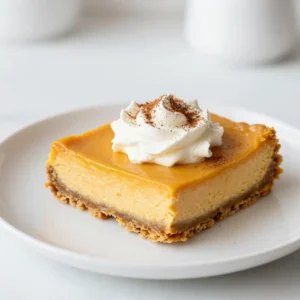 To make delicious pumpkin pie cheesecake bars, gather these simple ingredients: - 1 &frac12; cups graham cracker crumbs - &frac12; cup unsalted butter, melted - &frac14; cup granulated sugar (for crust) - 16 oz cream cheese, softened to room temperature - &frac34; cup granulated sugar (for cheesecake filling) - 2 large eggs, at room temperature - 1 teaspoon pure vanilla extract - 1 cup pumpkin puree (not pie filling) - 1 teaspoon ground cinnamon - &frac12; teaspoon ground nutmeg - &frac12; teaspoon ground ginger - &frac14; teaspoon salt - Whipped cream for serving (optional) Each ingredient plays a role in creating a rich and creamy treat. The graham cracker crumbs form a sweet and buttery crust. The cream cheese adds a nice creamy texture to the filling. Pumpkin puree gives that classic fall flavor. The blend of spices, like cinnamon and nutmeg, warms up the dish. You can customize these bars with optional toppings. Whipped cream adds a light touch. A sprinkle of cinnamon brings extra flavor and visual appeal. Enjoy the process of gathering these items; it makes the baking even more fun! {{ingredient_image_2}} 1. Preheat the Oven and Prepare the Baking Dish: Set your oven to 350&deg;F (175&deg;C). Line an 8x8 inch baking dish with parchment paper. This makes it easy to lift out the bars later. 2. Make the Graham Cracker Crust: In a medium bowl, mix 1 &frac12; cups of graham cracker crumbs, &frac12; cup of melted unsalted butter, and &frac14; cup of granulated sugar. Stir until it looks like wet sand. 3. Bake the Crust Until Golden: Press the crumb mixture into the bottom of the baking dish. Bake for about 10 minutes or until it's slightly golden. Let it cool for a bit. 1. Mix Cream Cheese and Sugar: In a large bowl, add 16 oz of softened cream cheese and &frac34; cup of granulated sugar. Use an electric mixer on medium speed until smooth and creamy for about 2-3 minutes. 2. Incorporate the Eggs and Vanilla: Add 2 large eggs one at a time. Mix on low speed after each one. Then add 1 teaspoon of pure vanilla extract and mix until blended. 3. Fold in Pumpkin Puree and Spices: In another bowl, mix 1 cup of pumpkin puree, 1 teaspoon of cinnamon, &frac12; teaspoon of nutmeg, &frac12; teaspoon of ginger, and &frac14; teaspoon of salt. Gently fold this into the cream cheese mix until no streaks remain. 1. Spread the Filling Over the Crust: Pour the pumpkin cheesecake filling over the cooled crust. Use a spatula to spread it evenly to the edges. 2. Bake the Bars to Perfection: Place the baking dish back in the oven. Bake for 40-45 minutes. The center may jiggle slightly, but it will firm up as it cools. 3. Cool and Refrigerate for Best Results: After baking, let it cool at room temperature. Then, cover and chill in the fridge for at least 4 hours, or overnight for best results. - Overmixing the filling: Mixing too much can cause air bubbles. This makes the cheesecake rise and crack. Mix until just combined for a smooth texture. - Not cooling properly before slicing: Letting the bars cool completely is key. If you slice too soon, they will fall apart. Chill them for at least four hours before cutting. - Garnishing ideas for visual appeal: A sprinkle of cinnamon or crushed pecans adds a nice touch. You can also drizzle caramel for extra sweetness. - Pairing with whipped cream or other toppings: Serve with whipped cream for creaminess. A scoop of vanilla ice cream can also complement the flavors wonderfully. - Essential kitchen tools for preparation: You will need a mixing bowl, electric mixer, and a spatula. A measuring cup and spoons are also important for accuracy. - Recommended baking dish size: An 8x8 inch baking dish works best for these bars. It allows them to bake evenly and fit perfectly for slicing. Pro Tips Cool Completely: Allow the cheesecake bars to cool completely at room temperature before refrigerating. This helps prevent condensation, ensuring a perfect texture. Room Temperature Ingredients: Make sure your cream cheese and eggs are at room temperature before mixing. This will ensure a smoother and creamier filling. Don't Overmix: When combining the pumpkin puree with the cream cheese mixture, mix just until combined. Overmixing can lead to cracks in the cheesecake as it bakes. Cut with Care: For clean slices, use a sharp knife dipped in warm water. Wipe the knife clean between cuts for perfectly shaped bars. {{image_4}} You can make your pumpkin pie cheesecake bars even better! - Adding chocolate or caramel swirls: Drizzle melted chocolate or caramel on top of the filling. Use a toothpick to swirl it gently. This adds sweetness and a fun look. - Incorporating nuts for texture: Chop some pecans or walnuts and fold them into the filling. They bring a crunchy bite that contrasts with the creamy cheesecake. You might want to change the recipe to fit your needs. - Gluten-free crust alternatives: Use almond flour or gluten-free graham cracker crumbs for the crust. This makes your bars friendly for gluten-free diets. - Vegan substitutions for cream cheese: Try using cashew cream or tofu blended to a smooth texture. This gives a similar creamy feel without dairy. Serving styles can make your bars more fun! - Miniature versions for parties: Use a mini muffin pan to bake smaller bars. They are perfect for parties and easy to grab. - Serving in individual cups: Layer the crust and filling in small cups. This way, everyone has their own serving, which is great for gatherings. To keep your pumpkin pie cheesecake bars fresh, refrigerate them. Use an airtight container. Wrap them in plastic wrap if you do not have a container. Make sure they stay cool and dry. For longer storage, you can freeze the bars. Cut them into squares before freezing. This way, you can grab one when you want a treat! Place parchment paper between layers to prevent sticking. In the fridge, your cheesecake bars last about five days. If you freeze them, they can last for two to three months. Look for signs of spoilage. If your bars smell sour or have a strange color, it&rsquo;s best to throw them away. If they develop a watery texture, they are past their prime. When you want to enjoy your bars again, you can reheat them. The best method is to let them sit at room temperature for about 30 minutes. This helps them warm up evenly. If you prefer, you can warm them in the oven. Set it to 300&deg;F (150&deg;C) and heat for about 10 minutes. This keeps the texture creamy and tasty. Avoid the microwave, as it can make them soggy. Can I make these bars ahead of time? Yes, you can make these bars a day or two ahead. Just chill them in the fridge. This helps the flavors blend nicely. What can I substitute for cream cheese? You can use Greek yogurt or silken tofu for a dairy-free option. Both will work well in this recipe. Do I have to use fresh pumpkin? No, you don&rsquo;t need fresh pumpkin. Canned pumpkin puree works great and saves time. Just make sure it is pure pumpkin, not pie filling. Why did my cheesecake bars crack? Cracks often happen from baking too long or at a high temperature. Keep an eye on them and bake until just set. How to fix an overly runny filling? If your filling is too runny, you can add more pumpkin or a bit of cornstarch. This will help thicken it up. Best ways to serve these bars I like to serve these bars chilled. Top them with whipped cream for a nice touch. A sprinkle of cinnamon adds flavor and looks lovely. Pairing suggestions for beverages or desserts These bars pair well with coffee or warm apple cider. You can also serve them with a scoop of vanilla ice cream for a special treat. We explored making delicious pumpkin cheesecake bars together, from selecting ingredients to baking. I shared tips to avoid common mistakes and offered storage advice. Remember, small tweaks can enhance flavors and textures. Feel free to get creative with variations! Whether for a party or cozy nights, these bars will bring joy. Enjoy your baking and share your creations with friends and family. Happy baking!