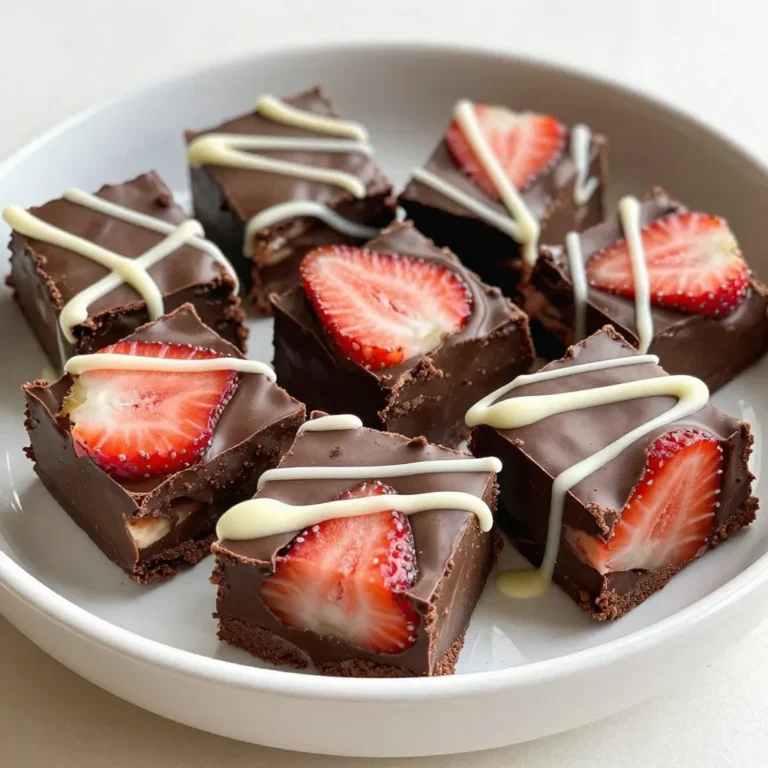 You need fresh strawberries for this fudge. Use about 2 cups of them. Make sure to wash them well and hull them. Slicing them helps spread their flavor in the fudge. Dark chocolate is the star of this recipe. You will need 2 cups of dark chocolate chips. They melt well and provide a rich taste. Combine these with 1 cup of sweetened condensed milk for a creamy texture. You will also need ½ cup of unsweetened cocoa powder. This adds depth to the chocolate flavor. A teaspoon of vanilla extract gives it a nice aroma. Don't forget a pinch of salt to balance the sweetness. Lastly, get ½ cup of white chocolate chips for drizzling on top. This makes the fudge look fancy and adds extra sweetness. {{ingredient_image_2}} First, take an 8x8 inch baking pan. Line it with parchment paper. Make sure to leave some paper hanging over the edges. This helps lift the fudge out later. It makes cutting easier too. Next, grab a medium saucepan. Add 2 cups of dark chocolate chips and 1 cup of sweetened condensed milk. Heat it over low heat. Stir the mixture often. Keep stirring until it is smooth and fully melted. This step is key for a creamy fudge texture. When the chocolate is melted, take it off the heat. Stir in ½ cup of unsweetened cocoa powder. Add 1 teaspoon of vanilla extract and a pinch of salt. Mix until everything is well combined. Now, gently fold in 2 cups of sliced strawberries. Make sure to distribute them evenly throughout the chocolate. This gives the fudge a fresh fruit burst. Pour the mixture into your prepared baking pan. Use a spatula to smooth the top. Let it cool for about 30 minutes at room temperature. Then, put it in the fridge for at least 2 hours. This will help the fudge set firm. Once set, lift the fudge out using the parchment paper. Place it on a cutting board and cut it into 16 squares. In a microwave-safe bowl, melt ½ cup of white chocolate chips. Heat them in 15-30 second intervals, stirring after each. Do this until the chocolate is smooth. Take a fork and drizzle the melted white chocolate over each square of fudge. Get creative with your patterns! Let it set before serving. Now, your fudge is ready to impress! To make your fudge shine, pick ripe strawberries. Look for bright red berries with no green spots. They should feel firm but not hard. Fresh strawberries give the best taste and texture. You want them juicy for that sweet burst in each bite! Melting chocolate is a key step. Use low heat to prevent burning. If you have a double boiler, it’s great for this. If not, a saucepan works too. Stir often until smooth. You want a glossy finish. Never rush this step; patience pays off with perfect fudge. If you have fudge left, store it well. Cut it into squares and place them in an airtight container. You can keep it at room temperature for a few days. For longer storage, put it in the fridge. Just remember to let it come to room temp before enjoying! Pro Tips Use Fresh Strawberries: For the best flavor and texture, choose ripe, fresh strawberries. They will enhance the taste of the fudge and provide a juicy contrast to the rich chocolate. Don’t Overheat the Chocolate: When melting the chocolate, keep the heat low and stir continuously. Overheating can cause the chocolate to seize, making it difficult to incorporate other ingredients. Chill Before Cutting: Allow the fudge to cool completely in the refrigerator before cutting. This helps it set properly, making it easier to slice into neat squares without crumbling. Experiment with Toppings: Feel free to get creative with the drizzle! You can use colored chocolate melts or add crushed nuts for an extra crunch and visual appeal. {{image_4}} You can change the fudge by using different types of chocolate. Try milk chocolate for a sweeter taste. White chocolate can make it creamier. You can mix chocolates too! Half dark and half milk gives a nice balance. Each type brings its own flavor to the fudge. Have fun with it! Adding nuts or other fruits can change the fudge's texture and flavor. Chopped walnuts or almonds add a nice crunch. You could also use raspberries or blueberries instead of strawberries. Just remember to chop larger fruits into smaller pieces. This ensures they mix well with the fudge. You can make this fudge vegan and dairy-free easily. Use coconut milk instead of sweetened condensed milk. Dark chocolate is often dairy-free, but check the label to be sure. You can also use dairy-free white chocolate for drizzling. This way, everyone can enjoy a tasty treat! You can keep the fudge at room temperature for up to two days. Place it in an airtight container. This way, it stays fresh and tasty. Avoid direct sunlight or heat. If you live in a warm area, it's best to refrigerate it. Refrigeration extends the fudge's life to about a week. Store it in an airtight container to prevent drying out. The cold helps keep the texture nice and firm. If you love cold treats, try it straight from the fridge! For longer storage, freeze the fudge. Cut it into squares first. Wrap each piece in plastic wrap, then place them in a freezer bag. It can last up to three months in the freezer. When you're ready to eat, let the fudge thaw in the fridge. Enjoy a delicious treat any time! Yes, you can use frozen strawberries. However, fresh strawberries taste better. If you use frozen ones, thaw them first. Drain any extra liquid. This helps keep the fudge from getting too watery. Chopped frozen strawberries work well, but they may be softer. Keep this in mind when mixing. The fudge lasts about one week when stored properly. Keep it in an airtight container. This helps keep it fresh and tasty. If you want to enjoy it longer, store it in the fridge. The cold helps extend its shelf life. You can also freeze it for up to three months. You can get creative with toppings! Try crushed nuts for crunch. Sprinkles add fun color. You can also use melted caramel for sweetness. Coconut flakes bring a tropical twist. Get creative and mix your favorite flavors. Just remember to enjoy your fudge! This article covered how to create tasty fudge with fresh strawberries and chocolate. I shared the best ingredients, clear steps, and helpful tips. The variations let you get creative with flavors and textures. Storing your fudge correctly ensures it stays fresh longer. Remember, making fudge is fun and easy. Try different options to make it your own. You can impress your friends and family with this treat. Enjoy your delicious creation!