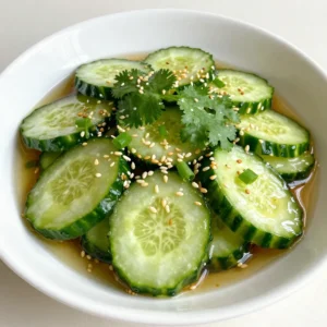 - 2 large cucumbers, thinly sliced - 1 tablespoon kosher salt - 2 tablespoons sesame oil - 1 tablespoon rice vinegar - 1 tablespoon soy sauce - 1 teaspoon chili garlic sauce (or to taste) - 1 tablespoon honey or agave syrup - 1 tablespoon toasted sesame seeds - 2 green onions, finely sliced - Fresh cilantro leaves, for garnish You can swap cucumbers for zucchini if you want a different taste. Use tamari instead of soy sauce for a gluten-free option. If you want it sweeter, swap honey for maple syrup. Adjust the chili garlic sauce based on your spice level. Cucumbers are the main star in this salad. They provide a fresh crunch. Kosher salt helps draw out moisture, keeping the salad crisp. Sesame oil adds a rich, nutty flavor. Rice vinegar gives a tangy taste. Soy sauce brings umami depth. Chili garlic sauce adds heat and flavor, while honey or agave syrup balances it out. Toasted sesame seeds add a lovely crunch, and green onions provide brightness. Lastly, fresh cilantro brings a herbaceous flair that elevates the dish. {{ingredient_image_2}} Start by slicing the cucumbers thinly. This helps them absorb the flavors well. Place the slices in a large bowl. Sprinkle the kosher salt over them. Let the cucumbers rest for 15 minutes. This step draws out excess water, making the salad crisp. After 15 minutes, you will see water at the bottom of the bowl. Carefully drain this water. Use a paper towel to pat the cucumbers dry. This extra step keeps your salad fresh and crunchy. In a small bowl, mix the sesame oil, rice vinegar, soy sauce, chili garlic sauce, and honey or agave syrup. Use a whisk to blend these ingredients well. This dressing adds a great kick to your salad. If you like it spicier, you can add more chili garlic sauce. Always taste the dressing before adding it to the cucumbers. Drizzle the dressing over the cucumbers in the large bowl. Toss the cucumbers gently to coat them evenly. Next, add the toasted sesame seeds and green onions. Toss again to combine everything without damaging the cucumbers. For the best flavor, let the salad sit in the fridge for 10 minutes. This helps the flavors meld together. When ready, serve the salad in bowls. Top with fresh cilantro leaves for a pop of color and taste. Enjoy this crunchy and tasty dish! To make your salad spicier, use more chili garlic sauce. Start with one teaspoon. Taste, then add more if you want heat. If it&rsquo;s too spicy, add more cucumbers or honey to balance it out. To keep your salad crisp, always salt the cucumbers first. Let them sit for 15 minutes. This draws out excess water. After that, drain and pat them dry. This step is key for a crunchy bite. Marinate the salad for just 10 minutes. This allows the flavors to blend well. Don't let it sit too long, or the cucumbers will soften. Toss the salad gently to avoid bruising. Enjoy the bright, fresh taste! Pro Tips Use Persian Cucumbers: Persian cucumbers are smaller, thinner-skinned, and less bitter than regular cucumbers, making them perfect for salads. Adjust Spice Levels: If you're sensitive to heat, start with a smaller amount of chili garlic sauce and gradually increase it to your taste. Marinate for Best Flavor: Letting the salad sit for at least 10 minutes before serving enhances the flavors, making it even more delicious. Garnish with Fresh Herbs: Cilantro adds freshness, but you can also try mint or basil for a different flavor profile. {{image_4}} You can make this salad heartier by adding protein. Grilled chicken or shrimp works well. Tofu is a great choice for a vegetarian option. Simply cube the tofu and pan-fry until golden. Add the protein right before serving for a fresh taste. If you want to change the dressing, try using peanut sauce instead. It adds a rich, nutty flavor. You can also mix lime juice with sesame oil for a zesty twist. Experimenting with different dressings keeps the salad exciting and new. In summer, add ripe cherry tomatoes for a burst of sweetness. In fall, consider sliced radishes for extra crunch. You can also toss in bell peppers for color and flavor. Seasonal ingredients keep your salad fresh and vibrant all year round. To keep your Spicy Sesame Cucumber Salad fresh, store it in an airtight container. This helps lock in flavor and crispness. Make sure to use a container that fits snugly. If you have extra dressing, store it separately. This way, you can add it just before serving. When stored properly, your salad will last about 2 to 3 days in the fridge. You may notice the cucumbers get softer over time. To enjoy the best texture, eat it within the first couple of days. If it starts to look watery, it&rsquo;s best to toss it. I do not recommend freezing this salad. The cucumbers lose their crispness when frozen. The texture will change once thawed, making it less enjoyable. Instead, make just enough for your meals and savor it fresh! Yes, you can use other types of cucumbers. Persian or English cucumbers work well. They are crisp and have fewer seeds. If you use regular cucumbers, just peel them. You want a good crunch in your salad. Yes, this salad is gluten-free. Just use gluten-free soy sauce. Most brands offer a gluten-free option. This way, you can enjoy the flavors without worry. You can serve this salad with many dishes. It pairs well with grilled chicken or fish. Try it with rice or noodles for a full meal. It also makes a great side for BBQs or picnics. Enjoy it with friends and family! This blog post covered how to make a tasty Spicy Sesame Cucumber Salad. We began with a detailed list of ingredients, including substitutes and key components. Next, we explored step-by-step instructions to prepare the salad, mix the dressing, and combine everything for the best flavor. I shared helpful tips to adjust spice levels and keep the salad crisp. We also discussed variations for extra protein and seasonal touches. Lastly, I provided storage tips to keep leftovers fresh. Try making this salad at home. It's easy, flavorful, and perfect for any meal.