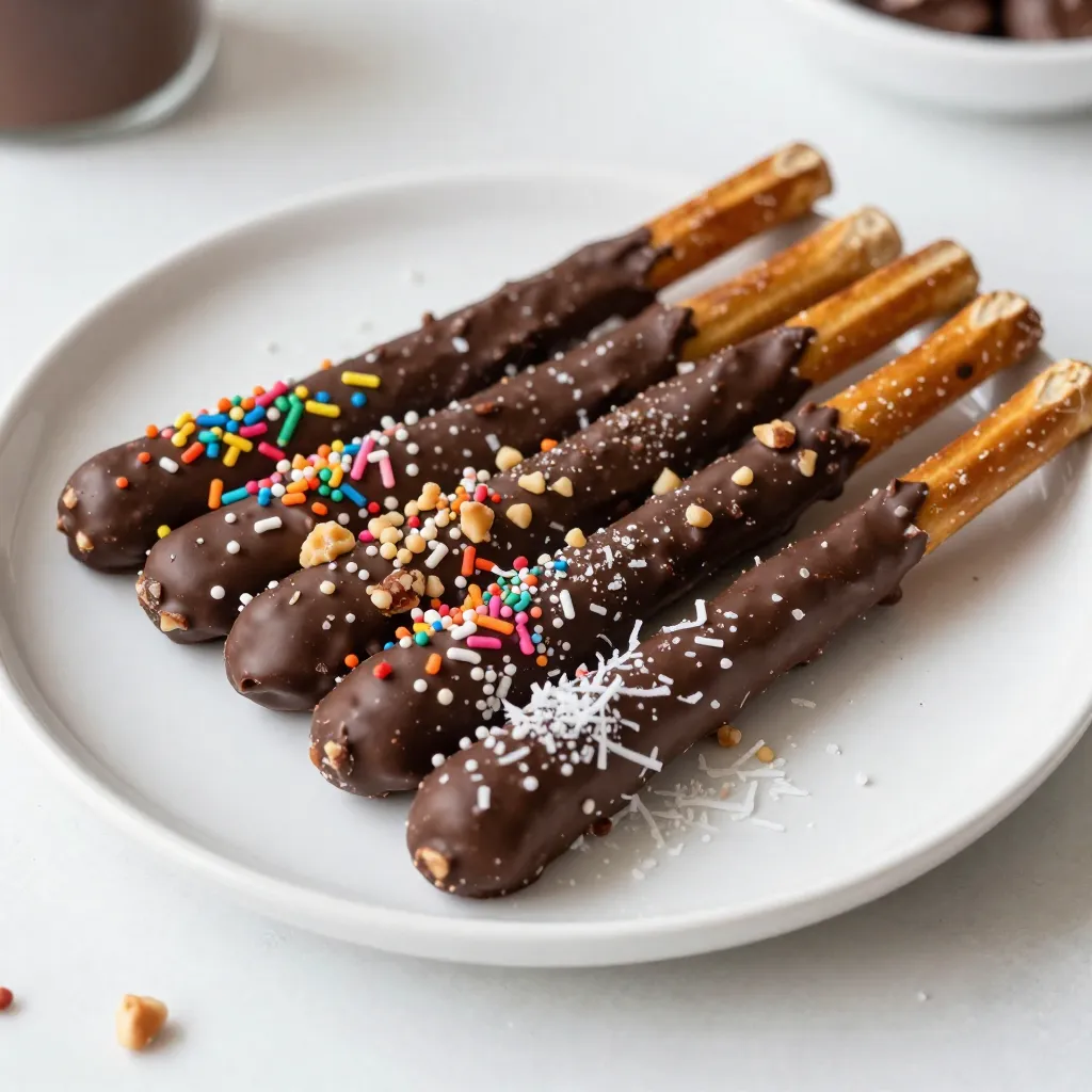 To make chocolate dipped pretzel rods, you need a few key ingredients. Here’s what you will need: - 12-15 pretzel rods - 1 cup semi-sweet chocolate chips - 1 tablespoon coconut oil - 1/2 cup assorted toppings (like crushed nuts, vibrant sprinkles, shredded coconut, or festive crushed candy canes) - Sea salt (for sprinkling, optional) These simple ingredients come together to create a fun and tasty treat. The pretzel rods provide a nice crunch, while the chocolate adds sweetness. The toppings let you be creative, making each pretzel unique. You can mix and match toppings to fit any occasion or taste. {{ingredient_image_2}} - Setup: Lining the baking sheet Start by lining a baking sheet with parchment paper. This helps the pretzel rods cool without sticking. It’s a simple step, but it makes a big difference. - Melting the chocolate: Microwave method In a microwave-safe bowl, add 1 cup of semi-sweet chocolate chips and 1 tablespoon of coconut oil. Heat this mixture in the microwave. Do it in 30-second bursts. Stir well after each time. Keep heating until the chocolate is smooth. Be careful not to overheat; burnt chocolate is no good! - Dipping the pretzel rods: Technique for even coating Take a pretzel rod and hold it by one end. Dip it into the melted chocolate. Twist the rod gently as you dip to cover it evenly. Tap the rod to let excess chocolate drip back into the bowl. This keeps your coating thick and neat. - Adding toppings: Creative options While the chocolate is still warm, roll the pretzel rod in your favorite toppings. You can use crushed nuts, colorful sprinkles, or shredded coconut. This is where you can get creative! Mix and match toppings to make each rod unique. - Setting the rods: Cooling process Place the decorated pretzel rods on your lined baking sheet. If you like, sprinkle a little sea salt on top for a nice sweet and salty taste. - Serving suggestions: Presentation ideas After decorating, put the baking sheet in the fridge for about 30 minutes. This helps the chocolate harden. Once set, your chocolate-dipped pretzel rods are ready to enjoy! They look great on a platter for parties or as a fun snack. 1. Avoiding overheating: When melting chocolate, heat it slowly. Use a microwave-safe bowl. Microwave the chocolate in 30-second bursts. Stir after each time to check. This helps keep the heat even. Stop when it is almost melted, then stir until smooth. 2. Ensuring a smooth consistency: Adding a bit of coconut oil helps. It makes the chocolate creamier. Use about one tablespoon for one cup of chocolate. This keeps your chocolate silky and easy to dip. 1. Creative combinations for different occasions: You can use many toppings. Try crushed nuts for crunch. Sprinkles add color and fun. Shredded coconut gives a tropical twist. For a seasonal touch, crushed candy canes work great for winter holidays. 2. Seasonal and festive ideas: Think outside the box! Use colored sprinkles for birthdays. For Halloween, consider orange and black toppings. At Christmas, you can use red and green candies for a festive look. 1. How to serve at parties: Arrange your pretzel rods on a nice platter. Mix different toppings for a fun display. Create a candy bar where guests can choose their toppings. This encourages creativity and interaction. 2. Wrap ideas for gifts: For gifts, wrap pretzel rods in clear cellophane. Use colorful ribbons to tie the ends. You can also place them in jars for a charming look. This makes a sweet treat perfect for any occasion. Pro Tips Use Quality Chocolate: Opt for high-quality semi-sweet chocolate chips to ensure a smooth melt and rich flavor. The better the chocolate, the tastier your pretzel rods will be! Experiment with Toppings: Don’t hesitate to mix and match your toppings! Try adding crushed cookies, mini marshmallows, or even spices for a unique twist on flavor. Work Quickly: When dipping the pretzel rods, work swiftly to avoid the chocolate setting before you can add your toppings. If needed, reheat the chocolate briefly to maintain its melting consistency. Store Properly: To keep your chocolate-dipped pretzel rods fresh, store them in an airtight container in a cool, dry place. This will help maintain their crunchiness and flavor. {{image_4}} You can use different types of chocolate for your pretzel rods. White chocolate gives a sweet, creamy flavor. It contrasts nicely with the salty pretzel. Dark chocolate offers a rich taste that many love. Both make a fun treat. You might also try flavor-infused chocolates. Some options include mint chocolate or orange chocolate. These can add a unique twist to your pretzel rods. The toppings you choose can change the taste and look of your pretzel rods. For savory options, consider cheese or herbs. They add a nice twist to the sweet chocolate. You can sprinkle some grated cheese or fresh herbs on top. For sweet options, use dried fruits or candies. Chopped dried apricots or gummy bears can add color and flavor. Mix and match toppings for a fun surprise in every bite! You can create themed pretzel rods for any occasion. For holidays, think about using festive colors and shapes. For Christmas, use red and green sprinkles. For Halloween, try orange and black toppings. You can even make color-themed pretzel rods for events like birthdays or sports. Match the colors to create a fun treat that fits the theme perfectly! To keep your chocolate-dipped pretzel rods fresh, use an airtight container. This will block moisture and keep them crisp. Avoid leaving them in open storage as it can lead to sogginess. Store your pretzel rods at room temperature. They do well in a cool, dry spot away from sunlight. Do not refrigerate them unless it's very humid. Cold can make the chocolate dull and might change its texture. Chocolate-dipped pretzel rods last about two weeks if stored properly. To maintain their freshness, keep them sealed tightly. Check for any signs of moisture or chocolate bloom, which is a white film. If you see this, it’s still safe to eat, but they may not taste as good. If you want to re-melt chocolate for dipping, do it slowly. Use a microwave on low power, heating in short bursts. Stir often to avoid burning. You can also use a double boiler for more control. This method provides even heat and helps keep the chocolate smooth. Yes! You can make chocolate-dipped pretzel rods ahead of time. Here are some tips: - Prep Early: You can dip the pretzel rods a day or two before you need them. - Store Properly: Keep them in an airtight container to prevent them from getting stale. - Chill Them: After dipping, put them in the fridge to set the chocolate quickly. If your chocolate sets too quickly, don’t worry! Here are some easy fixes: - Reheat Carefully: If the chocolate gets thick, microwave it in short bursts. Just 10-15 seconds should do. - Add Coconut Oil: Stir in a bit of coconut oil to make the chocolate smoother and easier to work with. - Keep It Warm: Try using a warm water bath to keep your chocolate melted while you dip. If you prefer to buy them, here are some great places: - Local Stores: Check your nearby grocery stores. They often have a snack aisle with these treats. - Specialty Shops: Stores that focus on sweets might have unique flavors or designs. - Online Retailers: Websites like Amazon or specialty food sites offer many options for delivery. These tips will help you enjoy the fun of chocolate-dipped pretzel rods, whether you make them or buy them! This article covered how to make delicious chocolate-dipped pretzel rods. We discussed ingredients, techniques, and topping ideas. You learned how to prepare, decorate, and serve these treats for any occasion. Remember to store them in airtight containers for freshness. With creative variations and tips, you can impress friends and family. Enjoy making these tasty snacks while exploring your unique flavors. Dive into your next snack adventure with confidence!