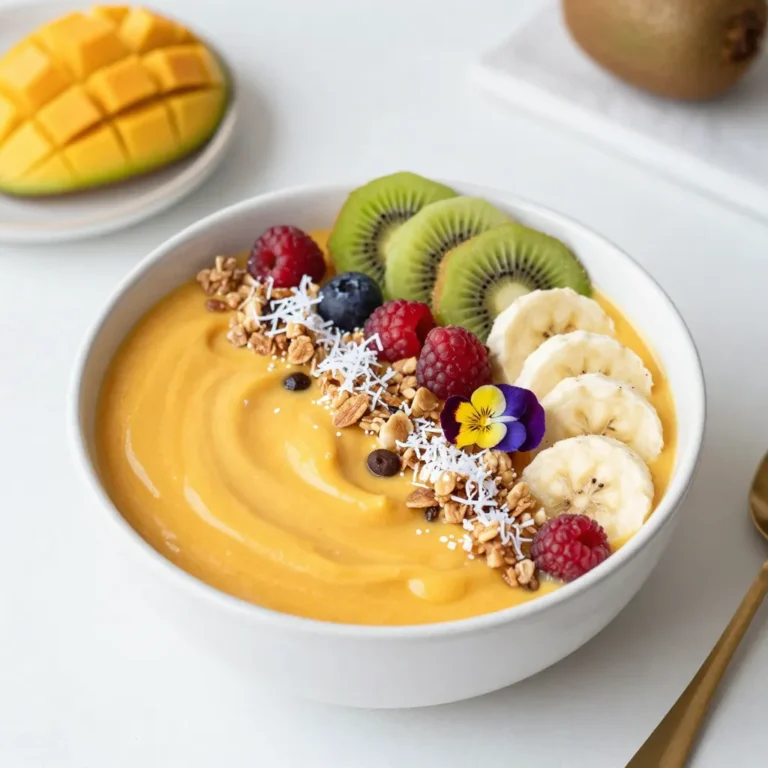 To make a Tropical Sunrise Smoothie Bowl, gather these main ingredients: - 1 cup frozen mango chunks - 1 ripe banana - 1/2 cup coconut milk (or your preferred milk) - 1/2 cup freshly squeezed orange juice - 1/4 cup Greek yogurt (optional for added creaminess) - 1 tablespoon chia seeds These ingredients work together to create a sweet and creamy base. The frozen mango adds a nice chill, while the ripe banana brings natural sweetness. Coconut milk gives it a rich texture, and orange juice brightens the flavor. Chia seeds add a boost of fiber and omega-3s. You can switch things up with these optional ingredients: - Spinach or kale for extra greens - Pineapple chunks for more tropical taste - Almond milk or oat milk as dairy-free options - Protein powder for an energy boost Feel free to mix and match these options. Adding greens keeps the smoothie bowl bright and fresh. Using a different milk can change the flavor, too. The goal is to make it your own! Toppings not only make the bowl pretty, but they also add flavor and texture. Here are some great options: - Sliced kiwi - Shredded coconut - Granola - An assortment of fresh berries - Optional edible flowers for decoration Layer the toppings on top of your smoothie. Start with sliced kiwi for a pop of green. Fresh berries add color and sweetness, while granola gives crunch. Edible flowers can make your bowl look like art. Enjoy every bite! {{ingredient_image_2}} To start, gather all your ingredients. You will need: - 1 cup frozen mango chunks - 1 ripe banana - 1/2 cup coconut milk (or your preferred milk) - 1/2 cup freshly squeezed orange juice - 1/4 cup Greek yogurt (optional for added creaminess) - 1 tablespoon chia seeds In a high-powered blender, add the frozen mango chunks and ripe banana. Then, pour in the coconut milk and freshly squeezed orange juice. If you want a creamier base, add Greek yogurt. Finally, sprinkle in the chia seeds. This mix creates a great tropical flavor. Blend the mixture on high speed. You want it to be smooth and creamy. If it’s too thick, add a little more coconut milk. Stop the blender a few times to scrape down the sides. This ensures everything blends evenly. Aim for a silky texture. This makes your smoothie bowl feel light and fluffy. Once your smoothie is ready, pour it into a serving bowl. Use a flat spoon to make the surface smooth. Now comes the fun part: adding toppings! Start with sliced kiwi and fresh berries. Sprinkle shredded coconut and granola on top for a nice crunch. For a special touch, place edible flowers on the bowl. They not only look pretty but also add a unique taste. Serve the bowl right away and enjoy the burst of tropical flavors! To get a creamy smoothie bowl, start with frozen mango chunks. They add thickness and chill. Use half a cup of coconut milk for a rich base. If your blend gets too thick, add more coconut milk bit by bit. Blend on high speed to break down chunks. Scrape down the sides of the blender for an even mix. Adding Greek yogurt makes it even creamier, so consider that option! You can change the flavor of your smoothie bowl easily. Swap mango for pineapple or papaya for a new twist. If you want a different milk, try almond or oat milk. For extra nutrition, add spinach or kale. You can also mix in protein powder for a boost. Get creative with your toppings; try nuts, seeds, or different fruits to suit your taste! Serve your Tropical Sunrise Smoothie Bowl with a side of whole-grain toast. This combo gives you fiber and energy for the day. A light herbal tea pairs well too. If you like a crunch, serve with a handful of nuts. You can also enjoy it as a refreshing snack or dessert. Create a smoothie bowl bar for guests, letting them choose their own toppings! Pro Tips Choose Ripe Fruits: Selecting ripe bananas and mangoes will enhance the natural sweetness and flavor of your smoothie bowl. Experiment with Milk Alternatives: Feel free to substitute coconut milk with almond, oat, or soy milk for different flavor profiles and textures. Chill Your Bowl: For an extra refreshing experience, refrigerate your serving bowl prior to preparation to keep your smoothie cooler for longer. Layer Your Toppings: For an appealing look, layer your toppings starting with heavier items like granola, followed by lighter options such as berries and edible flowers. {{image_4}} You can switch up the fruits in your Tropical Sunrise Smoothie Bowl. Try using frozen pineapple or strawberries instead of mango. Both fruits add sweetness and a bright color. You might also mix in some blueberries for a fun twist. Each fruit gives a different taste. This makes your smoothie bowl unique every time. If you want a vegan or dairy-free bowl, use coconut yogurt. This keeps the creamy texture but skips dairy. For milk, stick with coconut milk or almond milk. Both options blend well and taste great. You can still enjoy this smoothie bowl while keeping it plant-based. Change your smoothie bowl with the seasons. In winter, add spices like cinnamon or nutmeg. These warm flavors make it cozy. During summer, use fresh fruits like peaches or berries. They add a refreshing taste. You can also add greens for a nutrient boost. Spinach or kale works well without changing the flavor much. Each season brings new ways to enjoy this delicious treat. If you have leftover Tropical Sunrise Smoothie Bowl, store it in an airtight container. This keeps it fresh. Place it in the fridge and enjoy it within one day. The yogurt can spoil quickly, so eat it soon. You can freeze extra smoothie base for later. Pour it into ice cube trays. Once frozen, transfer the cubes to a bag. This makes it easy to grab and blend on busy mornings. Just remember to use them within three months for best taste. For thawing, take the frozen smoothie cubes out the night before. Place them in the fridge to defrost. In the morning, blend the cubes with a bit of fresh coconut milk. This brings back that creamy texture. Enjoy a quick and tasty breakfast! A smoothie bowl is a thicker version of a regular smoothie. You blend fruits, milk, and sometimes yogurt to make a creamy mix. Then, you pour it into a bowl and add toppings. It’s a fun, tasty way to enjoy breakfast or a snack. You can use many fruits and toppings, making it very versatile. The colors and textures make it look beautiful and inviting. Yes, you can prep this smoothie bowl ahead of time. Blend the smoothie base and store it in the fridge. Keep it in a sealed container for up to 24 hours. When you're ready to eat, add your toppings fresh. This keeps them crunchy and colorful. If you want to save time, prep the toppings too. Just keep them separate until you serve. If you lack an ingredient, don't worry! You can swap or skip items. For example, if you don’t have mango, try using pineapple or peaches. Any frozen fruit works well. If you don’t have coconut milk, use almond milk or regular milk. Greek yogurt adds creaminess, but you can skip it if you want a dairy-free option. The key is to keep it fun and tasty! To boost nutrition, add more toppings. Try nuts, seeds, or fresh spinach. Chia seeds are great for fiber and omega-3s. You can also mix in protein powder for an extra protein punch. Using fresh fruits instead of frozen can add more vitamins. Just remember to keep the flavors balanced to make it enjoyable! In this blog post, we explored how to create a delicious smoothie bowl. We covered essential ingredients, easy steps for blending, and tips for the best texture. You learned about toppings, storage, and several tasty variations, too. Smoothie bowls are fun and healthy. They fit any taste and season. Try different fruits and add your own twist. You'll enjoy the process and the tasty results. Dive in and make your perfect smoothie bowl today!