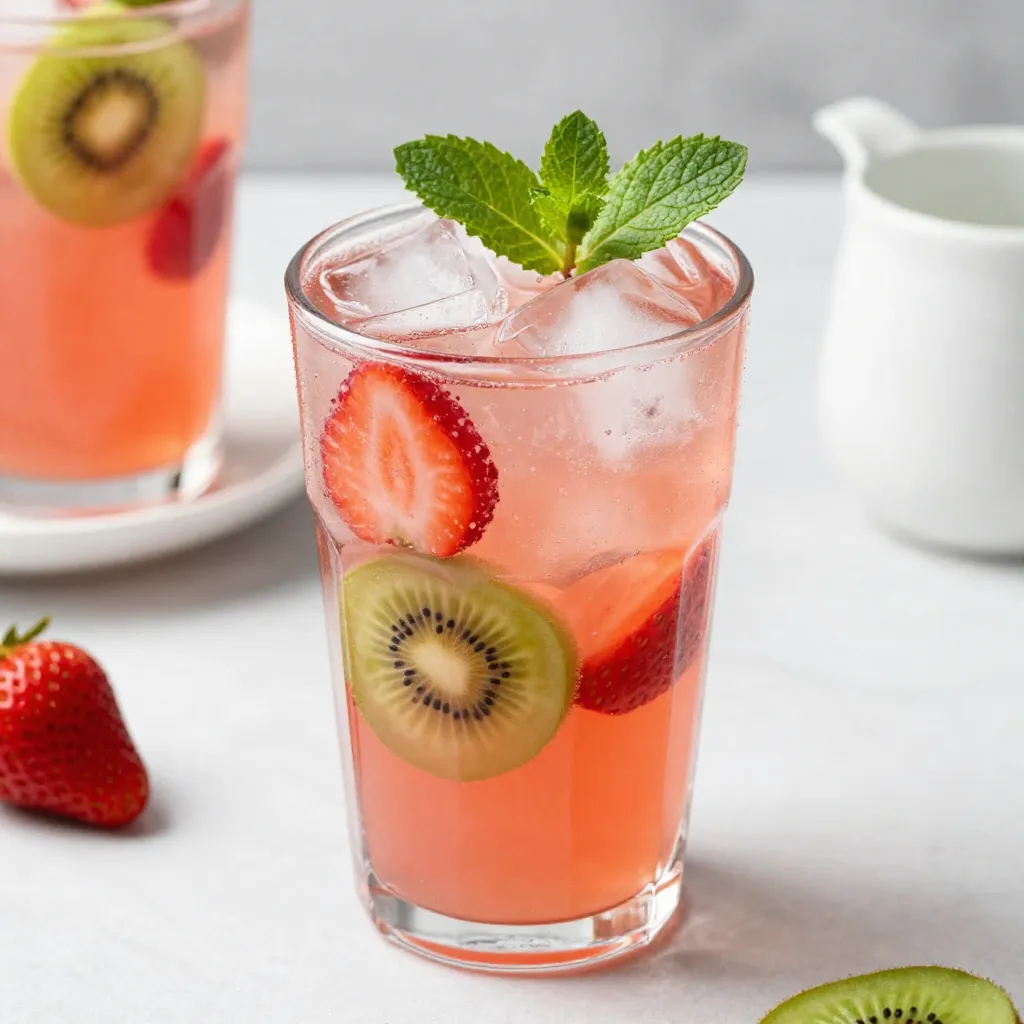 - 1 cup strawberries, hulled and thinly sliced - 2 ripe kiwis, peeled and roughly chopped - 1 cup freshly squeezed lemon juice (about 4-6 lemons) - 1/2 cup honey or agave syrup (adjust to taste) - 4 cups cold water - Ice cubes - Fresh mint leaves, for garnish You can add more flavor to your drink. Here are some fun ideas: - Lemon slices for a zesty look - Additional berries like blueberries or raspberries - A splash of sparkling water for fizz Strawberries are full of vitamin C and antioxidants. They help boost your immune system. Kiwis are rich in vitamins C and K. They aid digestion and promote healthy skin. Lemon juice is great for hydration and detoxifying. It can help freshen your breath. Honey or agave syrup adds natural sweetness and has antibacterial properties. Mint leaves not only add flavor but also help with digestion and freshen your breath. Using these ingredients, you create a drink that is not only tasty but also good for you! {{ingredient_image_2}} First, gather your ingredients. You need strawberries, kiwis, lemons, honey or agave syrup, and water. Start by slicing the strawberries. Hull them first, then cut them thin. Next, take the kiwis and peel them. Chop them into rough pieces. Now, put the sliced strawberries and chopped kiwis into a blender. Blend this mix on high speed for about 30 seconds. You want it smooth. After blending, grab a large pitcher. Pour the fruit mix through a fine mesh sieve. Use a spatula or the back of a spoon to help push the juice through. This step removes the pulp and seeds. Discard the solids left in the sieve. Once you have the juice in your pitcher, add the fresh lemon juice. Squeeze about 4 to 6 lemons for one cup of juice. Add your honey or agave syrup next. Stir the mix well until the sweetener dissolves completely. Blending the fruit well is key. A smooth blend makes for a better drink. The straining process helps you avoid pulp. It gives your lemonade a nice, clean look. When pressing the juice through, be firm but gentle. This helps you get every drop. If you find the mixture too thick, add a bit of water to make it easier to strain. Make sure you capture all that fruity goodness! Taste your lemonade after mixing. If it’s not sweet enough, add more honey or agave syrup. Add a little at a time. Stir well after each addition. This lets you find the perfect sweetness for your taste. If you want a less sweet drink, use less sweetener. Remember, the fresh lemon juice can be tart. Adjusting the sweetness balances the flavors. Enjoy experimenting to find what you love! To make your strawberry kiwi lemonade pop, use fresh fruit. Fresh strawberries and ripe kiwis give the best taste. Blend the fruits until smooth; this helps capture all their flavors. Straining the juice removes seeds and pulp, making it smooth. Adding fresh lemon juice brightens the drink. Taste and adjust sweetness with honey or agave syrup. You can add a splash of sparkling water for a fizzy twist. Store your lemonade in a sealed pitcher in the fridge. This keeps it cold and fresh. If you have leftovers, skip adding ice to the pitcher. Ice can water down the drink. Instead, add ice to each glass just before pouring. Your lemonade will taste great for up to three days. Check for any off smells or changes in color before drinking. For a fun gathering, serve the lemonade in a large glass pitcher. Fill glasses with ice and pour the drink over it. Garnish each glass with mint for a lovely touch. You can even add some sliced fruit to the glasses for a pop of color. Consider making a big batch for parties. Strawberry kiwi lemonade is a hit and keeps everyone refreshed. Pro Tips Use Fresh Ingredients: Always opt for fresh strawberries and kiwis for the best flavor. Overripe or under-ripe fruits can affect the taste of your lemonade. Adjust Sweetness to Taste: Honey and agave syrup can vary in sweetness. Start with the recommended amount, then taste and adjust as needed for your preference. Chill Before Serving: Letting the lemonade chill in the refrigerator for at least 30 minutes allows the flavors to meld, resulting in a more refreshing drink. Garnish for Appeal: Adding mint leaves not only enhances the aroma but also adds a vibrant color contrast, making your lemonade visually appealing. {{image_4}} You can mix up your strawberry kiwi lemonade by adding other fruits. Try blending in some raspberries or blackberries for a tart twist. Peaches can add a lovely sweetness. You can also use mango for a tropical feel. Just remember to keep the balance of flavors. The goal is to enhance, not overpower, the lemonade. For a fun, adult twist, consider making a cocktail version of this lemonade. You can add vodka or rum to the mix. Start with 1-2 ounces per glass. This addition makes it a great party drink. Serve it in a chilled glass with ice and a mint garnish for style. Always drink responsibly and know your limits. If you want a lighter drink, you can still enjoy this lemonade. Use stevia or monk fruit instead of honey or agave syrup. These sweeteners have fewer calories but still provide sweetness. You can also use sparkling water instead of still for a fizzy treat. This way, you get all the flavor without the extra sugar. To store leftover strawberry kiwi lemonade, pour it into a clean pitcher or bottle. Make sure to seal it tightly to keep out air. This helps retain the flavor. Place the lemonade in the fridge right away. Always chill it before serving again. The best containers for storing lemonade are glass or plastic bottles. Glass keeps the flavor fresh and does not absorb odors. Plastic containers with tight lids also work well. Avoid metal containers, as they can change the taste of the drink. Homemade strawberry kiwi lemonade lasts about 3 to 5 days in the fridge. Check for signs of spoilage. If you see any floating bits or a strange smell, it’s time to toss it. Always taste it before serving. If it tastes off, do not drink it. To make your Strawberry Kiwi Lemonade sweeter, you can add more honey or agave syrup. Start with a small amount and mix well. Taste it after each addition. This way, you find the right balance for your palate. Remember, fresh fruit also adds natural sweetness. If you like it extra sweet, consider adding a splash of simple syrup. Yes, you can use frozen fruit in this recipe! Frozen strawberries and kiwis work well. They blend smoothly and chill the drink faster. Just make sure to let them thaw a bit before blending. This helps achieve a smoother texture. Keep in mind that frozen fruit may make the drink less vibrant in color. If you want alternatives to honey or agave syrup, try maple syrup or stevia. Maple syrup adds a nice flavor, while stevia is a zero-calorie option. You can also use coconut sugar or brown sugar for a different taste. Just remember to taste as you go, adjusting the sweetness until it’s right for you. You’ve learned how to create the perfect Strawberry Kiwi Lemonade. We covered key ingredients, steps to make it, and tasty tips. You now know how to enhance flavor and store leftovers. Plus, I shared fun variations to keep it fresh. Enjoy this refreshing drink at your next gathering or solo. With these tips, you can impress friends and family alike. Make it your own and savor every sip!