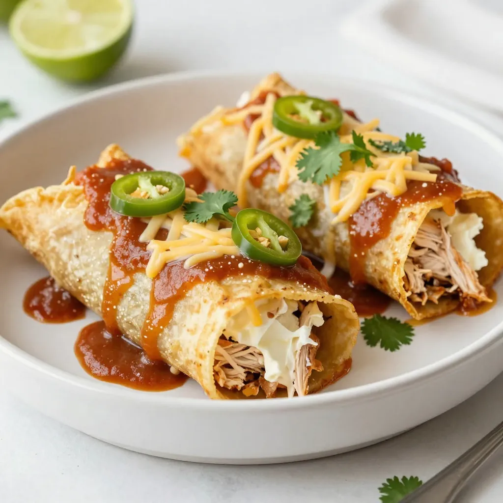 - 2 cups cooked chicken, shredded - 1 cup cream cheese, softened - 1 cup shredded cheese (cheddar or Monterey Jack) - 1/2 cup honey (raw for richer flavor) - 1/4 cup fresh lime juice (about 2 limes) - 2 teaspoons fresh lime zest - 1 teaspoon ground cumin - 8 flour tortillas (medium-sized) - 1 cup enchilada sauce (store-bought or homemade) - Fresh cilantro, chopped - Sliced jalapeños Choosing the right chicken Use cooked chicken for quick prep. Shred it yourself for better texture. You can also use rotisserie chicken to save time. Best cheese options for flavor Cheddar gives a strong taste. Monterey Jack melts well and adds creaminess. Mixing both can create a delightful balance. Importance of fresh lime juice Fresh lime juice adds bright flavor. Bottled juice lacks the freshness needed for this dish. Always use fresh for the best taste. {{ingredient_image_2}} - Preheat your oven to 350°F (175°C). This helps the enchiladas bake evenly. - Gather all your ingredients. You will need cooked chicken, cream cheese, shredded cheese, honey, lime juice, lime zest, cumin, tortillas, and enchilada sauce. To prepare the chicken mixture, take a large bowl. Add the shredded chicken, softened cream cheese, half of the shredded cheese, honey, lime juice, lime zest, and cumin. Mix these ingredients well with a fork or spatula. Aim for a creamy and smooth texture. Warming the tortillas makes them easy to roll. You can use a skillet or microwave. Heat each tortilla for 10-15 seconds on each side in a skillet or 15-20 seconds in the microwave. Now, fill and roll the tortillas. Take a warm tortilla and spoon about 1/4 cup of the chicken mixture into the center. Roll it tightly from one end to the other. Place the rolled tortilla seam-side down in a greased 9x13 inch baking dish. Repeat this step with all the tortillas. Next, pour the enchilada sauce over the rolled tortillas. Make sure each enchilada is well-coated with sauce. Sprinkle the remaining shredded cheese over the top. This will create a gooey and melty topping. Place the dish in your preheated oven. Bake for 25-30 minutes. Look for the cheese to be melted and bubbling at the edges. After baking, carefully remove the dish from the oven. Let the enchiladas cool for a few minutes. This helps them firm up for serving. Garnish with fresh cilantro and add sliced jalapeños if you like some heat. Enjoy your meal! - Ensuring crispy yet tender tortillas: Warm the tortillas briefly. You can use a skillet or microwave. This softens them, making them easy to roll. If you skip this step, the tortillas may crack. - Secrets for gooey cheese topping: Use a blend of cheeses. Cheddar and Monterey Jack work well together. Layer the cheese on top before baking. This helps create a rich, gooey texture. - What to do if enchiladas are too dry: If your enchiladas are dry, add more sauce. Pour extra enchilada sauce over them before baking. This keeps them moist and flavorful. - Fixing broken or torn tortillas during rolling: If a tortilla tears, use it as a bottom layer in the baking dish. Fill another tortilla with the same mixture and roll it up. Don’t let one tear ruin your dish! - Adding spices for extra flavor: Consider adding chili powder or smoked paprika. These spices give your enchiladas a nice kick. Mix them into the chicken mixture for full flavor. - Using homemade vs. store-bought enchilada sauce: Homemade sauce allows for more control over taste. You can adjust spiciness and sweetness. Store-bought is quick and easy, especially on busy nights. Choose what fits your schedule best. Pro Tips Use Fresh Ingredients: Opt for fresh limes and high-quality honey to elevate the flavor of your enchiladas. Customize Your Heat: Adjust the amount of jalapeños or add a sprinkle of chili powder to the filling for a spicier kick. Make It Ahead: Prepare the chicken filling and assemble the enchiladas a day in advance, then bake just before serving. Experiment with Cheeses: Try blending different cheeses like pepper jack or feta for a unique flavor profile. {{image_4}} For a creamy base, you can swap out cream cheese. Use Greek yogurt or cottage cheese instead. Both options add creaminess with less fat. If you need gluten-free tortillas, pick corn tortillas. They work well and add a nice flavor. You can also find gluten-free flour tortillas in stores. To spice things up, add diced jalapeños to the chicken mix. You can also use a spicy enchilada sauce. This will give your dish a bold kick. For a vegetarian option, replace chicken with black beans or lentils. Add diced bell peppers and corn for color and crunch. This makes each bite tasty and satisfying. Pair these enchiladas with a fresh side salad. A simple mix of greens, tomatoes, and avocado works great. You can also serve them with rice and beans for a complete meal. For dips, try guacamole or sour cream. A zesty salsa adds more flavor, too. These dips complement the enchiladas and make your meal even better. To keep your leftover enchiladas fresh, place them in an airtight container. This helps to lock in flavor. You can store them in the fridge for up to three days. If you want to keep them longer, freezing is a great option. Use a freezer-safe container or wrap them tightly in plastic wrap. Label the container with the date so you know when to use them. When it’s time to enjoy your enchiladas again, keep them moist while reheating. The oven is best for this. Preheat your oven to 350°F (175°C). Place the enchiladas in an oven-safe dish and cover them with foil. This will help steam them, keeping them soft. Bake for about 15-20 minutes. You can also use the microwave, but be careful. Heat them in short bursts to avoid drying them out. You can freeze enchiladas before or after baking. If freezing before baking, prepare them completely and then wrap them well. Label them with the date for easy tracking. When you’re ready to eat, you can bake them straight from the freezer. Just add an extra 10-15 minutes to the cooking time. If you freeze them after baking, let them cool completely first. Thaw them in the fridge overnight before reheating. Enjoy your easy, tasty meals! The best cheese for enchiladas is often a blend of cheddar and Monterey Jack. - Cheddar offers sharp flavor and melts well. - Monterey Jack adds creaminess and smooth texture. - Both cheeses create a gooey finish that enchiladas need. - For a twist, try pepper jack for some spice. Yes, you can use rotisserie chicken in this recipe. - It saves you time and adds rich flavor. - Just shred the chicken and mix it in. - This shortcut makes cooking faster and easier. - The chicken is already seasoned, making it perfect. To make the enchiladas spicy, add some heat. - Use sliced jalapeños inside the enchiladas or on top. - You can also mix in diced green chilies for more flavor. - A dash of cayenne pepper can give it a kick. - Just be careful not to overpower the honey and lime. Honey lime chicken enchiladas are a tasty and fun dish. You learned about key ingredients like shredded chicken and cream cheese. I also shared helpful tips for selecting fresh ingredients. Following the steps will help you create perfect enchiladas. Remember to be creative with flavors and toppings. If you store or reheat leftovers properly, you can enjoy this dish longer. Now you can impress your family and friends with your cooking skills. Enjoy making these enchiladas again and again!