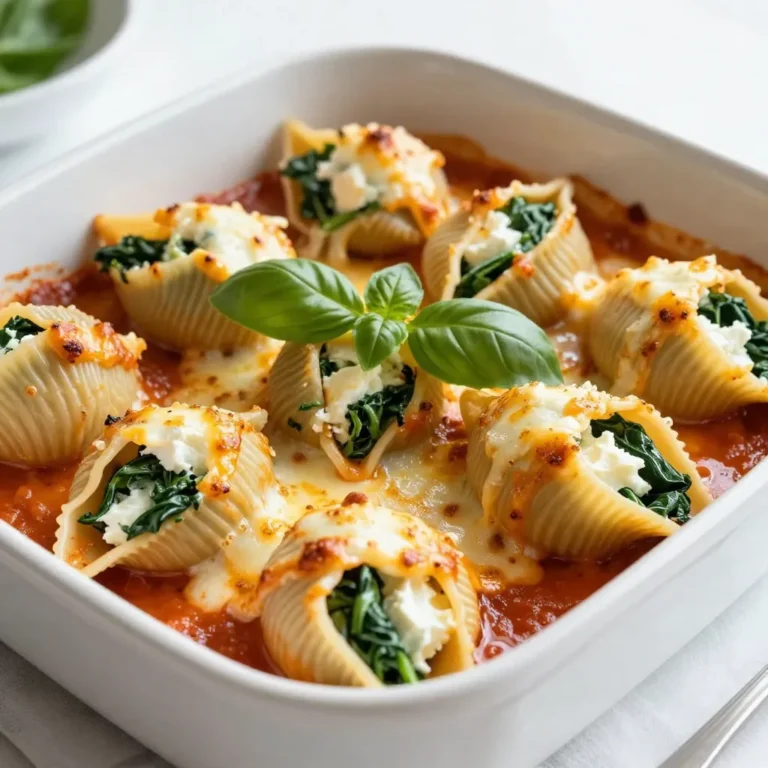 To make tasty spinach ricotta stuffed shells, you need: - 1 package jumbo pasta shells (12-15 shells) - 15 oz ricotta cheese - 2 cups fresh spinach, finely chopped - 1 cup mozzarella cheese, shredded - 1/2 cup grated Parmesan cheese - 1 large egg - 2 cloves garlic, minced - 2 cups marinara sauce - 1 tablespoon olive oil - 1 teaspoon Italian seasoning - Salt and pepper to taste - Fresh basil leaves for garnish Each of these ingredients plays a key role. The ricotta and spinach blend creates a creamy, rich filling. The cheeses add a melty texture that makes every bite delightful. Marinara sauce adds flavor and moisture to the dish. You can enhance the dish with these optional ingredients: - Red pepper flakes for heat - Fresh herbs like thyme or oregano - A dash of lemon juice for brightness These add-ons can take your stuffed shells to the next level. They allow you to customize the taste to match your mood. To make this recipe easier, I suggest using: - A large pot for boiling pasta - A mixing bowl for the filling - A baking dish for assembling the shells - A spoon for stuffing the shells Having the right tools makes cooking smoother. It helps you focus on creating delicious stuffed shells without hassle. {{ingredient_image_2}} Start by boiling water in a large pot. Add a pinch of salt for flavor. Once the water boils, add the jumbo pasta shells. Cook them for about 10-12 minutes until they are al dente. This means they should be firm but not hard. After cooking, drain the shells and let them cool on a plate. This helps prevent them from sticking together. In a large mixing bowl, add the ricotta cheese and finely chopped spinach. Then, mix in half of the shredded mozzarella cheese, the grated Parmesan, and the egg. The egg helps bind the filling together. Add the minced garlic, Italian seasoning, and a pinch of salt and pepper. Stir everything together until it is creamy and well mixed. This filling is what makes your stuffed shells so tasty. Grab a large baking dish and pour half of the marinara sauce on the bottom. This adds flavor and keeps the shells moist. Take a spoon and fill each pasta shell with the spinach and ricotta mixture. Place the stuffed shells in the baking dish, side by side. Pour the rest of the marinara sauce over the shells, making sure they are covered. Sprinkle the remaining mozzarella cheese on top for a cheesy crust. Cover the dish with aluminum foil and bake at 375°F (190°C) for 25 minutes. After that, take off the foil and bake for another 10-15 minutes, until the cheese is bubbling and golden. Let the dish cool for a few minutes, then garnish with fresh basil leaves. Enjoy your delicious meal! To cook the pasta shells, follow the package directions. Use a large pot and plenty of water. Add salt to the water to enhance flavor. Boil the shells until they are al dente. This means they should be firm but not hard. After cooking, drain the shells and let them cool on a plate. Avoid stacking them to prevent sticking. For a creamy filling, mix ricotta cheese with spinach in a bowl. Add half of the mozzarella cheese and grated Parmesan cheese. The egg helps bind the filling, so do not skip it. Mince garlic finely for a strong flavor. Season with Italian seasoning, salt, and pepper. The mixture should be thick but smooth. If it’s too dry, add a little more ricotta. When baking, start by pouring half of the marinara sauce into the dish. This keeps the shells moist. After filling the shells, arrange them snugly in the dish. Cover the shells with the remaining sauce and sprinkle the rest of the mozzarella on top. To get a crispy top, cover the dish with foil for the first 25 minutes. Then, remove the foil for the last 10-15 minutes. This helps achieve a golden, bubbling crust. Pro Tips Use Fresh Spinach: Fresh spinach not only enhances the flavor, but also adds vibrant color and nutrients to the dish. Be sure to wash and chop it finely before mixing it with the ricotta. Egg for Binding: The egg in the ricotta mixture helps bind all the ingredients together, ensuring the filling stays intact while baking. Don't skip this step for the best texture. Customize Your Cheese: Feel free to mix in your favorite cheeses! Adding a bit of goat cheese or feta can introduce a delightful tanginess to the filling. Make-Ahead Option: You can prepare the stuffed shells in advance and refrigerate them before baking. Just cover them tightly with foil and add an extra 10-15 minutes to the baking time when you're ready to cook. {{image_4}} You can keep this dish vegetarian by adding more veggies. Try mushrooms, zucchini, or bell peppers. These add flavor and nutrition. You can also use different greens like kale or Swiss chard. Mix them into the ricotta for a tasty twist. If you want some meat, add cooked chicken or sausage. Chop them finely and mix them into the ricotta filling. This makes it hearty and filling. You can use shredded rotisserie chicken for a quick option. For sausage, use Italian-style for extra flavor. You can change the cheese for new flavors. Try goat cheese for tanginess or feta for a salty kick. Mixing in some cheddar can add a sharp taste. Use your favorite cheese, and feel free to combine different types. This makes your stuffed shells unique and fun! After enjoying your stuffed shells, let them cool to room temperature. Place any leftovers in an airtight container. They will stay fresh in the fridge for up to three days. When you want to eat them, check for any signs of spoilage. If they smell off, it’s best to toss them. You can freeze stuffed shells for later. First, let them cool completely. Then, place them in a freezer-safe container, separating layers with parchment paper. They can last up to three months in the freezer. When ready to eat, just pull them out and let them thaw overnight in the fridge. To reheat, preheat your oven to 350°F (175°C). Place the shells in a baking dish. Add a splash of marinara sauce to keep them moist. Cover the dish with foil and bake for about 20 minutes. Check that they are heated through, and then enjoy the cheesy goodness! Yes, you can mix different cheeses in this dish. Try using cottage cheese for a lighter filling. Feta cheese adds a tangy twist. You can also use a blend of Italian cheeses for extra flavor. Just remember to adjust the salt in the filling since some cheeses are saltier than others. To make gluten-free stuffed shells, simply use gluten-free pasta shells. Many brands offer great options. Be sure to check the label for any hidden gluten. You can also use a homemade marinara sauce to ensure it is gluten-free. These stuffed shells pair well with a fresh salad. A simple green salad with vinaigrette adds crunch. Garlic bread is also a favorite for soaking up the sauce. For a heartier meal, serve it with roasted vegetables. You can even add a sprinkle of red pepper flakes for some heat! In this post, we covered how to make delicious spinach ricotta stuffed shells. We discussed key ingredients, cooking steps, and handy tips to ensure success. You learned about variations for different tastes and how to store leftovers. Remember, these shells are versatile and fun to make. Experiment with flavors and ingredients to make them your own. Enjoy this dish with family and friends for a delightful meal. Cooking can be simple and enjoyable if you follow these steps!