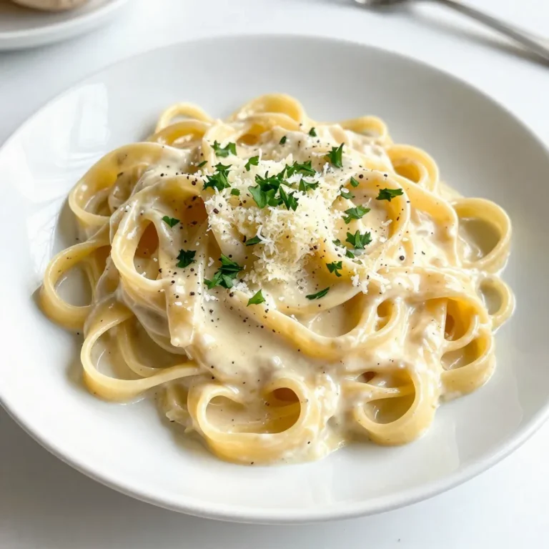 To make creamy garlic Parmesan pasta, you need some key ingredients. Here’s what you will use: - 12 oz fettuccine pasta - 3 tablespoons unsalted butter - 4 cloves garlic, finely minced - 1 cup heavy cream - 1 cup freshly grated Parmesan cheese, plus extra for serving - 1/2 teaspoon black pepper - 1/2 teaspoon salt - 1/4 teaspoon red pepper flakes (optional, for a spicy kick) - 1/4 cup fresh parsley, chopped (for garnish) Each ingredient plays a role in creating a rich and flavorful dish. The fettuccine gives a hearty base, while unsalted butter adds a smooth richness. Garlic gives a punch of flavor, and heavy cream creates a luscious sauce. Freshly grated Parmesan cheese brings a nutty taste that enhances the dish. For seasoning, black pepper and salt balance the flavors perfectly. If you like a bit of heat, red pepper flakes can spice things up. Finally, fresh parsley adds a pop of color and freshness for garnish. Ready to cook? Let’s dive into the next steps! {{ingredient_image_2}} To start, bring a large pot of salted water to a boil. This step is vital for flavor. Add 12 ounces of fettuccine pasta to the pot. Cook for 8 to 10 minutes, or until the pasta is al dente. Al dente means it should be firm yet tender. Before draining, reserve 1 cup of the pasta water. This water helps adjust the sauce later. Next, lower the heat to medium. In the same pot, add 3 tablespoons of unsalted butter. Allow the butter to melt completely. Once melted, add 4 finely minced cloves of garlic. Stir the garlic for about one minute until it smells fragrant. Watch the garlic closely to avoid burning it. Burnt garlic tastes bitter, which ruins the dish. Now, reduce the heat to low. Pour in 1 cup of heavy cream slowly. Stir it well to mix with the garlic butter. Then, add 1 cup of freshly grated Parmesan cheese. Keep stirring until the cheese melts completely. The sauce should look smooth and creamy. If it seems too thick, use the reserved pasta water to adjust the consistency. Add it a little at a time until you reach your desired creaminess. Once your sauce is ready, add the drained fettuccine to the pot. Toss the pasta gently with the sauce. Make sure every piece of pasta is coated well. If needed, add more reserved pasta water to help the sauce cling to the pasta better. Tossing is key for even coating. To enhance the flavor, stir in ½ teaspoon of black pepper and ½ teaspoon of salt. If you like a bit of heat, add ¼ teaspoon of red pepper flakes. Give it a good stir and let the pasta simmer for 2-3 minutes. This step allows the flavors to meld together. For a beautiful presentation, spoon the creamy garlic Parmesan pasta into serving plates. Garnish each plate with a sprinkle of chopped parsley and extra Parmesan cheese. For a finishing touch, you can add a thin slice of Parmesan on top. These little details make your dish look elegant and inviting. Enjoy your creamy garlic Parmesan pasta! Al Dente Cooking Tips To cook pasta just right, follow these tips: - Use a large pot with plenty of water. This helps the pasta cook evenly. - Add salt to the water before it boils. This adds flavor to the pasta. - Check the pasta package for cooking time. Most fettuccine takes about 8-10 minutes. - Taste a piece before draining. It should feel firm but not hard. Avoiding Sticky Pasta Sticky pasta can ruin your dish. Here’s how to keep it from sticking: - Stir the pasta a few times while it cooks. This helps separate the strands. - Avoid rinsing the pasta after draining. Rinsing removes the starch that helps sauce stick. - Toss the pasta with a little oil if you aren't mixing it right away. Importance of Cheese Quality To get the best sauce, use high-quality cheese. Freshly grated Parmesan melts better than pre-grated. Here’s why it matters: - Fresh cheese has more flavor and creaminess. - It blends smoothly into the sauce, making it rich and satisfying. - Grate your cheese just before using it for the best taste. Vegetables and Proteins to Consider You can make this dish even better with extra ingredients. Here are some ideas: - Add spinach or broccoli for color and nutrition. - Toss in cooked chicken or shrimp for added protein. - Consider sun-dried tomatoes for a sweet, tangy flavor. - Try mushrooms for an earthy taste that pairs well with garlic. Pro Tips Use Fresh Ingredients: Fresh garlic and high-quality Parmesan make a significant difference in flavor. Opt for freshly grated cheese and avoid pre-packaged varieties for the best results. Adjust Creaminess: If you find the sauce too thick, use the reserved pasta water to thin it out. This starchy water not only adjusts the consistency but also helps the sauce adhere to the pasta better. Customize Seasoning: Feel free to adjust the amount of black pepper and red pepper flakes based on your spice tolerance. Taste the sauce before adding all the seasonings to ensure it's to your liking. Garnish Creatively: Enhance the presentation by garnishing with not just parsley but also lemon zest or toasted pine nuts for added flavor and texture. {{image_4}} If you want to switch things up, many pasta types work well. You can use penne, spaghetti, or even bowtie pasta. These shapes hold sauce well and taste great. If you prefer a gluten-free option, look for gluten-free pasta made from rice or chickpeas. These alternatives still give you that lovely creamy texture. To make your creamy garlic Parmesan pasta special, add herbs and spices. Fresh basil or thyme brings a bright taste. You can also use dried oregano or Italian seasoning for a warm flavor. If you like a kick, add red pepper flakes. This gives a nice heat that balances the creaminess. If you want a dairy-free option, try using coconut cream instead of heavy cream. Nutritional yeast can replace Parmesan cheese. This gives a cheesy taste without the dairy. For gluten-free, use chickpea or rice pasta. These swaps keep your meal flavorful while meeting dietary needs. Store leftover creamy garlic Parmesan pasta in airtight containers. This keeps the dish fresh. Glass or plastic containers work well. Use smaller containers for quick meals. Make sure to cool the pasta before sealing the container. To reheat your pasta, use low heat in a skillet. Add a splash of cream or pasta water. This helps keep the sauce creamy. Stir gently until warm. You can also use a microwave. Heat in short bursts, stirring in between. Creamy garlic Parmesan pasta lasts about 3-5 days in the fridge. Store it properly to maximize freshness. Always check for off smells or changes in texture before eating. If it looks or smells bad, toss it out. Yes, you can use pre-grated Parmesan cheese. However, fresh cheese has a better taste. Freshly grated cheese melts smoothly and adds a rich flavor. Pre-grated cheese often contains anti-caking agents. This can affect the texture of your sauce. To spice up your creamy garlic Parmesan pasta, add red pepper flakes. Start with 1/4 teaspoon and adjust to your taste. You can also add diced jalapeños or hot sauce for extra heat. Mix in these ingredients during the seasoning step for a balanced flavor. Yes, you can use alternatives to heavy cream. Half-and-half can work well for a lighter sauce. Coconut cream is a great dairy-free option. Just keep in mind that it will change the flavor slightly. Aim for a cream with a similar thickness for the best results. This dish pairs nicely with a simple green salad. Garlic bread is another great choice to complement the flavors. For a protein, grilled chicken or shrimp works well. You can also serve roasted vegetables for added nutrition and color. In this blog post, we explored how to make a creamy garlic Parmesan pasta. We covered essential ingredients and provided step-by-step instructions. You learned tips for perfect cooking and ways to enhance your dish with add-ins. Variations offered ideas for different pasta types and dietary needs. Think about how you can use these techniques and tips in your own kitchen. Whether you stick to the classic recipe or experiment with flavors, you now have the skills. Enjoy your cooking journey!