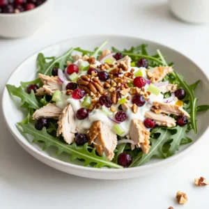 To make a delicious Cranberry Pecan Chicken Salad, you will need the following ingredients: - 2 cups cooked chicken breast, shredded or chopped - 1/2 cup dried cranberries - 1/2 cup pecans, roughly chopped - 1/4 cup celery, finely chopped - 1/4 cup red onion, finely chopped - 1/2 cup Greek yogurt - 2 tablespoons mayonnaise (optional, for creaminess) - 1 tablespoon honey (for a touch of sweetness) - 1 tablespoon Dijon mustard (for a hint of tang) - Salt and pepper to taste - Fresh arugula or mixed greens for serving This list packs flavor and texture into your salad. The chicken gives it substance, while cranberries add sweetness. Chopped pecans bring a nice crunch, and celery with red onion brings freshness. Greek yogurt provides creaminess while staying healthy, and you can add mayonnaise if you like it richer. Honey and Dijon mustard add depth to the dressing. Don't forget to season with salt and pepper! Finally, serve it over a bed of greens for a lovely presentation. {{ingredient_image_2}} To start, grab a large mixing bowl. In it, combine the cooked chicken breast, dried cranberries, chopped pecans, finely chopped celery, and red onion. Stir gently until all the ingredients mix well. This step creates a colorful base for your salad. Each ingredient adds texture and flavor. The sweet cranberries pair nicely with the crunchy pecans. Next, let&rsquo;s make the dressing. In a separate small bowl, you will need: - 1/2 cup Greek yogurt - 2 tablespoons mayonnaise (optional) - 1 tablespoon honey - 1 tablespoon Dijon mustard - Salt and pepper to taste Whisk these ingredients together until smooth. If you like a creamier dressing, add the mayonnaise. Taste it and adjust the seasoning. Add more salt or pepper if needed. This dressing gives the salad a creamy, tangy kick. Now, pour the dressing over the chicken mixture. Use a spatula to fold the dressing in gently. Make sure every piece of chicken and veggie gets coated. This mixing is key for flavor. After that, cover the bowl with plastic wrap. Refrigerate the salad for at least 30 minutes. Chilling lets the flavors blend together. When you&rsquo;re ready to serve, take fresh arugula or mixed greens. Arrange them on individual plates. Spoon the cranberry pecan chicken salad over the greens. Enjoy your fresh, flavorful dish! To boost the flavor, consider adding spices like garlic powder or paprika. These spices provide depth and warmth. You can also mix in some chopped apples for a fresh crunch. For a sweet twist, try adding a dash of cinnamon. For a beautiful plate, serve the salad on a bed of arugula or mixed greens. This adds color and freshness. You can garnish with extra chopped pecans and a scattering of dried cranberries. Fresh herbs like parsley or chives also add a nice touch. Efficient prep makes cooking easier. Shred the chicken while it&rsquo;s still warm for easier handling. Use pre-chopped vegetables if you can. This saves time. Chilling the salad for at least 30 minutes is key. This step helps all the flavors blend together. It also makes the salad taste better. Enjoying a well-chilled salad feels refreshing and satisfying. Pro Tips Use Rotisserie Chicken: To save time, consider using store-bought rotisserie chicken. It adds great flavor and makes preparation a breeze. Customize Your Nuts: Feel free to swap pecans for walnuts or almonds if you prefer a different nut flavor or if you have allergies. Adjust the Sweetness: If you like a sweeter salad, increase the honey or add a few more dried cranberries. Taste as you go! Serve with Toasted Bread: For a delightful crunch, serve the salad on toasted whole-grain bread or alongside crackers for a satisfying meal. {{image_4}} If you want to change up the protein in your salad, substituting chicken is easy. You can use shredded turkey or cooked shrimp. These options keep the salad light and flavorful. For a plant-based twist, try chickpeas or tofu. Both add protein and texture. You can also use tempeh for a nutty taste. Switching nuts or dried fruits can create new flavors. Instead of pecans, try walnuts or almonds. These nuts give a nice crunch. For dried fruits, consider raisins or apricots. Each fruit brings its own sweetness. Mixing and matching can help you find your favorite combo. You can easily make the dressing vegan or lower in calories. Instead of Greek yogurt, use silken tofu blended until smooth. This keeps the creamy texture. Using less mayo or skipping it also cuts calories. Adding fresh herbs like dill or basil boosts flavor. You can even sprinkle in some spices like paprika for a kick. To keep your cranberry pecan chicken salad fresh, use an airtight container. Glass or plastic containers work great. Make sure the lid seals tightly to keep air out. This helps keep the flavors and texture intact. Always store the salad in the fridge. It tastes best when chilled. You can freeze this chicken salad, but it may change texture. If you choose to freeze it, use a freezer-safe container. Make sure to leave some space at the top, as the salad may expand. To eat it later, thaw it in the fridge overnight. Reheat gently in the microwave, but the salad is best served cold. In the fridge, your cranberry pecan chicken salad lasts about 3 to 4 days. Always check for signs of spoilage. If it smells bad or has a slimy texture, it&rsquo;s time to toss it. Freshness is key to enjoying this tasty dish. Keep an eye on your leftovers to ensure they stay safe to eat. To make your salad healthier, you can swap some ingredients. Here are some ideas: - Use plain Greek yogurt instead of mayonnaise. - Add more veggies like bell peppers or spinach. - Choose low-sugar dried cranberries. - Use a smaller amount of honey for sweetness. - Consider grilled chicken for less fat. These changes keep the flavor while lowering calories. Yes, you can prepare this salad ahead of time. Here are some tips: - Make the salad up to a day before serving. - Store it in an airtight container in the fridge. - Keep the dressing separate until ready to eat. This keeps the salad fresh and crunchy. Chill the salad for at least 30 minutes before serving to blend the flavors. This salad pairs nicely with various side dishes. Here are some great options: - Whole grain crackers for crunch. - Fresh fruit salad for sweetness. - A light soup like tomato or vegetable. - A simple green salad with vinaigrette. These pairings enhance your meal without overpowering the salad's rich flavors. In this article, we explored how to make a delicious Cranberry Pecan Chicken Salad. We covered the key ingredients, step-by-step instructions, and helpful tips for a great dish. Remember, you can mix and match ingredients to suit your taste. Focus on fresh flavors and presentation for a stunning meal. This salad keeps well, so enjoy it for days. Preparing this dish is easy and fun. With a few tweaks, you can make it your own. Enjoy making and sharing your tasty creation!
