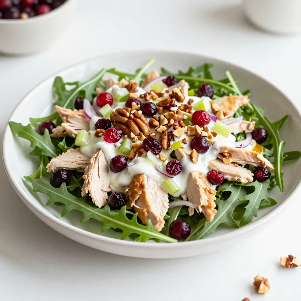 To make a delicious Cranberry Pecan Chicken Salad, you will need the following ingredients: - 2 cups cooked chicken breast, shredded or chopped - 1/2 cup dried cranberries - 1/2 cup pecans, roughly chopped - 1/4 cup celery, finely chopped - 1/4 cup red onion, finely chopped - 1/2 cup Greek yogurt - 2 tablespoons mayonnaise (optional, for creaminess) - 1 tablespoon honey (for a touch of sweetness) - 1 tablespoon Dijon mustard (for a hint of tang) - Salt and pepper to taste - Fresh arugula or mixed greens for serving This list packs flavor and texture into your salad. The chicken gives it substance, while cranberries add sweetness. Chopped pecans bring a nice crunch, and celery with red onion brings freshness. Greek yogurt provides creaminess while staying healthy, and you can add mayonnaise if you like it richer. Honey and Dijon mustard add depth to the dressing. Don't forget to season with salt and pepper! Finally, serve it over a bed of greens for a lovely presentation. {{ingredient_image_2}} To start, grab a large mixing bowl. In it, combine the cooked chicken breast, dried cranberries, chopped pecans, finely chopped celery, and red onion. Stir gently until all the ingredients mix well. This step creates a colorful base for your salad. Each ingredient adds texture and flavor. The sweet cranberries pair nicely with the crunchy pecans. Next, let’s make the dressing. In a separate small bowl, you will need: - 1/2 cup Greek yogurt - 2 tablespoons mayonnaise (optional) - 1 tablespoon honey - 1 tablespoon Dijon mustard - Salt and pepper to taste Whisk these ingredients together until smooth. If you like a creamier dressing, add the mayonnaise. Taste it and adjust the seasoning. Add more salt or pepper if needed. This dressing gives the salad a creamy, tangy kick. Now, pour the dressing over the chicken mixture. Use a spatula to fold the dressing in gently. Make sure every piece of chicken and veggie gets coated. This mixing is key for flavor. After that, cover the bowl with plastic wrap. Refrigerate the salad for at least 30 minutes. Chilling lets the flavors blend together. When you’re ready to serve, take fresh arugula or mixed greens. Arrange them on individual plates. Spoon the cranberry pecan chicken salad over the greens. Enjoy your fresh, flavorful dish! To boost the flavor, consider adding spices like garlic powder or paprika. These spices provide depth and warmth. You can also mix in some chopped apples for a fresh crunch. For a sweet twist, try adding a dash of cinnamon. For a beautiful plate, serve the salad on a bed of arugula or mixed greens. This adds color and freshness. You can garnish with extra chopped pecans and a scattering of dried cranberries. Fresh herbs like parsley or chives also add a nice touch. Efficient prep makes cooking easier. Shred the chicken while it’s still warm for easier handling. Use pre-chopped vegetables if you can. This saves time. Chilling the salad for at least 30 minutes is key. This step helps all the flavors blend together. It also makes the salad taste better. Enjoying a well-chilled salad feels refreshing and satisfying. Pro Tips Use Rotisserie Chicken: To save time, consider using store-bought rotisserie chicken. It adds great flavor and makes preparation a breeze. Customize Your Nuts: Feel free to swap pecans for walnuts or almonds if you prefer a different nut flavor or if you have allergies. Adjust the Sweetness: If you like a sweeter salad, increase the honey or add a few more dried cranberries. Taste as you go! Serve with Toasted Bread: For a delightful crunch, serve the salad on toasted whole-grain bread or alongside crackers for a satisfying meal. {{image_4}} If you want to change up the protein in your salad, substituting chicken is easy. You can use shredded turkey or cooked shrimp. These options keep the salad light and flavorful. For a plant-based twist, try chickpeas or tofu. Both add protein and texture. You can also use tempeh for a nutty taste. Switching nuts or dried fruits can create new flavors. Instead of pecans, try walnuts or almonds. These nuts give a nice crunch. For dried fruits, consider raisins or apricots. Each fruit brings its own sweetness. Mixing and matching can help you find your favorite combo. You can easily make the dressing vegan or lower in calories. Instead of Greek yogurt, use silken tofu blended until smooth. This keeps the creamy texture. Using less mayo or skipping it also cuts calories. Adding fresh herbs like dill or basil boosts flavor. You can even sprinkle in some spices like paprika for a kick. To keep your cranberry pecan chicken salad fresh, use an airtight container. Glass or plastic containers work great. Make sure the lid seals tightly to keep air out. This helps keep the flavors and texture intact. Always store the salad in the fridge. It tastes best when chilled. You can freeze this chicken salad, but it may change texture. If you choose to freeze it, use a freezer-safe container. Make sure to leave some space at the top, as the salad may expand. To eat it later, thaw it in the fridge overnight. Reheat gently in the microwave, but the salad is best served cold. In the fridge, your cranberry pecan chicken salad lasts about 3 to 4 days. Always check for signs of spoilage. If it smells bad or has a slimy texture, it’s time to toss it. Freshness is key to enjoying this tasty dish. Keep an eye on your leftovers to ensure they stay safe to eat. To make your salad healthier, you can swap some ingredients. Here are some ideas: - Use plain Greek yogurt instead of mayonnaise. - Add more veggies like bell peppers or spinach. - Choose low-sugar dried cranberries. - Use a smaller amount of honey for sweetness. - Consider grilled chicken for less fat. These changes keep the flavor while lowering calories. Yes, you can prepare this salad ahead of time. Here are some tips: - Make the salad up to a day before serving. - Store it in an airtight container in the fridge. - Keep the dressing separate until ready to eat. This keeps the salad fresh and crunchy. Chill the salad for at least 30 minutes before serving to blend the flavors. This salad pairs nicely with various side dishes. Here are some great options: - Whole grain crackers for crunch. - Fresh fruit salad for sweetness. - A light soup like tomato or vegetable. - A simple green salad with vinaigrette. These pairings enhance your meal without overpowering the salad's rich flavors. In this article, we explored how to make a delicious Cranberry Pecan Chicken Salad. We covered the key ingredients, step-by-step instructions, and helpful tips for a great dish. Remember, you can mix and match ingredients to suit your taste. Focus on fresh flavors and presentation for a stunning meal. This salad keeps well, so enjoy it for days. Preparing this dish is easy and fun. With a few tweaks, you can make it your own. Enjoy making and sharing your tasty creation!