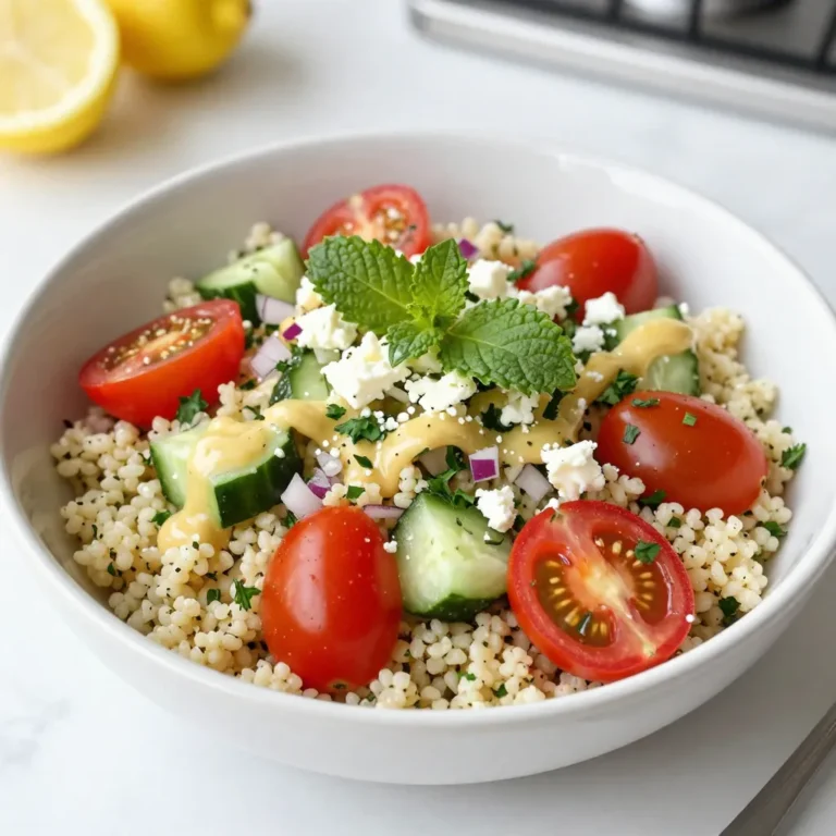 To make a tasty Lemon Herb Couscous Salad, you need these key ingredients: - 1 cup couscous - 1 1/4 cups vegetable broth (or water) - 1 cup cherry tomatoes, halved - 1 cucumber, diced - 1/2 red onion, finely chopped - 1 cup fresh parsley, finely chopped - 1/2 cup fresh mint, finely chopped - Zest and juice of 1 large lemon - 3 tablespoons olive oil - Salt and pepper to taste - 1/4 cup feta cheese, crumbled (optional) These ingredients come together to create a flavorful dish that is fresh and bright. Want to enhance this salad even more? Here are some optional ingredients you can use: - 1 bell pepper, diced - 1 avocado, diced - A handful of olives, sliced - A pinch of chili flakes for heat These additions can bring new flavors and textures to your salad. If you don’t have some ingredients, don’t worry! Here are simple substitutions you can use: - Use quinoa instead of couscous for a gluten-free option. - Swap vegetable broth for chicken broth for added flavor. - Try different herbs like basil or cilantro instead of parsley and mint. - Use lime juice instead of lemon juice for a citrus twist. These swaps allow you to customize the salad to suit your taste and what you have on hand. {{ingredient_image_2}} Start by boiling 1 1/4 cups of vegetable broth in a medium pot. Once it boils, remove the pot from the heat. Stir in 1 cup of couscous, making sure it’s fully covered. Cover the pot with a lid and let it sit for 5 minutes. This helps the couscous absorb the liquid. After 5 minutes, use a fork to fluff the couscous. This step makes it light and fluffy. Let it cool for a bit so it won’t warm up the veggies. In a large bowl, add 1 cup of halved cherry tomatoes, 1 diced cucumber, and 1/2 finely chopped red onion. Toss these together gently. This mix adds color and crunch to your salad. You can also add 1 cup of fresh parsley and 1/2 cup of fresh mint later. These herbs make the dish fragrant and fresh. Now it’s time to combine everything. Fold the cooled couscous into the vegetable mix. Make sure all the flavors blend well. Next, grab a small bowl. Squeeze the juice of 1 large lemon into it. Add its zest, 3 tablespoons of olive oil, salt, and pepper. Whisk this dressing until it’s smooth. Drizzle it over the salad and toss it gently. If you like, sprinkle 1/4 cup of crumbled feta cheese on top for a tasty finish. Enjoy your Lemon Herb Couscous Salad! To fluff your couscous just right, follow these steps. After cooking, let it rest for 5 minutes. This allows it to absorb all the liquid. Then, grab a fork and gently fluff it. Use the fork to separate any clumps. This method keeps the couscous light and airy. Using fresh veggies makes your salad vibrant and tasty. Always choose firm tomatoes and crisp cucumbers. They add texture and flavor. Wash them well before cutting. For the red onion, chop it finely. This helps spread the flavor evenly. Fresh herbs like parsley and mint should be bright and fragrant. Chop them just before adding to keep them fresh. Presentation matters in any dish. Serve your salad in a large, colorful bowl. This makes it eye-catching. For a nice touch, add sprigs of fresh herbs on top. Lemon wedges around the bowl add a pop of color. This not only looks great but also gives a hint of flavor when served. Pro Tips Use Fresh Herbs: Fresh parsley and mint elevate the flavor of the salad; don’t substitute with dried herbs for the best taste. Chill Before Serving: Allow the salad to chill in the refrigerator for at least 30 minutes before serving to enhance the flavors. Customize Your Veggies: Feel free to add other vegetables like bell peppers or radishes for added crunch and color. Perfect Lemon Zest: Use a microplane to zest the lemon for a finer texture and more intense flavor in your dressing. {{image_4}} You can easily boost the protein in your Lemon Herb Couscous Salad. Adding grilled chicken or shrimp makes it heartier. You can also use chickpeas for a tasty vegetarian option. Simply toss in about one cup of cooked protein. This change adds flavor and keeps you full longer. Feel free to play with the herbs in this salad. Basil or cilantro can add a new twist. Dill gives a fresh, bright taste that pairs well with lemon. You might also try using lemon balm for a unique flavor. Mix and match to find your favorite combinations. Adapt this salad to the seasons by changing the veggies. In summer, add sweet corn or bell peppers for color. In fall, try roasted squash or apples for a warm touch. Use whatever is fresh and in season to keep the dish vibrant and flavorful. This way, you enjoy the best ingredients all year round. After enjoying Lemon Herb Couscous Salad, you may have some leftovers. It's important to store them well to keep the flavors fresh. First, let the salad cool to room temperature. Then, place it in an airtight container. This helps to lock in moisture and prevents the salad from drying out. You can keep it in the fridge for up to three days. Make sure to check for any signs of spoilage before eating. For the best storage, use glass containers or BPA-free plastic ones. Glass is great because it doesn't stain and is easy to clean. Choose a container that fits the amount of salad you have. If you have a large batch, use a bigger container. If you have smaller servings, divide them into smaller containers. This way, you can grab a portion easily. Freezing Lemon Herb Couscous Salad is not the best option. The fresh veggies and herbs may lose their crunch and flavor when thawed. However, if you want to freeze it, leave out the fresh ingredients like tomatoes and cucumber. Cooked couscous can freeze well. Store it in a freezer-safe bag or container. Just remember to use it within three months for the best taste. When you're ready to eat, thaw it overnight in the fridge and add fresh veggies before serving. Yes, you can make Lemon Herb Couscous Salad ahead of time. It tastes great after sitting for a few hours. You can prepare it in the morning for lunch or dinner. Just cover it and store it in the fridge. This salad can last up to three days. The flavors will blend nicely as it chills. You can serve this salad with many dishes. It goes well with grilled chicken or fish. You can also pair it with kebabs or wraps. For a lighter option, serve it with a soup. The fresh flavors of the salad brighten up any meal. No, this salad is not gluten-free. Couscous is made from wheat, which contains gluten. If you need a gluten-free option, use quinoa or rice instead. Both will give you a similar texture and flavor. You can still enjoy a tasty salad without gluten! You learned how to create a tasty Lemon Herb Couscous Salad. We covered main and optional ingredients for great flavor. You now know step-by-step how to prepare and mix it perfectly. Plus, I shared useful tips for serving and storing. This salad is flexible, so feel free to add protein or fresh herbs. Enjoy making this dish, and don't forget to share your favorite variations!