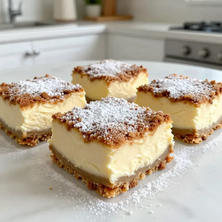 To make churro cheesecake bars, you need a few key ingredients: - 1 cup all-purpose flour - 1/2 cup granulated sugar - 1/2 cup unsalted butter, softened - 1/2 teaspoon baking powder - 1/4 teaspoon salt - 1 teaspoon ground cinnamon - 2 packages (8 ounces each) cream cheese, softened - 1/2 cup powdered sugar - 2 large eggs - 1 teaspoon pure vanilla extract - 1/4 cup granulated sugar (for topping) - 1 tablespoon ground cinnamon (for topping) These ingredients create a sweet and creamy layer that pairs perfectly with the churro crust. You can add some fun toppings to make your bars even better: - Additional powdered sugar for dusting - Caramel sauce for drizzling - Fresh berries for a fruity touch These toppings add flavor and make your dessert look fancy. If you need to convert measurements, here are some useful tips: - 1 cup equals 8 fluid ounces - 1/2 cup equals 4 fluid ounces - 1 tablespoon equals 3 teaspoons These conversions help ensure you get the right amounts for your recipe. {{ingredient_image_2}} First, set your oven to 350°F (175°C). Take an 8x8-inch baking dish and grease it lightly. Line the dish with parchment paper, leaving some paper hanging over the edges. This will help you lift the bars out later. In a mixing bowl, whisk together these dry ingredients: - 1 cup all-purpose flour - 1/2 cup granulated sugar - 1/2 teaspoon baking powder - 1/4 teaspoon salt - 1 teaspoon ground cinnamon Mix them well until they are evenly combined. Next, add in 1/2 cup softened unsalted butter. Use a hand mixer or a fork to blend until it looks like coarse crumbs. Set aside one cup of this crumb mixture for later. Press the rest firmly into the bottom of the dish to form the crust. In a large bowl, mix together two packages of softened cream cheese and 1/2 cup powdered sugar. Beat this mixture with a hand mixer on medium speed. Keep mixing until it is smooth and free from lumps. Add in two large eggs, one at a time. Make sure to mix well after each egg. Finally, stir in 1 teaspoon pure vanilla extract until fully combined. Pour the cheesecake filling over the cooled crust. Use a spatula to spread it evenly. Next, take the reserved crumb mixture and crumble it over the cheesecake layer. This will create a nice topping. In a small bowl, mix together 1/4 cup granulated sugar and 1 tablespoon ground cinnamon. Sprinkle this mix generously over the top. Now it’s time to bake! Place the dish in the oven and bake for 25-30 minutes. The filling should be set and lightly golden on top. Once it's done, take it out and let it cool to room temperature. After cooling, refrigerate the dish for at least 2 hours. This helps the flavors mix and the bars to firm up before slicing. To get a great crust, start with soft butter. Mix it well until it looks crumbly. Press the mixture firmly into the bottom of your pan. This step is key. Baking it for just 10 minutes helps set the crust. You want it just firm, not hard. Let it cool a bit before adding the cheesecake filling. Cheesecake cracks can ruin the look. To avoid this, mix the cream cheese slowly. Beat it until smooth, but don’t over-mix. Add eggs one at a time, mixing gently. After adding the eggs, mix just until combined. Bake at the right temperature, 350°F, and don’t open the oven door too soon. Let it cool in the oven with the door slightly ajar for about 15 minutes. Once your cheesecake bars have cooled, use a sharp knife. For clean cuts, dip the knife in hot water, then wipe it dry. This helps the knife glide through the bars. For the best results, slice them after they have chilled for at least 2 hours. This makes them firm and easier to cut. If you want a fancy touch, dust the tops with powdered sugar before serving. Enjoy! Pro Tips Chill the Cream Cheese: Ensure your cream cheese is at room temperature for a smooth filling. If it’s too cold, it can clump and won’t blend well. Don’t Overmix: When adding the eggs to the cream cheese mixture, mix just until combined. Overmixing can lead to a dense cheesecake texture. Use Parchment Paper: Line your baking dish with parchment paper, allowing some overhang. This makes it easier to lift the bars out after they cool. Wait Before Cutting: Allow the bars to chill in the refrigerator for at least 2 hours before slicing. This helps them set properly and makes for cleaner cuts. {{image_4}} You can change up the flavors in your churro cheesecake bars. Try adding some chocolate. Mix in chocolate chips for a sweet twist. You can also use pumpkin spice for a fall vibe. Just swap some cinnamon for pumpkin pie spice. For a fruity kick, add some lemon zest to the cream cheese. This adds brightness and freshness to each bite. If you need a gluten-free version, it’s simple. Use gluten-free flour instead of all-purpose flour. This swap works well in the crust and topping. Make sure to check your baking powder too. Some brands contain wheat. Always read the label for safety. Your dessert will still taste great and be safe to enjoy! These churro cheesecake bars pair well with many treats. Serve them chilled with a scoop of vanilla ice cream. The creaminess of the ice cream complements the bars perfectly. You can also drizzle them with chocolate or caramel sauce. For a fresh touch, add some berries on the side. They add color and a burst of flavor. Enjoy these bars with coffee or hot chocolate for a cozy treat! After making churro cheesecake bars, let them cool completely. Once cool, slice them into bars. Place the bars in an airtight container. They can stay in the fridge for up to five days. Make sure to separate layers with parchment paper to avoid sticking. You can freeze churro cheesecake bars for later. First, let them cool and slice them. Wrap each piece tightly in plastic wrap. Then, place the wrapped bars in a freezer-safe bag. They can last in the freezer for up to three months. When ready to eat, thaw them in the fridge overnight. If you want to enjoy warm bars, preheat your oven to 350°F (175°C). Place the bars on a baking sheet. Heat them for about 10 minutes. This warms them without drying them out. You can also microwave them for about 20 seconds for a quick warm-up. Enjoy them fresh for the best taste! Yes, you can make churro cheesecake bars ahead of time. Prepare them up to a day in advance. Bake and cool them, then cover and chill in the fridge. This allows the flavors to blend nicely. Just slice and serve when you’re ready! If you want to swap out cream cheese, try mascarpone or Greek yogurt. Both options provide a creamy texture. However, the flavor will change slightly. You can also use a dairy-free cream cheese if you need a vegan option. These bars can last up to five days in the fridge. Store them in an airtight container to keep them fresh. If you freeze them, they can last for up to three months. Just thaw them in the fridge before enjoying. Yes, you can adjust the sweetness to your taste. Use less sugar in the filling if you prefer. You can also add a little more cinnamon for flavor without extra sweetness. Taste as you go to find the right balance for you! These churro cheesecake bars are delicious and fun to make. You learned about the key ingredients and toppings, plus how to bake them step-by-step. I shared tips to get the best crust and avoid cracks, along with tasty variations. Remember how to store leftovers so they stay fresh. These bars are great for sharing, too. I hope you enjoy making and tasting them as much as I do!