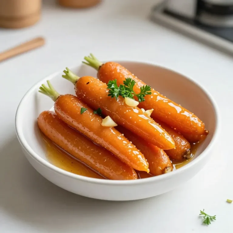 - 1 pound baby carrots (or 4 large carrots, peeled and thinly sliced into rounds) - 3 tablespoons honey - 2 tablespoons unsalted butter - 3 cloves garlic, finely minced - 1 tablespoon soy sauce (or tamari for a gluten-free alternative) - 1 teaspoon fresh ginger, freshly grated - Salt and freshly ground black pepper, to taste - Fresh parsley, finely chopped (for garnish) To make honey garlic glazed carrots, you need just a few simple items. Start with baby carrots, or go for large ones if that's what you have. For extra sweetness and flavor, gather honey and unsalted butter. The magic in this dish comes from garlic, soy sauce, and fresh ginger. They give a tasty kick to the sweet glaze. Don’t forget salt and black pepper to round out the flavors. Finally, fresh parsley adds a pop of color and freshness when you serve it. Collect these ingredients, and you are ready to create a delicious side that will please everyone at the table! {{ingredient_image_2}} Start by washing the baby carrots under cold water. If you choose large carrots, peel and slice them into thin rounds about 1/4 inch thick. This size helps them cook evenly. Make sure all pieces are similar in thickness. This step is key to ensure that no carrot is too soft or too crunchy. In a medium-sized saucepan, melt the butter over medium heat. Let it foam gently without browning. Once the butter is melted, add minced garlic and freshly grated ginger. Sauté for about 30 seconds, stirring all the time. You want the garlic to smell great, not burnt. After the garlic becomes fragrant, pour in the honey and soy sauce. Stir until it blends smoothly. Now, add the prepared carrots to the pan. Make sure they are well-coated with the honey garlic glaze. Add a sprinkle of salt and black pepper to taste. Cover the pan with a lid and cook for about 10 to 12 minutes. Stir occasionally to ensure even cooking. This time allows the flavors to blend and the carrots to soften while staying slightly crisp. After this initial cooking, take off the lid and cook for another 3 to 5 minutes. This helps the glaze thicken and stick to the carrots. Once the carrots are tender and the glaze is thick, taste and adjust the seasoning if needed. Finally, transfer the glazed carrots to a serving dish and sprinkle with fresh parsley for a beautiful finish. To make your honey garlic glazed carrots truly yours, adjust the seasoning. Taste your dish as you cook. If you prefer more sweetness, add a little more honey. For a saltier kick, add a pinch of salt or soy sauce. You can also add a splash of apple cider vinegar for a tangy twist. To enhance the glaze's taste, consider adding a dash of chili flakes. This will give the dish a mild heat. You can also mix in a touch of orange juice for a citrusy note. Each small change can transform the flavor. When serving, arrange the carrots in a shallow bowl or platter. This helps showcase their bright color. Drizzle any leftover glaze over the carrots for an appealing look. Garnishing with fresh parsley adds a pop of green. Simply chop the parsley finely and sprinkle it on top. This not only looks nice but also adds freshness to each bite. Pro Tips Use Fresh Ingredients: For the best flavor, opt for fresh garlic and ginger. Their vibrant taste enhances the glaze and overall dish. Adjust Sweetness: Depending on your preference, feel free to adjust the amount of honey. You can add more for a sweeter dish or less if you prefer a more savory flavor. Don’t Overcook: Keep an eye on the cooking time to ensure the carrots remain tender yet slightly crisp. Overcooked carrots can become mushy and lose their appealing texture. Garnish Creatively: Experiment with different herbs for garnish, such as thyme or dill, to add a unique twist to the dish while enhancing its visual appeal. {{image_4}} You can switch honey for maple syrup. Maple syrup gives a new flavor. It adds a sweet, earthy taste. This change works great for those who want a vegan option. You can also try different vegetables. While carrots are classic, parsnips or sweet potatoes are tasty too. Each veggie brings its own unique flavor. Just make sure to cut them into even pieces. This helps them cook well. For gluten-free eaters, use tamari instead of soy sauce. Tamari has a similar flavor but is safe for those avoiding gluten. Always check labels to confirm they are gluten-free. If you want a vegan version, swap butter for olive oil. This keeps the dish plant-based. You can also skip the honey and use agave syrup. Each option still gives a sweet touch to the dish. To store leftover honey garlic glazed carrots, first cool them to room temperature. Then, place them in an airtight container. This keeps the glaze from becoming too sticky. You can store them in the refrigerator for up to 3 days. If you want to keep them longer, consider freezing them. Just remember to use a freezer-safe container. For reheating, I recommend using a stovetop method. Heat a non-stick skillet over low heat. Add the carrots and a splash of water to help steam them. This helps keep their crunch. Stir gently until warmed through. You can also microwave them, but be cautious. Cover the bowl with a damp paper towel to lock in moisture. This way, you maintain the flavor and texture. Can I prepare this dish in advance? Yes, you can prepare honey garlic glazed carrots in advance. Cook the carrots until tender, then let them cool. Store them in an airtight container in the fridge for up to three days. When ready to serve, gently reheat them in a pan. This method keeps them tasty and saves time. What can I serve with honey garlic glazed carrots? Honey garlic glazed carrots pair well with many dishes. They complement roasted chicken, grilled steak, or baked fish. You might also serve them with rice or quinoa for a complete meal. Their sweet and savory flavors balance rich and spicy foods nicely. How can I make this recipe spicier? To add spice to your honey garlic glazed carrots, try adding red pepper flakes or sriracha. Start with a small amount and taste as you go. You can also mix in some cayenne pepper for a warmer kick. Adjust the spice level to fit your taste. You now know how to make tasty honey garlic glazed carrots. We covered the right ingredients, from baby carrots to flavor boosters. You learned step-by-step how to prepare, cook, and finish these delicious carrots. Don't forget to adjust the glaze to fit your taste, and feel free to try different veggies. Storing leftovers is easy, and reheating them helps keep their flavor. Enjoy this great dish at your next meal. Your table will shine with these sweet and savory carrots!