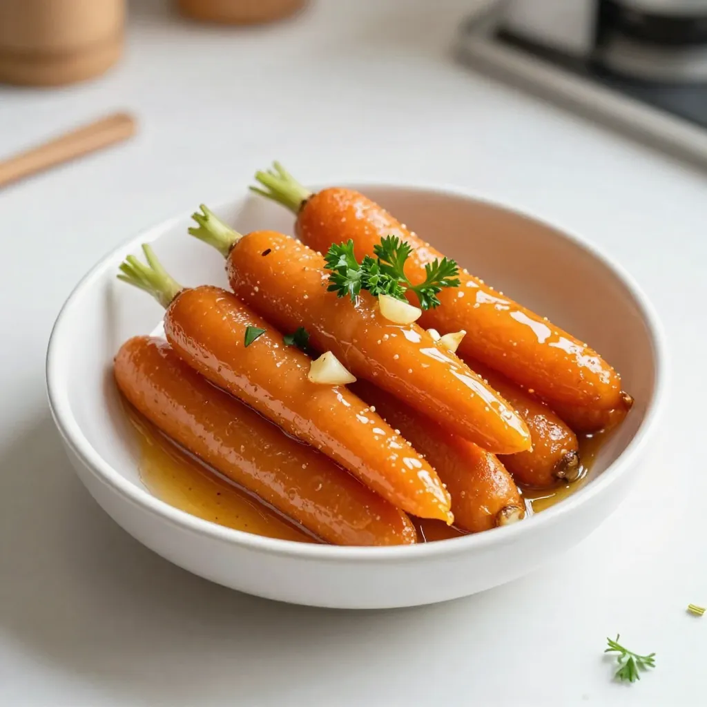 - 1 pound baby carrots (or 4 large carrots, peeled and thinly sliced into rounds) - 3 tablespoons honey - 2 tablespoons unsalted butter - 3 cloves garlic, finely minced - 1 tablespoon soy sauce (or tamari for a gluten-free alternative) - 1 teaspoon fresh ginger, freshly grated - Salt and freshly ground black pepper, to taste - Fresh parsley, finely chopped (for garnish) To make honey garlic glazed carrots, you need just a few simple items. Start with baby carrots, or go for large ones if that's what you have. For extra sweetness and flavor, gather honey and unsalted butter. The magic in this dish comes from garlic, soy sauce, and fresh ginger. They give a tasty kick to the sweet glaze. Don’t forget salt and black pepper to round out the flavors. Finally, fresh parsley adds a pop of color and freshness when you serve it. Collect these ingredients, and you are ready to create a delicious side that will please everyone at the table! {{ingredient_image_2}} Start by washing the baby carrots under cold water. If you choose large carrots, peel and slice them into thin rounds about 1/4 inch thick. This size helps them cook evenly. Make sure all pieces are similar in thickness. This step is key to ensure that no carrot is too soft or too crunchy. In a medium-sized saucepan, melt the butter over medium heat. Let it foam gently without browning. Once the butter is melted, add minced garlic and freshly grated ginger. Sauté for about 30 seconds, stirring all the time. You want the garlic to smell great, not burnt. After the garlic becomes fragrant, pour in the honey and soy sauce. Stir until it blends smoothly. Now, add the prepared carrots to the pan. Make sure they are well-coated with the honey garlic glaze. Add a sprinkle of salt and black pepper to taste. Cover the pan with a lid and cook for about 10 to 12 minutes. Stir occasionally to ensure even cooking. This time allows the flavors to blend and the carrots to soften while staying slightly crisp. After this initial cooking, take off the lid and cook for another 3 to 5 minutes. This helps the glaze thicken and stick to the carrots. Once the carrots are tender and the glaze is thick, taste and adjust the seasoning if needed. Finally, transfer the glazed carrots to a serving dish and sprinkle with fresh parsley for a beautiful finish. To make your honey garlic glazed carrots truly yours, adjust the seasoning. Taste your dish as you cook. If you prefer more sweetness, add a little more honey. For a saltier kick, add a pinch of salt or soy sauce. You can also add a splash of apple cider vinegar for a tangy twist. To enhance the glaze's taste, consider adding a dash of chili flakes. This will give the dish a mild heat. You can also mix in a touch of orange juice for a citrusy note. Each small change can transform the flavor. When serving, arrange the carrots in a shallow bowl or platter. This helps showcase their bright color. Drizzle any leftover glaze over the carrots for an appealing look. Garnishing with fresh parsley adds a pop of green. Simply chop the parsley finely and sprinkle it on top. This not only looks nice but also adds freshness to each bite. Pro Tips Use Fresh Ingredients: For the best flavor, opt for fresh garlic and ginger. Their vibrant taste enhances the glaze and overall dish. Adjust Sweetness: Depending on your preference, feel free to adjust the amount of honey. You can add more for a sweeter dish or less if you prefer a more savory flavor. Don’t Overcook: Keep an eye on the cooking time to ensure the carrots remain tender yet slightly crisp. Overcooked carrots can become mushy and lose their appealing texture. Garnish Creatively: Experiment with different herbs for garnish, such as thyme or dill, to add a unique twist to the dish while enhancing its visual appeal. {{image_4}} You can switch honey for maple syrup. Maple syrup gives a new flavor. It adds a sweet, earthy taste. This change works great for those who want a vegan option. You can also try different vegetables. While carrots are classic, parsnips or sweet potatoes are tasty too. Each veggie brings its own unique flavor. Just make sure to cut them into even pieces. This helps them cook well. For gluten-free eaters, use tamari instead of soy sauce. Tamari has a similar flavor but is safe for those avoiding gluten. Always check labels to confirm they are gluten-free. If you want a vegan version, swap butter for olive oil. This keeps the dish plant-based. You can also skip the honey and use agave syrup. Each option still gives a sweet touch to the dish. To store leftover honey garlic glazed carrots, first cool them to room temperature. Then, place them in an airtight container. This keeps the glaze from becoming too sticky. You can store them in the refrigerator for up to 3 days. If you want to keep them longer, consider freezing them. Just remember to use a freezer-safe container. For reheating, I recommend using a stovetop method. Heat a non-stick skillet over low heat. Add the carrots and a splash of water to help steam them. This helps keep their crunch. Stir gently until warmed through. You can also microwave them, but be cautious. Cover the bowl with a damp paper towel to lock in moisture. This way, you maintain the flavor and texture. Can I prepare this dish in advance? Yes, you can prepare honey garlic glazed carrots in advance. Cook the carrots until tender, then let them cool. Store them in an airtight container in the fridge for up to three days. When ready to serve, gently reheat them in a pan. This method keeps them tasty and saves time. What can I serve with honey garlic glazed carrots? Honey garlic glazed carrots pair well with many dishes. They complement roasted chicken, grilled steak, or baked fish. You might also serve them with rice or quinoa for a complete meal. Their sweet and savory flavors balance rich and spicy foods nicely. How can I make this recipe spicier? To add spice to your honey garlic glazed carrots, try adding red pepper flakes or sriracha. Start with a small amount and taste as you go. You can also mix in some cayenne pepper for a warmer kick. Adjust the spice level to fit your taste. You now know how to make tasty honey garlic glazed carrots. We covered the right ingredients, from baby carrots to flavor boosters. You learned step-by-step how to prepare, cook, and finish these delicious carrots. Don't forget to adjust the glaze to fit your taste, and feel free to try different veggies. Storing leftovers is easy, and reheating them helps keep their flavor. Enjoy this great dish at your next meal. Your table will shine with these sweet and savory carrots!