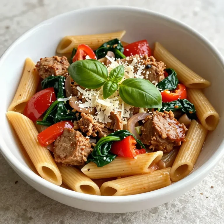 - 1 pound ground turkey sausage - 12 ounces pasta (penne or rotini are excellent choices) - 1 tablespoon extra-virgin olive oil - 1 medium onion, diced - 3 cloves garlic, minced - 1 bell pepper (red or yellow), diced - 1 can (14.5 ounces) diced tomatoes, with juices - 4 cups low-sodium chicken broth - 1 teaspoon Italian seasoning blend - Salt and freshly ground black pepper to taste - 1 cup fresh spinach leaves, roughly chopped - 1/2 cup freshly grated Parmesan cheese - Fresh basil leaves for garnish The main ingredients of this dish are simple yet flavorful. Ground turkey sausage provides a lean protein base. The pasta, whether you use penne or rotini, holds up well in a one-pot meal. Fresh vegetables like onion, garlic, and bell pepper add great flavor and texture. Diced tomatoes and chicken broth create a rich sauce that brings everything together. Italian seasoning adds warmth, while spinach and Parmesan finish the dish with freshness and creaminess. - 1/2 teaspoon red pepper flakes (optional, for added heat) - Additional garnishes like extra Parmesan or herbs Red pepper flakes are a perfect touch if you like a bit of spice. Garnishes like more Parmesan or fresh herbs can elevate your dish and make it look stunning. - Average calories per serving: 450 - Key nutrients: - Protein: 30g - Carbohydrates: 50g - Fat: 15g This dish is not only tasty but also packed with nutrients. Each serving gives you a good balance of protein, carbs, and healthy fats. It’s perfect for busy nights when you want a wholesome meal fast. {{ingredient_image_2}} To cook the turkey sausage, heat olive oil in a heavy pot over medium heat. Once the oil shimmers, add the ground turkey sausage. Use a wooden spoon to break it apart as it cooks. This helps it brown well. Cook for about 5 to 7 minutes. You want it to be nicely browned and fully cooked. This browning adds great flavor to your dish. Next, add the diced onion and bell pepper to the pot. Stir them in and cook for 4 to 5 minutes. This softens the veggies and brings out their sweetness. After that, add the minced garlic. Cook for about 1 minute. You want the garlic to be fragrant and lightly golden. This step enhances the overall flavor of your pasta. Now, it’s time to combine everything. Pour in the diced tomatoes with their juices and the chicken broth. Then, add the pasta, Italian seasoning, and optional red pepper flakes. Make sure to season with salt and pepper. The ratio of liquid to pasta is key here. It ensures the pasta cooks properly. Bring to a gentle boil, then reduce to a simmer. Cover the pot and cook for 10 to 12 minutes. Stir occasionally to prevent sticking. You want the pasta to be al dente, which means it should be firm but cooked through. This will make your dish perfect! To make this dish your own, start by adjusting the seasoning. I often add more salt or pepper to suit my taste. You can also try adding fresh herbs like thyme or oregano. They boost the flavor and freshness. I love using a heavy-bottomed pot for this recipe. It helps distribute heat evenly. This way, I avoid burning the food. One-pot cooking is great for flavor, too. All the ingredients mix well, making each bite delicious. Plus, cleanup is a breeze! Serve the pasta in shallow bowls for a nice look. Drizzle a bit of olive oil on top for extra taste. I like to garnish with fresh basil and a sprinkle of Parmesan cheese. This makes the dish pop and look inviting! Pro Tips Use Fresh Herbs: Fresh basil can elevate the flavor of this dish significantly. Don’t hesitate to add a handful of chopped fresh basil at the end for a burst of freshness. Choose the Right Pasta: Opt for pasta shapes like penne or rotini, which hold the sauce well and provide a delightful texture. Adjust the Spice Level: If you enjoy heat, feel free to increase the red pepper flakes or add a diced jalapeño for an extra kick. Make it Creamy: For a creamier texture, stir in a splash of heavy cream or a dollop of cream cheese once the pasta is cooked. {{image_4}} You can switch out the ground turkey sausage for other types of meat. Try chicken sausage or even lean pork sausage. If you want a plant-based option, use crumbled tempeh or a meat substitute like lentils. For pasta, while I like penne or rotini, you can use any shape you prefer. Bowtie or fusilli also works well. If you want to cut carbs, try zucchini noodles or spaghetti squash. To make this dish gluten-free, use gluten-free pasta. There are many brands that taste great. Just check the cooking time, as it may differ from regular pasta. For a vegetarian version, skip the sausage. Use mushrooms or eggplant for texture. You can also add chickpeas for protein. Just make sure to adjust your seasonings for a flavorful dish. Add some cherry tomatoes for extra sweetness and color. You can also toss in olives or artichokes for a Mediterranean twist. When it comes to cheese, Parmesan is classic, but try mozzarella for a gooey texture. Feta can add a nice tang. Feel free to mix and match cheeses to find your favorite flavor! To keep your leftovers fresh, place them in an airtight container. Make sure the pasta cools down before sealing the container. Store it in the fridge for up to three days. If you want to enjoy it later, consider freezing it. To freeze the dish, let it cool completely. Transfer it to a freezer-safe container. Label it with the date and contents. You can freeze it for up to three months. When you're ready to eat, thaw it overnight in the fridge. Reheat it on the stove over low heat. Add a splash of chicken broth or water to keep it moist. You can chop the onion, bell pepper, and garlic ahead of time. Store them in the fridge in separate containers. This makes cooking quicker and easier. For quick meals, reheat the pasta in the microwave or on the stove. Add a little olive oil or broth to help it heat evenly. Enjoy a tasty meal in no time! To check if the pasta is cooked, taste a piece. If it feels firm but not hard, it's al dente. This means it has a slight bite but is not crunchy. You can also look for a soft texture. If the pasta sticks to your teeth, it needs more time. Yes, you can make this dish vegetarian! Swap the ground turkey sausage for plant-based sausage or mushrooms. You can also use lentils or chickpeas for protein. These options add flavor and texture without meat. Penne and rotini are great for one-pot meals. They hold sauce well and cook evenly. Other good choices include fusilli and farfalle. Each shape cooks in about 10 to 12 minutes, but always check the package for exact times. You now have a clear roadmap for a delicious one-pot turkey sausage pasta. We covered key ingredients like ground turkey, the right pasta, and fresh veggies. I shared tips on cooking sausage, timing vegetables, and achieving that perfect al dente texture. Explore variations to fit your diet and learn easy methods for storing leftovers. Try these steps, and enjoy a tasty meal that can please everyone. Cooking can be fun and rewarding, so give it a go!