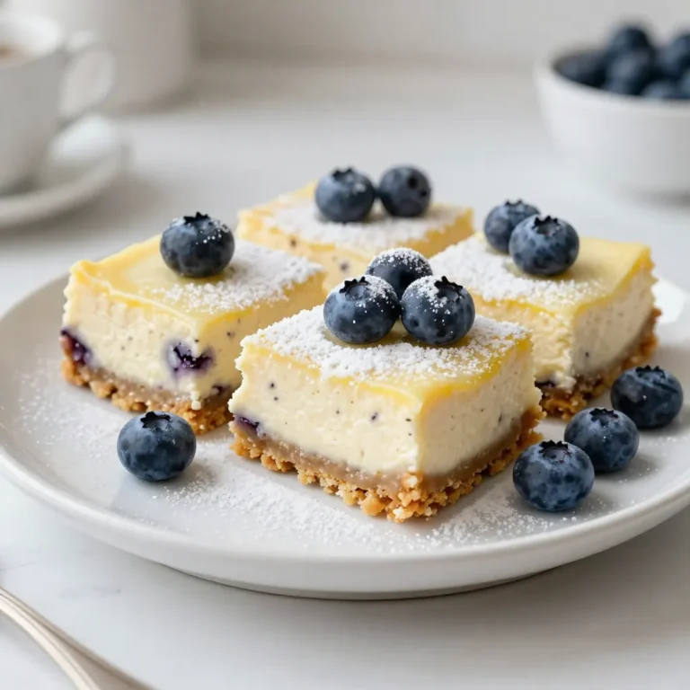 To create delicious Lemon Blueberry Cheesecake Bars, you will need: - 1 ½ cups graham cracker crumbs - ½ cup unsalted butter, melted - 2 cups cream cheese, softened to room temperature - 1 cup granulated sugar - 2 large eggs, at room temperature - ⅓ cup sour cream - Zest of 1 large lemon - ¼ cup fresh lemon juice - 1 teaspoon pure vanilla extract - 1 ½ cups fresh blueberries (plus extra for garnish) These ingredients bring together the sweet, tangy, and creamy flavors that make these bars a hit. Each ingredient plays a key role in the overall taste. If you need to substitute, here are some ideas: - Use gluten-free graham crackers for a gluten-free version. - Swap granulated sugar for coconut sugar for a different taste. - You can replace sour cream with Greek yogurt for a lighter option. Always ensure the substitutes match in texture and moisture. Using fresh ingredients is crucial for great flavor. Fresh blueberries burst with sweetness and color. Fresh lemon juice and zest give the bars a vibrant zing. When ingredients are fresh, your cheesecake bars will taste better and look more appealing. Trust me; the difference is huge! {{ingredient_image_2}} Start by preheating your oven to 350°F (175°C). This step is key for even baking. While the oven warms up, take an 8x8 inch baking pan. Grease it with cooking spray or line it with parchment paper. If you use parchment, let some hang over the edges. This will help you lift out the bars later. In a medium bowl, mix 1 ½ cups graham cracker crumbs with ½ cup melted butter. Stir until the crumbs look like wet sand. Press the mixture firmly into the bottom of your pan. Make sure it’s even. Bake the crust for 10 minutes. After that, let it cool completely. For the filling, take a large bowl. Beat 2 cups softened cream cheese and 1 cup granulated sugar with an electric mixer on medium speed. Mix for about 2-3 minutes until it’s smooth and creamy. Scrape down the bowl as needed. Add 2 large eggs one at a time. Mix well after each egg. Now, gently fold in ⅓ cup sour cream, the zest of 1 lemon, ¼ cup lemon juice, and 1 teaspoon vanilla. Mix until it’s all blended. Finally, carefully fold in 1 ½ cups fresh blueberries. Pour the cheesecake filling over your cooled crust in the pan. Use a spatula to smooth the top. Bake for 30-35 minutes. The center should be set but still jiggle slightly. Once done, let it cool at room temperature for 30 minutes. Then, put it in the fridge to chill for at least 3 hours. When it’s firm and cold, you can slice it into squares. When making lemon blueberry cheesecake bars, avoid over-mixing the batter. Over-mixing can add too much air, making the texture less creamy. Also, do not skip the chilling step. Chilling helps the bars set properly. If you cut them too soon, they may fall apart. Lastly, be careful not to crush the blueberries while folding them in. This keeps the bursts of flavor intact. To get a smooth and creamy filling, ensure your cream cheese is at room temperature. Cold cream cheese will not blend well. When adding eggs, mix one at a time. This helps each egg blend in fully. For a creamy texture, fold in the sour cream and lemon juice gently. This keeps your mixture light and fluffy. To make your cheesecake bars look appealing, use a nice platter. A sprinkle of powdered sugar adds a sweet touch. Garnish each bar with fresh blueberries for color. If you want a fresh look, add a sprig of mint beside each piece. This not only looks great but also adds a hint of flavor. Pro Tips Chill the Cream Cheese: Make sure your cream cheese is at room temperature for a perfectly smooth batter. If it's too cold, it will be lumpy and difficult to mix. Use Fresh Blueberries: Fresh blueberries will provide the best flavor and texture. If using frozen, ensure they are thawed and drained to avoid excess moisture in the batter. Don’t Overbake: Keep an eye on your cheesecake bars as they bake. They should be set around the edges but still slightly jiggly in the center for a creamy texture. Let Them Chill: For the best flavor and texture, allow your cheesecake bars to chill in the refrigerator for at least 3 hours, or overnight if possible. {{image_4}} You can easily make gluten-free lemon blueberry cheesecake bars. Swap graham cracker crumbs for gluten-free options. Look for brands that use almond flour or gluten-free cookies. Use the same amount as listed in the recipe. This way, you can enjoy the same taste without gluten. If you prefer a vegan version, use plant-based cream cheese. Brands like Tofutti or Daiya work well. Replace eggs with flax eggs: mix one tablespoon of flaxseed meal with three tablespoons of water. Let it sit for five minutes. Use coconut cream instead of sour cream for a rich texture. These swaps keep the bars creamy and delicious. Feel free to switch up the berries! Raspberries or strawberries add a nice twist. You can even mix berries for a fun look. For a citrus kick, try lime or orange juice and zest instead of lemon. Each option brings a unique taste, making these bars exciting every time you bake. To keep your lemon blueberry cheesecake bars fresh, store them in the fridge. Use an airtight container. This helps maintain their flavor and texture. Make sure they are fully chilled before you cover them. They will stay good for about five days in the fridge. If you plan to keep them longer, freezing is a great option. To freeze your cheesecake bars, first, let them cool completely. Then, cut them into squares. Wrap each square in plastic wrap. Place them in a freezer-safe bag or container. This method prevents freezer burn. They can last for up to three months in the freezer. When you want to eat them, just move them to the fridge the night before. When serving from the fridge, you can eat them cold. If you prefer them warm, heat them slightly. Place a piece in the microwave for about 10-15 seconds. This gives a nice soft texture. You can also let them sit at room temperature for a few minutes before serving. Enjoy them with extra blueberries on top for a fresh touch! Lemon blueberry cheesecake bars stay fresh for about 5 days in the fridge. Store them in an airtight container to keep them moist and tasty. If you want them to last longer, you can freeze them for up to 3 months. Just make sure to wrap them well. Yes, you can make these cheesecake bars a day ahead. They taste even better after chilling overnight. Just bake them, cool, and chill in the fridge. When you are ready to serve, cut them into squares and garnish with blueberries. To cut cheesecake bars, use a sharp knife. Dip the knife in hot water, then dry it off. This helps make clean cuts. For serving, place the bars on a nice plate. Add extra blueberries on top for a fun touch. Absolutely! You can swap blueberries for raspberries, strawberries, or blackberries. Just keep the fruit fresh and adjust the sugar if needed. Each fruit will give the bars a unique flavor, so feel free to get creative! Lemon blueberry cheesecake bars are simple and fun to make. Fresh ingredients are key for great taste. You learned how to prepare the crust and filling, avoid mistakes, and achieve the best texture. Variations let you cater to different diets and tastes. Store your bars correctly for long-lasting flavor. With this guide, you can create a delicious treat that will impress everyone. Enjoy experimenting with new flavors and sharing your results!