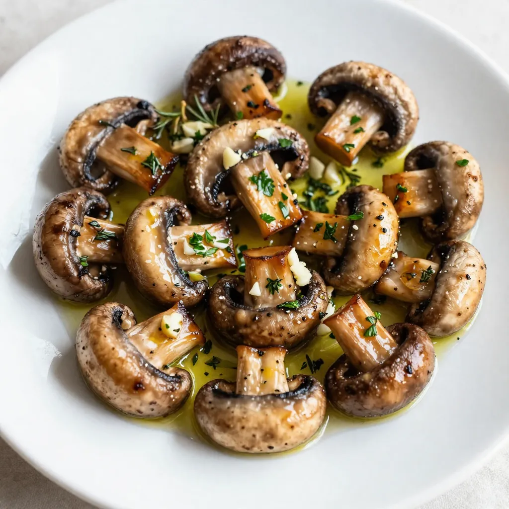 To make these tasty garlic herb roasted mushrooms, you need: - 500g fresh mushrooms (cremini or button) - 4 cloves of garlic, finely minced - 3 tablespoons extra virgin olive oil - 1 teaspoon dried thyme - 1 teaspoon dried rosemary - 1 teaspoon dried oregano - Salt and freshly ground black pepper, to taste - Fresh parsley, finely chopped (for garnish) These fresh mushrooms are the star of the dish. They soak up the flavors well. Garlic adds a strong taste that pairs perfectly with herbs. Olive oil helps to crisp the outside while keeping the inside tender. If you want to boost the flavor, consider these optional ingredients: - Lemon juice for a zesty kick - Red pepper flakes for heat - Parmesan cheese for richness Adding a splash of lemon juice brightens the dish. A sprinkle of red pepper flakes gives it a nice kick. Parmesan cheese can add a creamy texture and a savory depth. You can swap some ingredients for a twist on the recipe: - Use different mushroom types like shiitake or portobello. - Replace olive oil with melted butter for a richer taste. - Try fresh herbs if you have them; use three times more than dried. These substitutions help you customize the dish to your taste. Different mushrooms can change the texture and flavor profile. Butter adds a nice richness, perfect for a special dinner. Fresh herbs bring a bright aroma that dried herbs can't match. {{ingredient_image_2}} Start by cleaning your mushrooms. I like to use cremini or button mushrooms. Make sure to trim the stems. Cleaning is key for great flavor. Place the cleaned mushrooms in a large bowl. They should be dry and ready for seasoning. In a separate bowl, mix the minced garlic and olive oil. Add dried thyme, rosemary, and oregano to this mix. Then, season with salt and freshly ground black pepper. Stir this mixture well to combine all the flavors. This coating will give the mushrooms a rich taste. Preheat your oven to 200°C (400°F). Line a baking sheet with parchment paper. Now, add the cleaned mushrooms to the garlic herb mix. Gently toss them until they are well coated. Lay them out in a single layer on the baking sheet. Make sure they have space between them. This helps them roast evenly. Place the baking sheet in the oven. Roast for 20 to 25 minutes. Stir the mushrooms halfway through for even cooking. When they are golden brown, take them out. Let them cool for a few moments. Garnish with freshly chopped parsley before serving. This adds color and flavor! To get perfect garlic herb roasted mushrooms, follow these tips. First, choose fresh mushrooms. Cremini and button varieties work best. Clean them well but avoid soaking them in water. This helps them stay firm. Next, use enough olive oil. It helps the mushrooms roast evenly. Spread them out on the baking sheet. If they are too close, they will steam instead of roast. Turn them halfway through cooking. This ensures they brown nicely on all sides. These mushrooms shine as a side dish. Serve them with grilled meats or fish. They also pair well with pasta dishes. You can add them to salads for extra flavor. For a fun touch, serve them in a bowl with fresh herbs on top. Drizzle a bit of olive oil for a nice finish. If you have leftover bread, it makes a great addition. Use it to soak up any tasty juices. Avoid using old or slimy mushrooms. Freshness matters for taste and texture. Don't skip the preheating step. A hot oven ensures even cooking. If you crowd the baking sheet, your mushrooms will steam. Keep them in a single layer. Also, don’t forget to stir halfway through. This helps all sides get that lovely golden color. Lastly, resist the urge to rush the roasting time. Take the full 20-25 minutes for tender, flavorful results. Pro Tips Choosing the Right Mushrooms: Opt for fresh cremini or button mushrooms for the best flavor and texture in this dish. Minimizing Water Release: Avoid soaking mushrooms in water when cleaning; instead, use a damp cloth to wipe them clean. Enhancing Flavor: For an extra layer of richness, consider adding a splash of balsamic vinegar to the herb mixture before roasting. Perfect Roasting: Ensure mushrooms are spaced out on the baking sheet to allow even roasting and to prevent steaming. {{image_4}} You can use many types of mushrooms for this dish. Cremini mushrooms work well for their rich flavor. Button mushrooms are great for their mild taste. Shiitake mushrooms add a nice, earthy note. Portobello mushrooms can create a heartier dish. Just pick the one you like best. You can mix in different herbs easily. Fresh thyme can bring a bright taste. Basil adds a sweet touch, while sage adds depth. For a kick, try red pepper flakes. Each herb or spice can change the dish in fun ways, so feel free to experiment. To make this dish a full meal, pair the mushrooms with grains. Quinoa or rice works nicely. You can also add roasted vegetables for more color and flavor. Top with a protein like chicken or tofu to round it out. This way, garlic herb roasted mushrooms become a meal your family will love. To keep your leftover garlic herb roasted mushrooms fresh, let them cool first. Place them in an airtight container. Make sure to use a container that fits snugly. This helps keep moisture out. Store them in the fridge. They will stay good for about 3 to 5 days. If you notice any off smell or sliminess, throw them away. When you want to reheat your mushrooms, avoid the microwave. The microwave can make them soggy. Instead, use a skillet on low heat. Add a splash of olive oil to bring back the flavor. Stir them gently until they are warm. You can also reheat them in the oven. Set it to 180°C (350°F) and heat for about 10 minutes. You can freeze garlic herb roasted mushrooms, but their texture may change. To freeze, let them cool fully. Spread them out on a baking sheet. Freeze them for a few hours until firm. Then, pack them into a freezer bag. Remove as much air as possible. They can last in the freezer for up to 3 months. When ready to use, thaw in the fridge overnight and reheat as mentioned above. Yes, you can use dried mushrooms. However, they need prep. First, soak them in warm water for 20-30 minutes. This softens them and brings back their flavor. After soaking, drain and pat them dry. Then, follow the same steps as fresh mushrooms. Remember, dried mushrooms may have a stronger taste, so adjust your seasonings. Garlic herb roasted mushrooms pair well with many dishes. Here are some ideas: - Serve them on a bed of creamy polenta. - Add them to pasta for a quick meal. - Enjoy them with grilled meats or fish. - Use them as a topping for bruschetta. - They also shine as a side dish for a fresh salad. Garlic herb roasted mushrooms last about 3-5 days in the fridge. Store them in an airtight container. If you want to keep them longer, you can freeze them. Just remember to cool them first. Then, place them in a freezer-safe bag. They should last up to 3 months in the freezer. You now know how to make garlic herb roasted mushrooms. We covered key ingredients, optional flavors, and substitutes. I provided step-by-step cooking instructions and shared tips to avoid common mistakes. You learned about variations, storage, and even answered common questions. Roasted mushrooms are simple, tasty, and versatile. You can enjoy them as a side or turn them into a meal. I encourage you to try this recipe and make it your own. Your taste buds will thank you!
