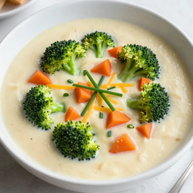 - 2 cups fresh broccoli florets - 1 cup carrots, diced - 1 medium onion, finely chopped - 3 cloves garlic, minced - 4 tablespoons unsalted butter - 1/4 cup all-purpose flour - 4 cups vegetable broth - 1 cup whole milk - 2 cups shredded sharp cheddar cheese - 1 teaspoon Dijon mustard - Salt and pepper, to taste - A pinch of red pepper flakes (optional for heat) - Fresh chives, chopped, for garnish To make this creamy broccoli cheddar soup, you need fresh and simple ingredients. Start with two cups of fresh broccoli florets. They add color and nutrition. Next, use one cup of diced carrots. The carrots add sweetness and texture. You will also need one medium onion, finely chopped. The onion brings a strong flavor base. Add three cloves of minced garlic for an aromatic touch. For the pantry staples, gather four tablespoons of unsalted butter. This will help create a rich flavor. You also need a quarter cup of all-purpose flour. This helps thicken the soup. Next, grab four cups of vegetable broth. This gives the soup depth. Use one cup of whole milk for creaminess. Now for the flavor enhancers. You will need two cups of shredded sharp cheddar cheese. This is what makes the soup cheesy and delicious. A teaspoon of Dijon mustard adds a nice tang. Don't forget salt and pepper to taste. If you like a little heat, add a pinch of red pepper flakes. Lastly, chop fresh chives for garnish. They add a pop of color and flavor. With these ingredients, you can create a warm and comforting soup. {{ingredient_image_2}} - Step 1: Melt 4 tablespoons of unsalted butter in a large pot over medium heat. Once melted, add 1 medium onion, finely chopped, and 1 cup of diced carrots. Sauté for about 5 minutes until the onion is soft and clear. - Step 2: Next, add 3 cloves of minced garlic to the pot. Cook for an additional minute. Stir it gently so it doesn’t burn. - Step 3: Now, sprinkle 1/4 cup of all-purpose flour over the veggies. Stir constantly for about 2-3 minutes. This mixture will thicken and form a roux. - Step 4: Gradually whisk in 4 cups of vegetable broth. Keep stirring to avoid lumps. Bring the mixture to a gentle simmer, stirring often. - Step 5: Add in 2 cups of fresh broccoli florets. Cook for 10-12 minutes until the broccoli is tender but still bright green. - Step 6: Lower the heat and stir in 1 cup of whole milk, 1 teaspoon of Dijon mustard, and 2 cups of shredded sharp cheddar cheese. Mix until the cheese melts and the soup is creamy. - Step 7: Season the soup with salt, pepper, and a pinch of red pepper flakes for some heat. Taste and adjust the seasoning if needed. - Step 8: For a smoother texture, use an immersion blender to puree part of the soup. You can also blend it in batches for the right consistency. - Step 9: Once ready, ladle the soup into bowls and top with freshly chopped chives for a pop of color and flavor. You can switch up the cheese for fun flavors. Try gouda for a smoky twist. Fontina gives a creamy touch, while pepper jack adds spice. If you want a richer soup, use half-and-half instead of milk. This keeps it creamy without being too heavy. You can also swap the vegetable broth for chicken broth if you like. Using an immersion blender is easy and quick. You can blend the soup right in the pot. This method makes it smooth without extra dishes. If you use a regular blender, let the soup cool a bit before blending. Blend in batches and be careful with hot liquids. Aim for a creamy yet slightly chunky texture for the best taste. Add herbs like thyme or rosemary for more depth. A splash of lemon juice brightens the flavors. You can also stir in a bit of nutmeg for warmth. For serving, crusty bread pairs well with the soup. Consider a light salad on the side for balance. Add croutons on top for extra crunch and fun! Pro Tips Freshness Matters: Always use fresh broccoli for the best flavor and texture in your soup. Cheese Choice: Opt for sharp cheddar cheese for a bolder flavor that stands out in the creamy base. Perfect Consistency: For a creamier soup, blend a portion of the soup with an immersion blender to achieve your desired texture. Seasoning is Key: Don’t forget to taste the soup before serving and adjust the seasoning to enhance the flavors. {{image_4}} You can make your creamy broccoli cheddar soup even better by adding seasonal veggies. Carrots and peas work well in spring. Try squash in the fall. Each vegetable brings new flavors and colors. You can also swap cheese types to change the taste. For a milder soup, use Monterey Jack. For a bolder flavor, try smoked gouda. Each choice makes the soup unique. If you want a gluten-free version, use gluten-free flour for the roux. This helps thicken the soup without wheat. You can also make a vegan version. Use plant-based milk instead of whole milk. Choose a dairy-free cheese to keep it creamy. These changes keep the soup tasty while meeting different diets. Some people like chunky soup, while others prefer it smooth. If you want a chunky soup, don’t blend it. Just cook the broccoli until it’s tender. For a creamier texture, use an immersion blender. Blend part of the soup until smooth, then stir it back in. You can also add grains or protein for more substance. Quinoa or cooked chicken can make the soup heartier. To keep your creamy broccoli cheddar soup fresh, store it in an airtight container. Make sure it cools down first before sealing it. This helps to avoid extra moisture inside the container. When you reheat it, heat it slowly over low heat. Stir often to keep it from sticking to the pot. You can freeze this soup for later meals. First, let it cool fully. Then, pour it into freezer-safe containers, leaving some space at the top for expansion. When you’re ready to eat it, move the soup to the fridge to thaw overnight. For quick thawing, put the container in warm water. In the fridge, this soup lasts about 3 to 4 days. If frozen, it can last up to 3 months. Look for signs of spoilage like off smells, changes in color, or mold. If you see any of these, it's best to toss the soup. To make this soup vegan, swap dairy and cheese with plant-based options. Use almond or oat milk instead of whole milk. For cheese, try a vegan cheese that melts well. You can also use nutritional yeast for a cheesy flavor. For butter, choose a vegan butter or olive oil. These swaps keep the soup rich and creamy. Yes, you can make this soup in advance. Prepare the soup and let it cool. Store it in an airtight container in the fridge for up to three days. To reheat, warm it gently on the stove. If the soup thickens, add a splash of broth or milk while reheating to loosen it up. This soup pairs well with crusty bread or a fresh salad. You can also serve it with grilled cheese sandwiches for a cozy meal. For a lighter option, try a side of steamed vegetables. These sides complement the creamy soup and add more flavor to your meal. In this blog post, we explored making creamy broccoli cheddar soup. We covered fresh ingredients, pantry staples, and flavor enhancers. The step-by-step guide walked you through preparing the base, building the soup, and adding final touches. Plus, we shared tips for substitutions and variations to suit your tastes. Remember, this soup adapts well to your needs. Enjoy making it your own and savoring each delicious bowl. Keep experimenting with new flavors and techniques, and soon you’ll have a favorite recipe to share.