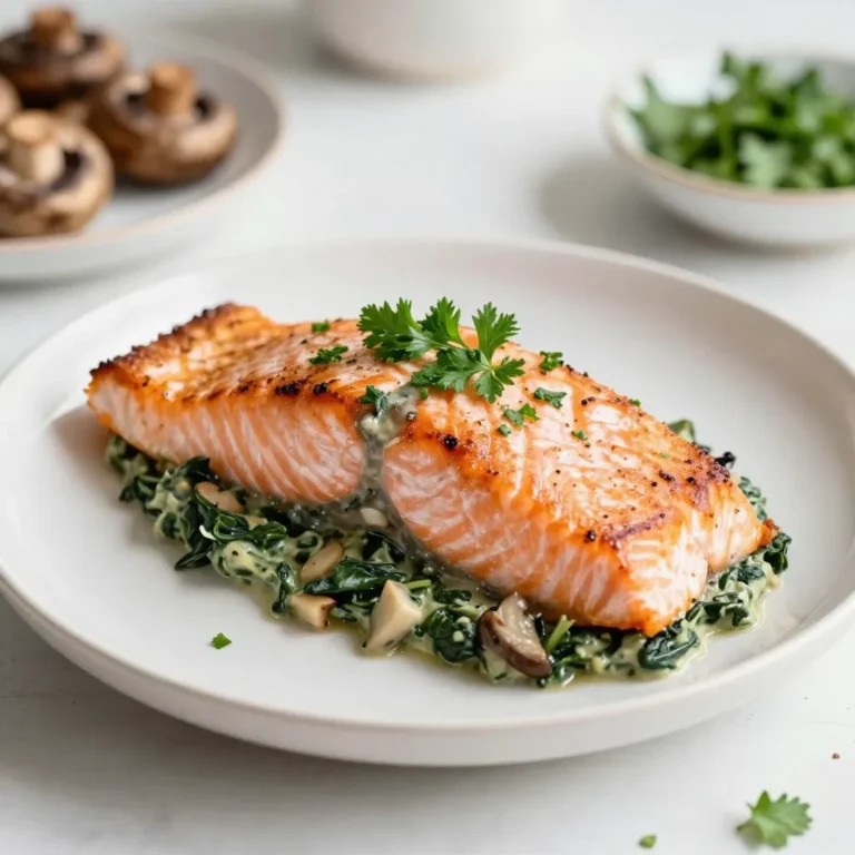 To make Mushroom Spinach Stuffed Salmon, you need the following ingredients: - 4 salmon fillets (approximately 6 oz each, skinless) - 1 cup fresh spinach, roughly chopped - 1 cup mushrooms, finely chopped (choose any variety like cremini, shiitake, or button) - 1/2 cup cream cheese, softened to room temperature - 1/4 cup freshly grated Parmesan cheese - 2 cloves garlic, minced - 1 tablespoon olive oil - Salt and freshly ground black pepper to taste - 1 teaspoon lemon zest (freshly grated for best flavor) - Fresh parsley, finely chopped (for garnish) You can add more flavors or health benefits by trying these optional ingredients: - Fresh herbs like dill or basil for added taste - Sun-dried tomatoes for a tangy twist - Chopped nuts like walnuts for a crunchy texture - Feta cheese instead of Parmesan for a different cheese flavor To prepare this dish, gather the following tools: - A sharp knife for cutting the salmon - A skillet for cooking the filling - A mixing bowl for combining ingredients - A baking sheet lined with parchment paper - A spatula for serving the salmon With these ingredients and equipment, you are ready to create a delicious meal. Enjoy the process and savor each step! {{ingredient_image_2}} First, we make the filling. Heat one tablespoon of olive oil in a skillet over medium heat. Once the oil is hot, add two cloves of minced garlic. Sauté the garlic for about one minute. You want the garlic fragrant but not burnt. Next, add one cup of finely chopped mushrooms to the skillet. Cook the mushrooms for about five to seven minutes. They should soften and lose their liquid. This step is key for deep flavor. Then, add one cup of roughly chopped spinach. Stir it in and cook for an additional two to three minutes. You want the spinach to wilt down. Once everything is cooked, remove the skillet from heat. Let the mixture cool for a few minutes. Now, in a medium bowl, combine the cooled mixture with half a cup of softened cream cheese and a quarter cup of grated Parmesan cheese. Add one teaspoon of freshly grated lemon zest and season with salt and pepper. Mix until everything is creamy and well combined. Now, let’s prepare the salmon. Take four skinless salmon fillets and pat them dry with a paper towel. This helps remove excess moisture. Using a sharp knife, carefully create a pocket in each fillet. Slice horizontally, but do not cut all the way through. This pocket will hold our delicious filling. Next, take your stuffing and spoon it generously into each salmon pocket. Press it down slightly to pack the filling without tearing the fish. Make sure each fillet has enough stuffing for great flavor. Now, it’s time to bake! Preheat your oven to 375°F (190°C). Line a baking sheet with parchment paper. Place the stuffed salmon fillets on the sheet. Drizzle a small amount of olive oil over the top, and season with a pinch of salt and pepper for extra flavor. Bake the salmon in the preheated oven for about 15 to 20 minutes. Keep an eye on it. You know it’s done when the salmon flakes easily with a fork. Once cooked, remove it from the oven and let it rest for a minute. For a fresh touch, garnish with finely chopped parsley before serving. Enjoy your meal! When you select fresh salmon, look for bright, shiny skin. The flesh should be moist and firm. A nice pink or orange hue shows quality. Smell is important too; fresh salmon should have a mild ocean scent. Avoid fish that smells overly fishy. This is a sign of age. Ask your fishmonger for advice if unsure. They can help you find the best option. For the stuffing, I love using cremini or shiitake mushrooms. Both have a rich, earthy flavor. Button mushrooms work well too, but they are milder. You can mix different types for a unique taste. Just chop them finely to ensure even cooking. This helps the filling blend well with the salmon. To keep your salmon moist, watch your cooking time. Bake it for 15 to 20 minutes at 375°F. If you have a meat thermometer, aim for 145°F in the thickest part. Another trick is to take it out when it flakes easily with a fork. Let it rest for a minute before serving. This helps keep the juices inside. Pro Tips Use Fresh Ingredients: Always opt for fresh spinach and mushrooms for the best flavor and texture in your stuffing. Don’t Overcook the Salmon: Keep an eye on the salmon while baking; it should be just cooked through and flake easily without drying out. Experiment with Cheese: Feel free to mix different cheeses like feta or goat cheese for a unique flavor profile in your stuffing. Rest Before Serving: Allow the baked salmon to rest for a few minutes before serving; this will help retain its moisture and enhance the flavors. {{image_4}} If you want a lighter option, try Greek yogurt. It adds creaminess with less fat. Another choice is ricotta cheese. It offers a mild taste and keeps the filling fluffy. For a dairy-free option, use cashew cream. Blend soaked cashews with a bit of lemon juice and nutritional yeast for flavor. To boost protein, you can add shrimp or crab to the filling. Chop cooked shrimp into small pieces. Fold them into the mushroom and spinach mix. For crab, use lump crab meat for a sweet flavor. Both options make the dish heartier and more satisfying. Herbs and spices can take your dish to the next level. Fresh dill works well and adds a bright taste. You can also try thyme or oregano for warmth. A pinch of red pepper flakes adds a nice kick. Don't shy away from lemon juice for extra freshness. Experiment with different combinations to find what you love best! After you enjoy your mushroom spinach stuffed salmon, you may have some leftovers. To store them, let the salmon cool first. Place it in an airtight container. You can keep it in the fridge for up to three days. Make sure to keep it away from strong-smelling foods to avoid flavor changes. When you’re ready to enjoy leftovers, you can reheat them easily. The best way is to use the oven. Preheat your oven to 350°F (175°C). Place the salmon on a baking sheet. Cover it with foil to keep it moist. Heat for about 10-15 minutes or until it's warm. You can also use the microwave if you’re in a hurry, but be careful not to overcook it. Heat in short bursts of 30 seconds. If you want to save your stuffed salmon for later, freezing is a great option. First, let the salmon cool completely. Wrap each fillet tightly in plastic wrap. Then, place them in a freezer-safe bag or container. Label it with the date and type of dish. You can freeze the stuffed salmon for up to two months. When you're ready to eat, thaw it in the fridge overnight before reheating. Yes, you can use frozen salmon fillets for this recipe. Just remember to thaw them first. Place the fillets in the fridge overnight for best results. If you're short on time, you can run them under cold water for quicker thawing. Using frozen salmon may change the texture slightly, but the flavors will still shine through. Mushroom Spinach Stuffed Salmon pairs well with many side dishes. Here are some great options: - Sautéed greens: Spinach or kale complement the flavors. - Roasted vegetables: Carrots, bell peppers, or zucchini add color and taste. - Rice or quinoa: These grains soak up the juices and balance the meal. - Garlic mashed potatoes: Creamy potatoes enhance the dish's richness. - Simple salad: A fresh salad adds a nice crunch and acidity. Each of these sides can make your meal feel more complete and satisfying. To check if your salmon is cooked well, look for two signs: color and flakiness. The salmon should be opaque and have a light pink color. Use a fork to gently flake the thickest part of the fillet. If it flakes easily, it is ready. Cooking time can vary, but aim for 15-20 minutes at 375°F (190°C). Always keep an eye on it to avoid overcooking. Perfectly cooked salmon will be moist and tender, making your meal a delight. This blog post covered how to make Mushroom Spinach Stuffed Salmon from scratch. We explored the key ingredients, step-by-step instructions, and tips for perfecting the dish. You also learned about fun variations to customize it to your taste. In conclusion, making this dish is simple and rewarding. Enjoy the fresh flavors and the joy of cooking. You can impress anyone with a delicious meal made right at home. Don't hesitate to try this recipe and make it your own!