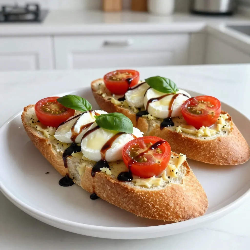 - 1 large French baguette or ciabatta loaf - 1/2 cup unsalted butter, softened to room temperature - 4 cloves of garlic, finely minced - 1/4 cup fresh basil leaves, chopped - 1 teaspoon salt - 1/2 teaspoon freshly ground black pepper - 1 cup fresh mozzarella cheese, sliced into rounds - 1 cup cherry tomatoes, halved - Balsamic glaze for drizzling - Extra basil leaves for garnish You can swap the baguette for any crusty bread you like. A sourdough loaf works well too. If you want a dairy-free option, use plant-based butter and cheese. For a zesty kick, add crushed red pepper flakes to the garlic butter. If fresh tomatoes are scarce, try sun-dried tomatoes for a rich flavor. Fresh basil can be replaced with dried herbs, but fresh gives the best taste. Always use fresh ingredients for the best flavor. Look for a baguette with a crisp crust and soft inside. Fresh garlic should smell strong, and basil leaves should be vibrant green. For the mozzarella, choose high-quality cheese that melts well. When buying tomatoes, pick ripe ones for the sweetest taste. Quality matters, so don’t skip on fresh ingredients! {{ingredient_image_2}} 1. First, preheat your oven to 400°F (200°C). This helps the bread get crispy. 2. In a medium bowl, mix together 1/2 cup of softened butter, 4 minced garlic cloves, and 1/4 cup of chopped basil. Add 1 teaspoon of salt and 1/2 teaspoon of black pepper. Stir until smooth. 3. Take your French baguette or ciabatta loaf and slice it in half lengthwise. Spread the garlic butter mix generously on both cut sides. 4. Place the bread halves on a baking sheet, cut sides facing up. 5. Bake the bread in the oven for about 10 minutes. Watch for the edges to turn golden brown. 6. Remove the bread from the oven. Layer 1 cup of fresh mozzarella slices evenly on the garlic buttered sides. Then, add 1 cup of halved cherry tomatoes on top. 7. Put the loaded bread back in the oven for another 5-7 minutes. You want the cheese to melt and bubble. - Use fresh mozzarella for the best melt. It gives a creamy texture. - Ensure the cheese covers the bread evenly. This helps it melt uniformly. - If you want extra gooey cheese, bake a little longer but keep an eye on it. - Drizzle balsamic glaze on top after baking for added flavor. This will enhance the taste even more! You can make this bread your own in many ways. Try adding different herbs like oregano or thyme. You can also switch up the cheese. Goat cheese or feta can bring a tangy flavor. If you love spice, add red pepper flakes to the garlic butter. For a twist, use pesto instead of garlic butter. It adds a fresh taste. You can even layer on some sliced olives for a briny kick. Get creative with your favorite toppings! Caprese garlic bread pairs well with many dishes. Serve it as a side with pasta or salad. A fresh tomato salad goes great too. You can also enjoy it with a hearty soup. Try it with minestrone or tomato soup for a cozy meal. For drinks, a crisp white wine, like Sauvignon Blanc, enhances the flavors. If you want something non-alcoholic, serve sparkling water with lemon. Avoid over-baking your bread. Check it closely to prevent burning. If you use too much garlic, it can overpower the dish. Stick to the recipe amounts for balance. Use fresh ingredients for the best taste. Old or wilted basil will ruin your flavor. Spread the garlic butter evenly to ensure all bites are tasty. Finally, don’t skip the balsamic glaze. It adds a needed sweetness to balance the savory. Pro Tips Butter Temperature: Ensure your butter is truly softened to room temperature for easy spreading and maximum flavor infusion. Cheese Choice: Use fresh mozzarella for the best melting quality. If unavailable, opt for a high-quality mozzarella cheese that melts well. Herb Freshness: Always use fresh basil for the best taste. If fresh isn’t available, dried basil can be used but will have a different flavor profile. Balsamic Glaze Application: For a more visually appealing dish, drizzle balsamic glaze in a zig-zag pattern over the bread just before serving. {{image_4}} You can change the flavors of Caprese garlic bread each season. In summer, use ripe heirloom tomatoes. They add a sweet taste and vibrant colors. In fall, try roasted butternut squash. It makes the bread creamy and sweet. In winter, consider using sautéed spinach or kale. They add a nice green touch and extra nutrition. These swaps keep the dish fresh and fun! You can make this dish vegan and dairy-free easily. Instead of butter, use a plant-based spread. For cheese, try vegan mozzarella or cashew cheese. Both melt well and taste great. You can also add nutritional yeast for a cheesy flavor. This way, everyone can enjoy the deliciousness of Caprese garlic bread, no matter their diet! If you need a gluten-free option, use gluten-free bread. Look for a wide variety like gluten-free baguettes or ciabatta. Just remember to check the labels for quality. You can prepare the garlic butter mixture the same way. This allows those with gluten sensitivities to enjoy a tasty meal. No one has to miss out on this flavorful dish! To keep your Caprese garlic bread fresh, wrap it tightly in foil or plastic wrap. You can also place it in an airtight container. This helps avoid drying out. Store it in the fridge for up to three days. If you have a lot left, consider freezing it. To reheat, preheat your oven to 350°F (175°C). Place the bread on a baking sheet. Cover it with foil to keep moisture in. Heat for about 10-15 minutes, or until warm. This method keeps the bread soft and the cheese melty. You can also use a toaster oven for a quicker option. If you want to freeze your Caprese garlic bread, slice it first. Wrap each piece in plastic wrap, then foil. This prevents freezer burn. It can last up to three months in the freezer. When ready to eat, bake it directly from the freezer at 400°F (200°C) for about 15-20 minutes. Enjoy that fresh taste anytime! Yes, you can use many types of bread. A French baguette is great, but ciabatta works well too. You can also try sourdough or whole wheat for a twist. Just keep the bread thick enough to hold all the toppings. Each type adds its own flavor and texture. To spice things up, add red pepper flakes to the garlic butter mix. You can also use spicy cherry tomatoes or add sliced jalapeños on top. If you like hot sauce, drizzle some on before serving. These additions give the bread a kick while keeping it delicious. Serve the Caprese garlic bread warm for the best taste. Cut it into bite-sized pieces to share easily. Place it on a rustic wooden board for style. Drizzle extra balsamic glaze on top for added sweetness. A few fresh basil leaves make it look even more inviting. Enjoy with friends or family! This blog post covered key steps for making delicious Caprese Garlic Bread. We explored ingredients, including fresh options and substitutes. I shared detailed steps for preparation and baking, plus tips for perfect cheese melt. We discussed variations to suit your taste and preferences, such as vegan and gluten-free options. Lastly, I provided storage tips for enjoying leftovers. Caprese Garlic Bread is versatile and easy to make. With the right ingredients and techniques, you can impress anyone with this dish. Enjoy trying out your own twists on this recipe!