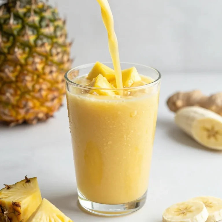 Fresh pineapple chunks are the star of this smoothie. They add a sweet and tangy flavor. Use one cup of chilled pineapple for the best taste. The colder it is, the more refreshing your drink will be. A ripe banana brings creaminess to the smoothie. Slice one banana before adding it to the mix. This fruit also adds natural sweetness. It pairs well with the pineapple for a smooth blend. Fresh ginger adds a delightful zing to this drink. You need half a teaspoon of finely grated ginger. This ingredient gives your smoothie a unique and spicy kick. It also has many health benefits, making your drink even better. {{ingredient_image_2}} First, gather your ingredients. You will need: - 1 cup fresh pineapple chunks, preferably chilled - 1 ripe banana, sliced - ½ teaspoon fresh ginger, finely grated - 1 cup coconut milk (or your preferred milk alternative) - 1 tablespoon honey or maple syrup (optional, to taste) - ½ cup ice cubes - A pinch of salt Start by cutting the pineapple into chunks. Make sure they are sweet and juicy. Next, slice the banana into small pieces. Then, grate the ginger finely. This will help release its flavor. Gather all these fresh ingredients on your counter for easy access. Now, it’s time to blend! Add the pineapple chunks, banana slices, and ginger into the blender. Pour in the coconut milk next. This gives the smoothie a creamy texture. If you like your smoothie a bit sweeter, add honey or maple syrup now. Next, toss in the ice cubes and add a pinch of salt. The salt will make the flavors pop. Blend the mixture on high speed until it is smooth and creamy. Make sure there are no lumps left. This ensures every sip is delicious! After blending, taste your smoothie. If it’s not sweet enough for your liking, you can add more honey or maple syrup. Blend again briefly to mix in the extra sweetness. This gives you a chance to get the flavor just right. Once you’re happy with the taste, pour the smoothie into chilled glasses. Enjoy your refreshing and healthy drink right away! To get the best texture, start with chilled ingredients. I love using fresh pineapple and a ripe banana. This makes the smoothie creamy and smooth. When blending, ensure you mix on high speed. Blend until there are no lumps left. If your smoothie is too thick, add more coconut milk. For a thinner smoothie, just add more ice cubes. If you have leftover smoothie, store it in an airtight container. This keeps the smoothie fresh longer. Place it in the fridge and drink it within 24 hours. The smoothie may separate, so give it a good shake before drinking. I prefer to make just enough for one sitting. This way, I enjoy it at its best! Serve your smoothie in chilled glasses for a fun touch. You can also garnish it with fresh pineapple or a slice of banana. This adds a nice look and extra flavor. For a tropical twist, try adding a sprinkle of coconut flakes on top. Enjoy it as a quick breakfast or a refreshing snack! Pro Tips Choose Ripe Ingredients: Using ripe and fresh pineapple and banana ensures the best flavor and natural sweetness in your smoothie. Experiment with Milk Alternatives: Coconut milk adds a tropical flavor, but feel free to use almond, oat, or soy milk for different tastes and textures. Adjust Sweetness to Your Liking: Taste your smoothie after blending and adjust the sweetness with honey or maple syrup based on your preference. Chill Your Ingredients: For an extra refreshing drink, chill your fruits and coconut milk beforehand, or serve the smoothie in chilled glasses. {{image_4}} You can change the flavor of your smoothie by adding other fruits. Try mango or papaya for a tropical twist. You can also mix in some berries like strawberries or blueberries for a burst of color and taste. Each fruit brings its own fun flavor and health benefits. If you want a dairy-free smoothie, use plant-based milk. Coconut milk works best for this recipe. Almond or oat milk are also great choices. They add creaminess without dairy. You can also skip the milk and use fruit juice for a lighter drink. To kick up the flavor, consider adding a squeeze of lime or lemon juice. This gives a zesty kick that pairs well with pineapple. You can also sprinkle in some cinnamon or nutmeg for warmth. For an extra health boost, add a handful of spinach or kale. This adds nutrition without changing the taste much. You can store your pineapple ginger smoothie in the fridge. Use an airtight container. It stays fresh for up to 24 hours. The taste and texture might change slightly over time. Shake or stir before drinking to mix it well again. Freezing is a great way to keep your smoothie longer. Pour the smoothie into ice cube trays or freezer-safe bags. This method allows you to thaw only what you need. It can last up to three months in the freezer. When ready to enjoy, blend the frozen cubes with a splash of milk for a quick treat. To keep your smoothie fresh, always use ripe ingredients. Fresh fruit provides the best flavor. Use chilled ingredients to enhance the refreshing taste. If you make a larger batch, separate it into portions. This method helps maintain its taste and texture for each serving. Yes, you can use frozen pineapple. It makes the smoothie cold and thick. Frozen pineapple is easy to find and saves time. If you use frozen pineapple, skip the ice cubes. This keeps the smoothie from being too icy. A smooth texture is key to a great drink. Ginger is great for your health. It helps with digestion and can ease nausea. Ginger also has anti-inflammatory properties. This means it can help reduce swelling and pain. Adding ginger to your smoothie gives flavor and boosts your immune system. It can also give you a nice energy lift. You can make a smoothie without a blender using a few tools. First, use a fork or a potato masher to mash the fruit. This works best with ripe bananas and soft pineapple. Next, mix in coconut milk and ginger using a whisk. If you want a smoother drink, you can use a jar and shake it well. This method takes more time, but it can work well in a pinch. This blog post covered how to make a tasty smoothie. We explored fresh ingredients like pineapple, banana, and ginger. You learned the steps for preparation and blending. Getting the right sweetness can enhance flavors. We also shared tips for texture, storage, and serving ideas. Feel free to explore variations with tropical fruits or dairy-free options. With proper storage, your smoothie can stay fresh. Enjoy trying out these ideas in your smoothies!
