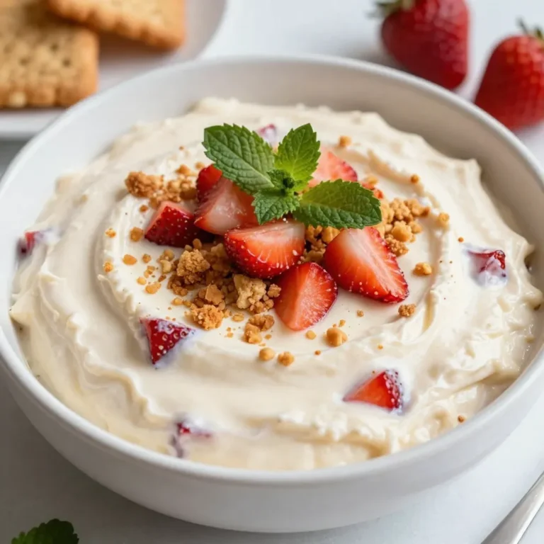 To make the best strawberry cheesecake dip, you need a few simple ingredients. Here’s what you will need: - 1 cup cream cheese, softened - ½ cup powdered sugar, sifted - 1 teaspoon pure vanilla extract - ½ cup sour cream, at room temperature - 1 cup fresh strawberries, hulled and diced - ¼ cup crushed graham crackers - Fresh mint leaves for garnish Each ingredient plays an important role in the dip. The cream cheese gives it that rich and creamy base. The powdered sugar adds just the right sweetness. Vanilla extract brings in a warm flavor, while sour cream adds a slight tang. Fresh strawberries are key for that fruity taste. Crushed graham crackers add a bit of crunch, and mint leaves make it look pretty! You can find these ingredients at any grocery store. Make sure to choose ripe strawberries for the best flavor. This dip is quick to prepare, taking only about 10 minutes. Once you have everything ready, you can start mixing and enjoy this delightful treat! {{ingredient_image_2}} - Mixing cream cheese and powdered sugar Start by taking a medium bowl. Add 1 cup of softened cream cheese. Then, sprinkle in ½ cup of sifted powdered sugar. Use a hand mixer to blend them on medium speed. Mix until the blend is smooth and creamy, with no lumps. This step is key for a rich flavor. - Adding vanilla extract and sour cream Next, add 1 teaspoon of pure vanilla extract to the mix. Then, scoop in ½ cup of sour cream. Continue mixing on medium speed for about 2-3 minutes. You want the mixture to be fluffy and well combined. This adds a nice depth of flavor to your dip. - Folding in fresh strawberries Now, prepare 1 cup of fresh strawberries. Make sure to hull and dice them first. Gently fold them into the cream mixture with a spatula. Be careful not to mash the strawberries. This keeps the lovely pieces intact for a burst of freshness. - Serving suggestions Spoon the creamy dip into a decorative bowl for a nice touch. Sprinkle ¼ cup of crushed graham crackers on top. This creates a fun layer that adds crunch. For a pop of color, add fresh mint leaves as a garnish. Serve the dip right away. Pair it with crisp apple slices, extra graham crackers, or pretzels. You can also chill it for about 30 minutes for a refreshing twist. Enjoy! - Achieving the right creaminess Start with room temperature cream cheese. This helps it blend smoothly with the sugar. Beat the mixture well until it’s lump-free. If you want extra creaminess, add a bit more sour cream. This will add a nice texture to your dip. - Properly folding in strawberries When you add the strawberries, use a spatula. Gently fold them in to keep the fruit intact. This keeps the dip looking beautiful and fresh. You want to see those bright red pieces throughout. - Presentation and serving Use a decorative bowl to serve your dip. It makes a big difference! Sprinkle crushed graham crackers on top. This adds a nice crunch and looks great. Garnish with mint leaves for a splash of color. Serve with apple slices, pretzels, or extra graham crackers. This mix of flavors and textures makes for a fun treat! Pro Tips Use Room Temperature Ingredients: Allow your cream cheese and sour cream to come to room temperature before mixing. This helps achieve a smoother and creamier texture in your dip. Fresh Strawberries are Key: Use fresh, ripe strawberries for the best flavor. Frozen strawberries can release excess moisture, making the dip watery. Chill for Extra Refreshment: Refrigerating the dip for 30 minutes not only enhances the flavors but also makes it a refreshing treat, especially on a warm day. Experiment with Dippers: While apple slices and graham crackers are classic dippers, consider using pretzels, cookie sticks, or even fruit skewers for a fun variety. {{image_4}} You can make this dip even more fun with some flavor twists. Here are a few ideas: - Chocolate Strawberry Cheesecake Dip: Just add 1/4 cup of cocoa powder to the mix. This gives the dip a rich chocolate taste. The chocolate pairs well with the strawberries. It feels like dessert and is perfect for chocolate lovers. - Citrus-infused Strawberry Dip: Add the zest of one lemon or orange. This brightens up the dip with a fresh taste. The citrus cuts through the creaminess, making each bite refreshing. - Adding different fruits or nuts: You can mix in other fruits like blueberries or raspberries. Chopped nuts like almonds or walnuts give a crunchy texture. These additions make the dip unique and personal to your taste. Experiment with these ideas and find your favorite. Each variation brings a new twist to the classic strawberry cheesecake dip! After enjoying your Strawberry Cheesecake Dip, you might have some left. Here’s how to keep it fresh: - Refrigeration guidelines: Store the dip in an airtight container. It keeps well in the fridge for up to three days. Make sure to cover it tightly to avoid any air exposure. - Freezing suggestions: You can freeze the dip for up to a month. Use a freezer-safe container and leave some space at the top. The dip may change texture when thawed, so it’s best to enjoy it fresh. - Best practices for maintaining flavor and texture: When you want to serve it again, let it thaw in the fridge overnight. Stir gently to restore creaminess. If needed, add a bit of sour cream to help revive its smooth texture. Can I use low-fat cream cheese? Yes, you can use low-fat cream cheese. It still gives you a smooth dip. The taste may be a bit different, but it will work well. How long can I store Strawberry Cheesecake Dip? You can store this dip in the fridge for up to three days. Make sure to keep it in an airtight container. This helps keep it fresh and tasty. What are the best dippers to serve with this dip? Some great dippers are apple slices, pretzels, and graham crackers. You can also try fresh fruit like bananas or blueberries. The crunch pairs well with the dip's creaminess. Can I prepare the dip in advance? Yes, you can make the dip a few hours ahead. Just cover it and chill in the fridge. This lets the flavors blend nicely. Is there a vegan version of Strawberry Cheesecake Dip? Yes, you can make a vegan version. Use vegan cream cheese and dairy-free yogurt. It will still taste great and be creamy! This blog post covered a delicious Strawberry Cheesecake Dip recipe. We explored the key ingredients, step-by-step instructions, and helpful tips for perfecting your dip. We also shared creative flavor variations and storage advice to keep it fresh. In conclusion, this dip is simple, tasty, and fun to make. You can easily customize it for your taste. Enjoy making this treat for yourself or at your next gathering!