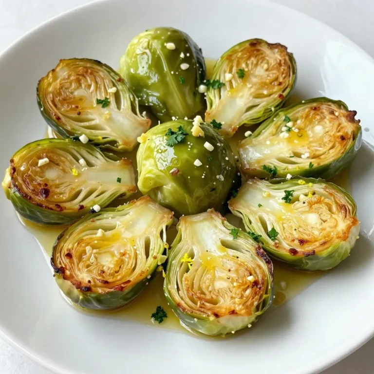 - 1 pound Brussels sprouts, trimmed and halved - 3 tablespoons extra-virgin olive oil - 4 cloves garlic, finely minced - Zest of 1 large lemon - Juice of 1 large lemon - 1 teaspoon pure honey - 1 teaspoon fine sea salt - ½ teaspoon freshly ground black pepper - ¼ teaspoon red pepper flakes for an extra kick - Fresh parsley, finely chopped, for garnish The key to making Lemon Garlic Roasted Brussels Sprouts shine lies in the ingredients. First, choose fresh Brussels sprouts. They should be tight and vibrant. Next, select high-quality extra-virgin olive oil. It adds richness and depth. Fresh garlic is a must. It infuses the dish with a warm, savory note. Now, let’s talk about flavor enhancers. Lemon zest and juice brighten the dish. They balance the earthiness of the Brussels sprouts. Honey adds a hint of sweetness. It also helps caramelize the sprouts as they roast. Sea salt and black pepper enhance all the flavors. They bring everything together in perfect harmony. If you want a spicy twist, try adding red pepper flakes. They provide a subtle heat that contrasts nicely with the sweet and tangy notes. For a finishing touch, sprinkle fresh parsley over the top before serving. It gives your dish a vibrant pop and fresh aroma. These ingredients combine to create a dish that is not only delicious but also visually appealing. Enjoy the burst of flavors in every bite! {{ingredient_image_2}} - Preheat your oven to 400°F (200°C). - Line a large baking sheet with parchment paper. This makes cleanup easy. - In a big bowl, add the halved Brussels sprouts. - Pour in 3 tablespoons of extra-virgin olive oil. - Add 4 cloves of minced garlic, the zest of 1 lemon, and the juice of that lemon. - Stir in 1 teaspoon of honey, 1 teaspoon of fine sea salt, and ½ teaspoon of black pepper. - If you like heat, add ¼ teaspoon of red pepper flakes. - Use a large spoon or your hands to toss everything together. Make sure each sprout gets coated well. - Carefully place the Brussels sprouts on the lined baking sheet. - Spread them out in one layer. This helps them roast evenly. - Put the baking sheet in the oven and roast for 20-25 minutes. - Halfway through, take them out and stir gently. This helps them brown nicely. - When done, they should be golden brown and smell amazing. When roasting Brussels sprouts, spacing is key. Arrange the sprouts in a single layer on your baking sheet. This helps them cook evenly. If they are too close, they will steam instead of roast. To check for doneness, look for a golden color and a tender texture. A fork should easily pierce through them. You can adjust the seasonings to suit your taste. For a bolder flavor, add more garlic or lemon. If you like heat, try adding more red pepper flakes. You can also experiment with different oils. Avocado oil or grapeseed oil can add unique notes to the dish. Serve the Brussels sprouts in a warm bowl or on a nice platter. Add an extra lemon wedge on the side for a fresh touch. Chopping some extra parsley and sprinkling it on top adds color and a burst of flavor. This not only makes the dish look great but also enhances the taste. Pro Tips Evenly Coat the Sprouts: Make sure every Brussels sprout is thoroughly coated with the olive oil and seasoning mixture for maximum flavor. Don’t Overcrowd the Pan: Spread the Brussels sprouts out in a single layer on the baking sheet to ensure they roast properly and achieve a nice caramelization. Adjust Seasoning to Taste: After roasting, taste a sprout and adjust the salt, pepper, or lemon juice as needed to suit your flavor preference. Garnish for Freshness: Adding freshly chopped parsley not only enhances the dish's presentation but also adds a bright, fresh flavor. {{image_4}} If you want a vegan version of this dish, swap honey for maple syrup. Maple syrup adds a sweet touch without using animal products. The taste stays great, and you still get that lovely caramelization when roasting. This simple change keeps the flavors bright and fresh. You can mix things up by adding nuts or cheese. Nuts like almonds or walnuts bring crunch and a nutty taste. If you prefer cheese, try feta or Parmesan for a creamy touch. Both options create a tasty contrast to the sprouts. You can also try other herbs and spices. Rosemary or thyme work well with the lemon and garlic. A pinch of cumin could add warmth, too. Feel free to include seasonal vegetables. Carrots, sweet potatoes, or even cauliflower can add color and flavor. Toss them in with the Brussels sprouts for a hearty mix. This way, you enjoy the best of what each season offers. Plus, it makes the dish even more fun and exciting! To store leftovers, let the Brussels sprouts cool first. Place them in an airtight container. They will stay fresh for about 3 to 5 days in the fridge. When you want to enjoy them again, simply take out what you need. For the best taste, reheat in the oven. Preheat it to 350°F (175°C). Spread the sprouts on a baking sheet and heat for about 10 minutes. This method keeps them crispy. You can also use a microwave, but they may become a bit soft. If you want to freeze them, place cooled sprouts in a freezer-safe bag. Squeeze out the air before sealing. For short-term storage, they can last about 2 to 3 months. For long-term freezing, try to eat them within 6 months. To use frozen sprouts, thaw them overnight in the fridge before reheating. Can I use frozen Brussels sprouts? Yes, you can use frozen Brussels sprouts. However, they may not crisp up as well. Thaw them first and pat them dry before roasting. This helps remove excess moisture. What can I serve with lemon garlic roasted Brussels sprouts? These Brussels sprouts pair well with many dishes. Try serving them with roasted chicken, baked salmon, or quinoa. They also work great as a side for pasta or rice dishes. What to replace if I run out of olive oil? If you run out of olive oil, you can use canola oil or avocado oil. Both oils have a neutral flavor and will work well in this recipe. How do I adjust cooking for larger quantities? To cook more Brussels sprouts, use multiple baking sheets. Make sure to keep them in a single layer. You may need to increase the roasting time by a few minutes. Always check for tenderness and browning to ensure they cook evenly. This article covered all you need for making delicious lemon garlic roasted Brussels sprouts. You learned about the main ingredients, flavor boosters, and optional add-ins to enhance taste. We discussed perfect roasting tips and variations, so you can try creative twists. Remember, proper storage and reheating keep leftovers fresh. Don't hesitate to experiment with flavors and enjoy your cooking! Embrace these steps to create a tasty dish that impresses everyone at your table.