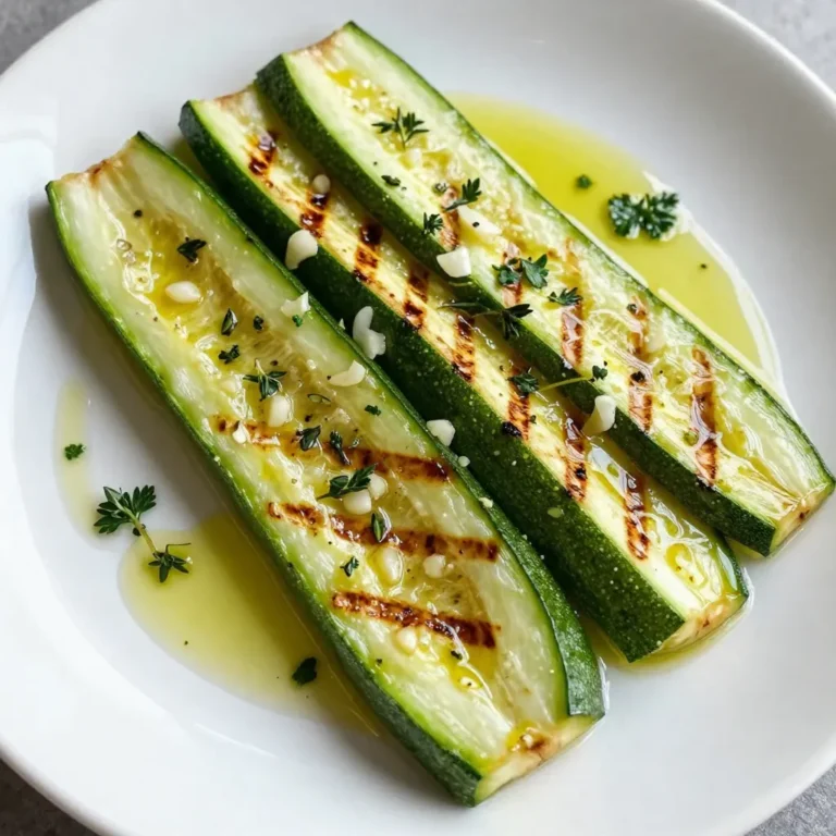 For this tasty dish, you will need: - 4 medium zucchinis, sliced lengthwise into ½-inch thick strips - 4 cloves garlic, finely minced - 1/4 cup extra virgin olive oil - 1 tablespoon fresh thyme leaves (or 1 teaspoon dried thyme) - 1 tablespoon fresh parsley, finely chopped - 1 teaspoon dried oregano - 1/2 teaspoon sea salt - 1/4 teaspoon freshly ground black pepper - Zest of 1 fresh lemon - Juice of 1 fresh lemon These ingredients bring out the best in zucchini. The garlic and herbs add depth, while the lemon brightens the flavors. You can add a few optional ingredients to kick up the taste: - Red pepper flakes for heat - Grated Parmesan cheese for a savory touch - Balsamic glaze for sweetness These extras can transform your dish into something special. Try them to find your favorite combo. If you don’t have some herbs, here are good substitutes: - Use basil instead of thyme for a sweeter note - Swap parsley for cilantro for a fresh twist - Try Italian seasoning in place of oregano for a different flavor Experimenting with these options can lead to new favorites. Feel free to mix and match based on what you have. {{ingredient_image_2}} Start by gathering your ingredients. You need garlic, olive oil, thyme, parsley, oregano, salt, pepper, lemon zest, and lemon juice. In a small bowl, add 4 minced garlic cloves and 1/4 cup of extra virgin olive oil. Next, mix in 1 tablespoon of fresh thyme leaves, 1 tablespoon of chopped parsley, and 1 teaspoon of dried oregano. Add 1/2 teaspoon of sea salt and 1/4 teaspoon of black pepper. Finally, include the zest and juice from 1 lemon. Whisk these ingredients together well. This marinade will give your zucchini a burst of flavor. Take 4 medium zucchinis and slice them lengthwise into 1/2-inch thick strips. Place these strips into a large mixing bowl. Pour the prepared marinade over the zucchini. Toss the strips gently to make sure every piece gets coated. Let the zucchini marinate for at least 15 minutes at room temperature. This time helps the flavors soak in deeply. Preheat your grill to a medium-high setting. If using a grill pan, heat it to medium. Once hot, lay the marinated zucchini strips directly on the grill. Grill them for about 4-5 minutes on each side. Look for nice grill marks and tenderness. Be careful not to overcook them; you want them to stay vibrant and slightly crisp. After grilling, let the zucchini rest for a couple of minutes. This resting time allows the flavors to deepen. Serve your grilled zucchini warm and enjoy this delightful summer side! Grilling zucchini is easy if you follow some simple steps. First, slice the zucchini into ½-inch thick strips. This thickness helps them cook evenly. Make sure to preheat your grill to medium-high heat. A hot grill creates nice grill marks and keeps the zucchini tender. When placing the zucchini on the grill, leave space between each piece. This prevents steaming and ensures even cooking. To boost the flavor, try adding lemon zest and juice to your marinade. The fresh lemon brightens the taste. Fresh herbs like thyme and parsley work well, too. For extra depth, consider adding a pinch of smoked paprika or crushed red pepper flakes. These can give your zucchini a unique twist that surprises your guests. One common mistake is overcooking. Zucchini cooks fast, so grill for just 4-5 minutes per side. Check for grill marks to know when to flip. Another mistake is not marinating long enough. Let the zucchini sit in the marinade for at least 15 minutes. This allows the flavors to soak in, making every bite delicious. Lastly, avoid crowding the grill. If you pack too much on, it can steam instead of grill, affecting the taste and texture. Pro Tips Tip for Marinating: The longer you let the zucchini marinate, the more flavorful they will become. For optimal results, consider marinating them for at least 30 minutes or even overnight in the refrigerator. Tip on Grill Temperature: Ensure your grill is preheated properly before adding the zucchini. A medium-high heat will give the best grill marks and prevent sticking. Tip for Even Cooking: Try to cut the zucchini strips uniformly to ensure even cooking. This helps all pieces finish grilling at the same time. Tip for Serving: Serve the grilled zucchini warm, but they also taste great at room temperature. They can be a wonderful addition to salads or as a side dish for any meal. {{image_4}} You can mix in other veggies with your grilled zucchini. Bell peppers, eggplant, and asparagus all work great. Slice them like the zucchini for even cooking. This adds color and boosts flavors. You can also use corn on the cob cut into rounds. These extra veggies keep the dish fun and varied. To add a kick, try spices like cayenne or red pepper flakes. Just a pinch can make a big change. If you love heat, you can add sliced jalapeños to the marinade. For a smoky flavor, try smoked paprika. Adjust the spice to fit your taste. This way, every bite can surprise you. Changing the herbs gives your zucchini a new taste. If you want a fresh twist, use basil or dill instead of thyme. A mix of dill and lemon zest adds a bright flavor. For an Italian touch, use Italian seasoning. Fresh herbs like mint can give a unique profile. Explore these blends to keep things interesting. After grilling, let your zucchini cool down. Then, place it in an airtight container. You can store it in the fridge for up to three days. Make sure to separate layers with paper towels. This helps absorb any excess moisture. You can freeze grilled zucchini for later use. First, let it cool completely. Then, arrange the pieces in a single layer on a baking sheet. Place the sheet in the freezer for about an hour. Once frozen, transfer the zucchini to a freezer-safe bag. It can last up to three months in the freezer. Label the bag with the date for easy tracking. To reheat grilled zucchini, the oven is your best bet. Preheat it to 350°F (175°C). Place the zucchini on a baking sheet and heat for 10-15 minutes. This keeps the zucchini tender and tasty. You can also use a skillet on medium heat. Cook for about 5 minutes, flipping occasionally. Avoid using the microwave, as it can make the zucchini soggy. You should marinate zucchini for at least 15 minutes. This time helps the flavors soak in well. If you have more time, try to marinate it for 30 minutes. This extra time boosts the taste even more. Yes, you can use other types of squash. Yellow squash and pattypan squash work great too. Just slice them the same way as zucchini. They will soak up the flavors well. Grilled zucchini pairs well with many dishes. You can serve it with grilled chicken, fish, or steak. It also goes well with pasta or quinoa salad. Try it as a side for your summer barbecue. Absolutely! You can prepare the marinade a day ahead. Just store it in the fridge. This makes it easy for you when you are ready to grill. Yes, grilled zucchini is great for meal prep. You can make a big batch and store it. It lasts in the fridge for about 3 days. Just reheat it before serving. Zucchini is low in calories and high in vitamins. It has a lot of water, which keeps you hydrated. It also provides fiber, which is good for digestion. To enhance flavor, add more herbs or spices to your marinade. You can try red pepper flakes for heat or smoked paprika for a smoky taste. Lemon zest adds brightness too. Grilled zucchini is easy and tasty. We learned about key ingredients and how to enhance flavors. I shared simple steps to prepare and grill zucchini perfectly. Tips helped avoid common mistakes and improve grilling skills. You can try fun variations with spices and other veggies. Proper storage keeps leftovers fresh. Enjoying zippy grilled zucchini adds joy to meals. Keep experimenting to find your favorite mixes and matches!