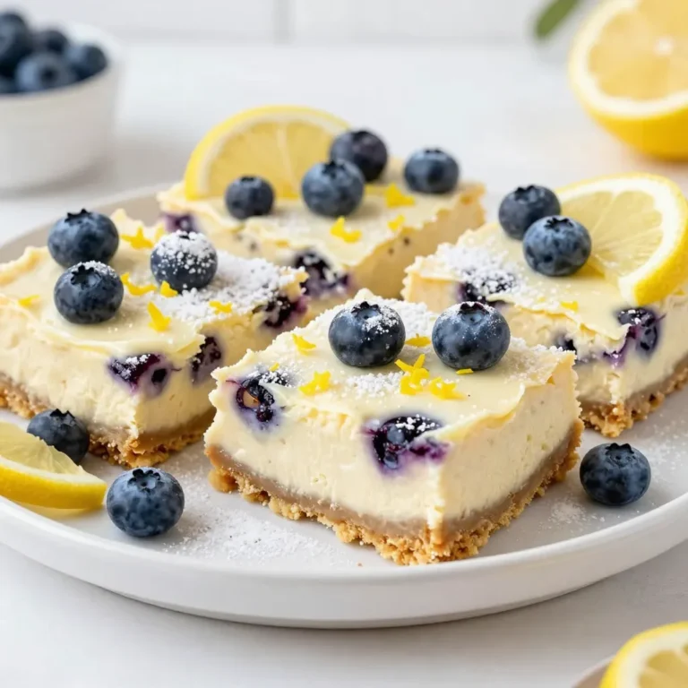To make these tasty bars, here is what you need: - 1 cup graham cracker crumbs - 1/2 cup unsalted butter, melted - 2 tablespoons granulated sugar - 16 oz cream cheese, softened - 1 cup granulated sugar - 3 large eggs, at room temperature - Zest of 2 lemons - 1/4 cup fresh lemon juice - 1 teaspoon vanilla extract - 1 cup fresh blueberries, rinsed and dried - 1 tablespoon cornstarch Each ingredient plays a key role. The graham cracker crumbs create a crunchy base. The cream cheese forms a rich and creamy filling. The fresh blueberries add a burst of flavor and color. You can jazz up your cheesecake bars with these options: - Extra lemon zest for more zing - A dash of almond extract for depth - A swirl of blueberry jam for added sweetness - Chopped nuts for a crunchy texture These extras let you customize your dessert to match your taste. Gather these tools to help you make the bars: - A 9x9-inch baking pan - Mixing bowls - Electric mixer - Spatula - Measuring cups and spoons - Parchment paper or cooking spray Having the right tools makes the process smoother and more fun. {{ingredient_image_2}} Start by preheating your oven to 350°F (175°C). Grab a 9x9-inch baking pan. You can grease it lightly or line it with parchment paper. If you use parchment, leave some paper hanging over the sides for easy lifting later. In a mixing bowl, combine 1 cup of graham cracker crumbs, 1/2 cup of melted unsalted butter, and 2 tablespoons of sugar. Stir until the crumbs are coated with the butter. This helps bind the crust. Next, press the graham cracker mixture firmly into the bottom of the pan. Make it even so every bite is delicious. Bake this crust for 10 minutes. Once done, take it out and let it cool for a few minutes. In a large mixing bowl, beat 16 oz of softened cream cheese with an electric mixer. Mix until it's smooth and creamy. Then, add 1 cup of sugar gradually. Blend until well mixed. Now, add 3 large eggs one at a time. Mix well after each addition. This ensures a creamy texture. Next, stir in the zest of 2 lemons, 1/4 cup of fresh lemon juice, and 1 teaspoon of vanilla extract. Mix until everything is combined. In a small bowl, toss 1 cup of rinsed and dried fresh blueberries with 1 tablespoon of cornstarch. This helps the blueberries stay in place. Carefully fold the blueberries into the cream cheese mixture. Be gentle to keep them whole. Pour the cheesecake filling over the cooled graham cracker crust. Use a spatula to smooth the top evenly. Place it back in the oven and bake for 30 to 35 minutes. Look for the edges to be set, while the center should jiggle slightly. After baking, take the cheesecake bars out of the oven. Allow them to cool at room temperature for at least 1 hour. Then, refrigerate them for 3 to 4 hours. This chilling time helps the bars set properly. When ready to serve, lift the cheesecake out of the pan using the parchment paper. Cut it into squares or bars. For a lovely touch, dust with powdered sugar and garnish with extra blueberries and lemon slices. Enjoy your Lemon Blueberry Cheesecake Bars! - Always use room temperature cream cheese. It blends better and makes the filling smooth. - Mix the eggs in one at a time. This helps keep the mixture creamy and fluffy. - Fold in blueberries gently. You want them whole for a nice look and taste. - Cool the cheesecake slowly. Let it sit at room temperature before chilling. - Dust with powdered sugar just before serving. This adds a sweet touch and makes it look pretty. - Don’t overmix the filling. This can make the cheesecake dense and heavy. - Avoid baking the bars too long. They should be set but still have a slight jiggle. - Don’t skip the cooling time. Chilling is key for the best texture and flavor. - Be careful with the crust. Press it firmly but not too hard to keep it crumbly. - Add a pinch of salt to balance the sweetness. It brings out the lemon flavor. - Mix in a splash of almond extract for a nice twist. It pairs well with the lemon. - Try adding a layer of lemon curd on top. This gives a burst of extra lemon flavor. - Swap in different fruits like raspberries or strawberries. They add a fun twist to the bars. Pro Tips Choose Quality Blueberries: Using fresh, ripe blueberries will enhance the flavor and texture of your cheesecake bars. Look for plump, firm berries with a deep color. Room Temperature Ingredients: Make sure your cream cheese and eggs are at room temperature before mixing. This helps create a smoother, creamier filling without lumps. Don’t Overmix: When incorporating the eggs and blueberries, mix just until combined. Overmixing can lead to a denser texture in the cheesecake. Chill Before Serving: Allowing the cheesecake bars to chill for several hours or overnight will enhance their flavor and make them easier to cut into clean squares. {{image_4}} You can change the flavors of your cheesecake bars easily. For raspberry cheesecake bars, swap the blueberries for fresh raspberries. They will add a nice tartness. You can also use strawberries. Just slice them and fold them into the mix. Each fruit brings its own unique taste, making your bars fun and fresh. If you want gluten-free cheesecake bars, use gluten-free graham crackers. You can also make your own crust from crushed nuts or oats. For the filling, check the cream cheese label. Most brands are gluten-free, but it's always best to double-check. Enjoy your tasty treat without worry! To make vegan cheesecake bars, replace cream cheese with soaked cashews blended until smooth. Use a plant-based yogurt for creaminess. You can also swap eggs with flaxseed meal mixed with water. This change makes the bars set well. Use maple syrup instead of granulated sugar for sweetness. These vegan options let everyone enjoy this dessert! You can store leftover cheesecake bars in the fridge. Place them in an airtight container. This keeps them fresh for up to five days. If you cut them into squares, stack them with parchment paper between layers. This prevents sticking. To freeze cheesecake bars, first let them cool completely. Cut them into squares and wrap each piece in plastic wrap. Then, place the wrapped bars in a freezer-safe bag or container. They can stay frozen for up to three months. When you want to eat them, thaw them in the fridge overnight. Reheating cheesecake bars can be tricky. I recommend serving them cold or at room temperature for the best taste. If you prefer them warm, preheat your oven to 300°F (150°C). Place the bars on a baking sheet and heat for about 10 minutes. This warms them without cooking them further. Enjoy the creamy texture and bright flavor! Yes, you can use frozen blueberries. Just make sure to thaw them first. Drain excess water to keep the cheesecake from getting too wet. The flavor will still shine in the bars. Check for the edges to be set. The center should jiggle slightly when moved. This is a good sign they will firm up when cooled. You can use ricotta cheese or mascarpone as a substitute. Both will give a creamy texture. They might change the taste a bit, but they still work well. We covered how to make lemon blueberry cheesecake bars. I detailed the key ingredients and tools you need. You learned step-by-step instructions for the crust and filling. I also shared tips for perfect results and how to avoid common mistakes. Explore variations like gluten-free and vegan options too. Finally, I explained how to store and reheat leftovers. Now, you are ready to create your own delicious bars. Enjoy every sweet bite!