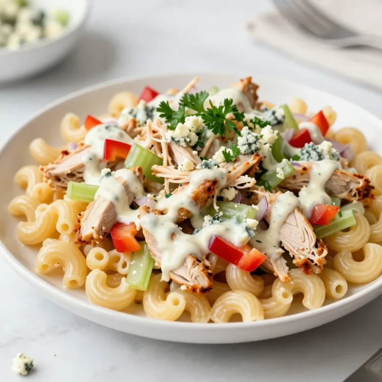 - 2 cups elbow macaroni - 1 cup cooked chicken, shredded - 1/2 cup celery, finely chopped - 1/2 cup red bell pepper, finely chopped - 1/4 cup red onion, finely chopped - 1/2 cup crumbled blue cheese - 3/4 cup mayonnaise - 1/4 cup hot sauce - 1 tablespoon apple cider vinegar - 1 teaspoon garlic powder - 1 teaspoon onion powder - Salt and pepper to taste - Fresh parsley, chopped To make Spicy Buffalo Chicken Macaroni Salad, you need a mix of simple ingredients. First, start with elbow macaroni and shredded chicken. Cooked chicken from a rotisserie works best. Next, add crunchy vegetables like celery, red bell pepper, and red onion for freshness. Blue cheese adds a savory kick, while mayonnaise makes it creamy. Hot sauce gives the dish its spicy flavor. Apple cider vinegar adds a slight tang. Seasoning with garlic powder, onion powder, salt, and pepper enhances the taste. Finally, fresh parsley will add color and flavor to your salad. Gathering these ingredients makes the process fun and easy. You can adjust the hot sauce based on your spice preference. Enjoy mixing these items to create a delicious dish! {{ingredient_image_2}} Start by boiling a big pot of salted water. The salt helps the pasta taste great. Add 2 cups of elbow macaroni to the water. Cook it for around 8 to 10 minutes. You want it to be al dente, which means it should still have a little bite. Once done, drain the pasta and rinse it with cold water. This stops the cooking and cools it down. Set it aside to cool fully. In a large bowl, mix 3/4 cup of mayonnaise with 1/4 cup of hot sauce. Add 1 tablespoon of apple cider vinegar, 1 teaspoon of garlic powder, and 1 teaspoon of onion powder. Sprinkle in some salt and pepper. Whisk it all together until it is smooth. Taste it to see if you want it spicier. You can add more hot sauce if you like more heat. Now, take your cooled pasta and add it to the sauce. Mix in 1 cup of shredded chicken, 1/2 cup of chopped celery, 1/2 cup of diced red bell pepper, and 1/4 cup of finely chopped red onion. Crumble in 1/2 cup of blue cheese. Use a spatula to gently fold everything together. Make sure every piece is covered in that tasty sauce. Taste it again and adjust salt or hot sauce if you want. Cover your bowl with plastic wrap or put the salad into an airtight container. Chill it in the fridge for at least 30 minutes. This time lets all the flavors mix well. Just before you serve, give the salad a good stir. Serve it in a bowl or a platter. For a nice touch, sprinkle some chopped fresh parsley on top. To cook perfect macaroni, use plenty of salted water. This adds flavor to the pasta. Cook the macaroni just until it's al dente. This means it should be firm but not hard. Drain it right away, then rinse under cold water. This stops the cooking and keeps it firm. To avoid mushy pasta, watch the time. If you cook it too long, it will get soft. Follow the package directions closely. You want it to hold its shape in the salad. Balancing flavors is key to a great salad. Use salt and pepper to enhance taste. The right amount of apple cider vinegar adds tanginess. You can adjust these to fit your liking. For heat, start with a small amount of hot sauce. Mix it in and taste. If you want more spice, add more sauce bit by bit. This way, you control how spicy it gets. When serving your salad, think about the dishware. A colorful bowl adds to the look. You can also serve it on a platter for a fun touch. Garnish your salad with fresh parsley. It adds color and freshness. You can also sprinkle extra blue cheese on top. This makes the dish look even more inviting. Pro Tips Choose the Right Chicken: Using rotisserie chicken not only saves time but also adds a depth of flavor to your salad. Feel free to use grilled or baked chicken for a healthier option. Adjusting the Heat: The amount of hot sauce can be tailored to your preference. Start with less if you're unsure, and gradually increase until you find your perfect spice level. Enhance Creaminess: For an extra creamy texture, consider adding a dollop of Greek yogurt or sour cream to the mayonnaise mixture. This also adds a tangy flavor. Let It Chill: Allowing the salad to chill for at least 30 minutes not only enhances the flavors but also helps the ingredients meld together beautifully, making each bite more delicious. {{image_4}} You can easily swap ingredients based on your needs or preferences. For a gluten-free option, use gluten-free elbow macaroni. These come in various grains like rice or corn, so you can still enjoy this salad without gluten. If you want a different protein, consider using canned chicken or turkey. You could also use diced tofu for a vegetarian option. This keeps the salad flavorful and satisfying without the meat. To make this dish even more exciting, add extra spices or herbs. A pinch of smoked paprika gives a nice smoky flavor. Fresh herbs like cilantro or dill can also boost the taste. Cheese is another way to change things up. If blue cheese isn’t your favorite, try feta or shredded cheddar. Each cheese adds its own twist, making the salad even more delicious. You can serve this salad in many creative ways. Turn it into a wrap by using a large tortilla. Just place the salad in the center and roll it up. This makes a great lunch option. Another fun idea is to serve it as a dip. Just place the salad in a bowl and use crackers or veggie sticks for dipping. This makes it perfect for parties or gatherings. To keep your Spicy Buffalo Chicken Macaroni Salad fresh, store it in the fridge. Use an airtight container for best results. This helps prevent any odors from mixing. Make sure the lid fits tightly. If you don’t have one, a covered bowl works too. Always let the salad cool before sealing it. If you find it needs a refresh, stir it gently. Add a bit more mayonnaise or hot sauce to revive the flavor. Serve it cold for that classic salad taste. Store leftovers in the fridge for up to three days. Keep an eye on it! If it smells off, throw it out. You can store this salad in the fridge for up to three days. Keep it in an airtight container. This helps keep the flavors fresh and the pasta firm. After three days, the salad may lose its taste and texture. Yes, you can make this salad a day before serving. Just follow the recipe and chill it in the fridge. This allows all the flavors to mix well. When you are ready to serve, stir the salad again for even flavor. No, this salad is not gluten-free due to the elbow macaroni. However, you can use gluten-free pasta instead. Many brands offer great options that taste just as good. Always check labels to ensure they meet your needs. Absolutely! You can swap hot sauce for your favorite brand. Some great options include sriracha or a chipotle sauce. Adjust the amount to fit your heat level. Each sauce adds a unique flavor twist to the dish. In this post, we explored how to whip up a delicious Spicy Buffalo Chicken Macaroni Salad. We covered the key ingredients like macaroni, chicken, veggies, and cheese. You learned the step-by-step process from cooking pasta to mixing the sauce, plus chilling for the best flavor. I shared tips for perfecting your salad and suggested fun variations. Remember, this dish shines when customized to your tastes. Enjoy creating your own version!