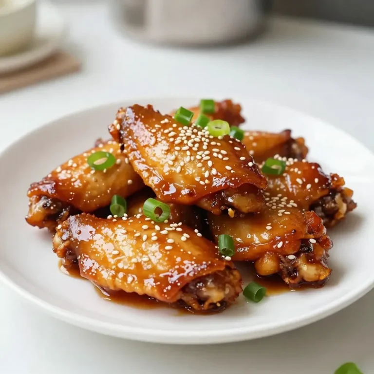 - 2 lbs chicken wings - 1/2 cup soy sauce - 1/4 cup honey - 4 cloves garlic, minced - 1 tablespoon fresh ginger, grated - 1 tablespoon sesame oil - 1 tablespoon rice vinegar - 1/2 teaspoon black pepper These main ingredients create the sweet and savory sauce for the wings. The soy sauce gives a rich umami flavor, while honey adds sweetness. Garlic and ginger bring warmth and depth to the dish. - 1/4 teaspoon red pepper flakes - Sesame seeds, for garnish - Sliced green onions, for garnish Red pepper flakes add a bit of heat if you like spice. Garnishing with sesame seeds and green onions enhances the look and adds a fresh taste. These optional ingredients make your wings even more fun and tasty! {{ingredient_image_2}} First, grab a medium-sized mixing bowl. Whisk together these ingredients until smooth: - 1/2 cup soy sauce - 1/4 cup honey - 4 cloves garlic, minced - 1 tablespoon fresh ginger, grated - 1 tablespoon sesame oil - 1 tablespoon rice vinegar - 1/2 teaspoon black pepper - 1/4 teaspoon red pepper flakes (optional) Mix them well. This marinade will give the wings a sweet and savory flavor. Next, take your chicken wings. I like to use a large zip-top bag for this. Put the wings in the bag. Pour the marinade over them. Make sure all the wings get coated. If you use a bag, seal it tightly. Press out any extra air. If you use a bowl, cover it with plastic wrap. Refrigerate for at least 1 hour. For the best flavor, marinate them overnight. Now, it’s time to bake. Preheat your oven to 400°F (200°C). Line a baking sheet with aluminum foil. This makes cleanup easy. Place a wire rack on top. This rack helps the air circulate around the wings. After marinating, take the wings out. Let any extra marinade drip off. Place them in a single layer on the wire rack. Make sure they are not crowded. This helps them get crispy. Bake the wings for 25-30 minutes. Flip them halfway through. This way, they will cook evenly. You want them to be golden brown and crispy. For extra flavor, brush some reserved marinade on the wings during the last 5 minutes. This gives them a nice glaze. To make your wings crispy, air circulation is key. Use a wire rack when baking. This allows hot air to flow around the wings. Flipping the wings halfway through baking also helps. This ensures even cooking and a golden finish. For the best flavor, marinate the wings overnight. This gives the chicken time to soak in all the tasty goodness. When baking, reserve some marinade. Brush this over the wings in the last few minutes of cooking. It adds a nice glaze and boosts the flavor. Pair your wings with tasty dipping sauces. Some great choices are ranch, blue cheese, or sweet chili sauce. For sides, try celery sticks, carrot sticks, or a fresh salad. These options balance the flavors and add crunch to your meal. Pro Tips Marinate Longer for More Flavor: For the best flavor, marinate the wings overnight. This allows the marinade to penetrate the meat, resulting in a juicier and more flavorful dish. Use a Wire Rack: Using a wire rack on your baking sheet helps air circulate around the wings, ensuring they cook evenly and get crispy all over. Reserve Marinade for Glazing: Always reserve a portion of the marinade before adding it to raw chicken. This provides a safe way to add extra flavor as a glaze without the risk of contamination. Adjust Heat with Red Pepper Flakes: If you prefer your wings spicy, feel free to increase the amount of red pepper flakes or add a dash of hot sauce to the marinade. {{image_4}} If you like heat, add more red pepper flakes or hot sauce. This will bring a kick to your wings. Start by mixing in an extra half teaspoon of red pepper flakes. For a bolder flavor, try a tablespoon of your favorite hot sauce. The heat pairs well with the sweet honey and salty soy sauce. It balances the flavors perfectly. To switch things up, you can add different ingredients. Consider using hoisin sauce for a rich twist. This sauce adds depth and a hint of sweetness. Lime juice can also brighten the dish with its tartness. Mix a tablespoon of hoisin sauce or the juice of one lime into the marinade. These changes give your wings an exciting new flavor. Grilling the wings gives them a smoky flavor. To grill, start by marinating as usual. Preheat your grill on medium heat. Place the wings on the grill and close the lid. Grill for about 20-25 minutes, turning them often. Make sure they reach an internal temperature of 165°F. This method gives you crispy, charred wings that are hard to resist. To store your honey soy garlic chicken wings, let them cool first. Place the wings in an airtight container. This helps keep them fresh. You can store them in the fridge for up to three days. If you want to save them longer, freezing is a great option. When you're ready to eat the leftovers, choose the oven or air fryer. Preheat your oven to 350°F (175°C). Place the wings on a baking sheet. Heat them for about 10-15 minutes. This method makes them crispy again. In an air fryer, cook them at 350°F (175°C) for 5-7 minutes. Both methods restore that tasty texture. To freeze the wings, place them in a freezer-safe bag. Remove as much air as you can before sealing. Label the bag with the date. You can freeze them for up to three months. When you want to enjoy them, thaw them overnight in the fridge. Reheat as mentioned above for the best taste and texture. You should marinate chicken wings for at least one hour. For the best flavor, I recommend marinating overnight. This allows the wings to soak up the tasty honey, soy sauce, and garlic mixture. The longer they marinate, the more delicious they become. Yes, you can prepare these delicious wings ahead of time. Marinate the wings the night before. Store them in the fridge until you are ready to cook. This makes dinner easy and fun. These wings pair well with many side dishes. Try serving them with: - Rice - Coleslaw - Vegetable sticks - Dipping sauces like ranch or blue cheese You can mix and match to find the perfect combination that you and your guests will love. You learned how to make tasty Honey Soy Garlic Wings. We covered the key ingredients and the cooking steps. I shared tips for crispy wings and how to store extras. You can even try different flavors or grilling methods. With this knowledge, you can whip up delicious wings for any occasion. Enjoy making them for friends and family. Happy cooking!