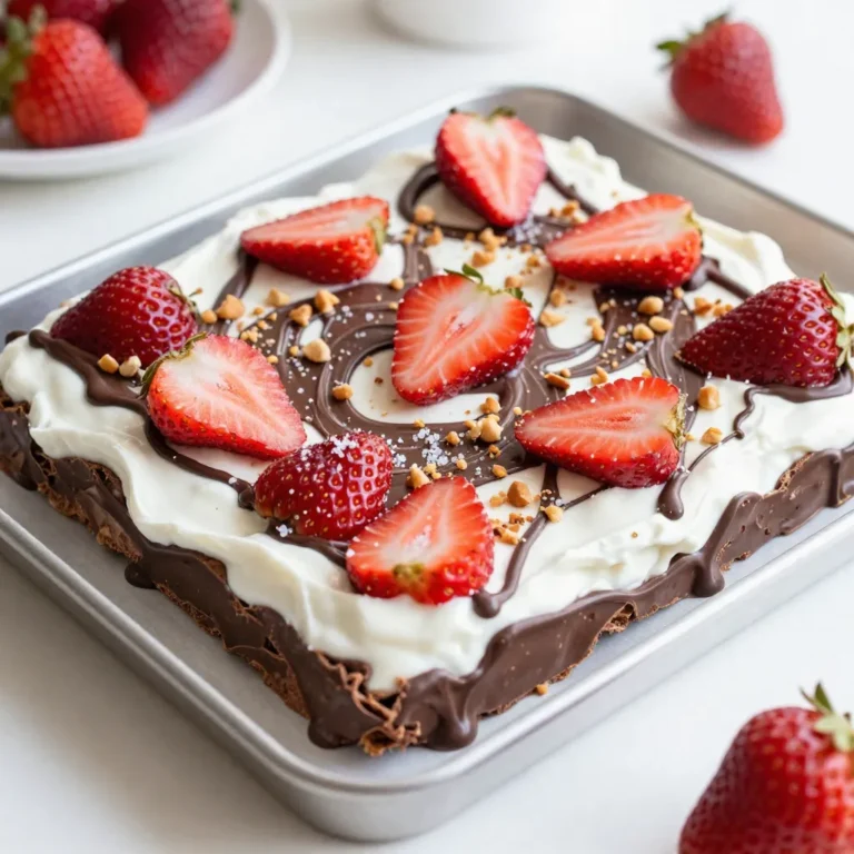 To make your Chocolate Strawberry Yogurt Bark, gather these key ingredients: - 2 cups Greek yogurt (plain or vanilla) - 2 tablespoons honey or maple syrup - 1 cup dark chocolate chips - 1 cup fresh strawberries, hulled and sliced - ¼ cup crushed nuts (almonds or pistachios, optional) - Sea salt (a pinch for garnish, optional) These ingredients work together to create a balance of flavors. The yogurt gives a creamy base. The chocolate adds richness, while strawberries bring fresh sweetness. If you want to make your bark even more exciting, consider these add-ins: - Crushed nuts like almonds or pistachios for crunch. - Coconut flakes for a tropical twist. - A sprinkle of cinnamon or vanilla extract for warmth. Adding these can elevate your bark. They provide different textures and flavors that can surprise your taste buds. You can easily modify this recipe to fit dietary needs: - Use dairy-free yogurt for a vegan option. - Replace honey with agave syrup for a vegan sweetener. - Choose dark chocolate that is dairy-free if needed. These swaps keep the snack tasty while meeting your dietary preferences. Don’t hesitate to mix and match based on what you have at home! {{ingredient_image_2}} To start, gather your ingredients. In a large bowl, add 2 cups of Greek yogurt. You can choose either plain or vanilla yogurt. Next, pour in 2 tablespoons of honey or maple syrup for sweetness. Use a spatula to mix these until they are smooth and well-blended. This is your yogurt base. Now, let’s melt the chocolate. Take 1 cup of dark chocolate chips and place them in a microwave-safe bowl. Heat the chocolate for 30 seconds in the microwave. After that, stir the chocolate well. If it isn’t fully melted, keep heating in 15-second bursts, stirring in between. You want it silky smooth without lumps. Once your yogurt mixture and chocolate are ready, it’s time to assemble. Line a baking sheet with parchment paper. Pour the yogurt mixture onto the sheet, spreading it evenly to about ½ inch thick. Drizzle the melted chocolate over the yogurt in fun patterns. Use a toothpick to swirl the chocolate into the yogurt for a nice look. Next, add 1 cup of sliced strawberries evenly across the top. If you like, sprinkle ¼ cup of crushed nuts for crunch. Finish by adding a pinch of sea salt for a tasty twist. Now, place the baking sheet in the freezer for about 4 hours until firm. Once frozen, break the bark into pieces and enjoy! To get a smooth yogurt layer, start with good Greek yogurt. Use plain or vanilla, as both work well. Mix it with two tablespoons of honey or maple syrup to add sweetness. Stir the mixture until it's creamy and well-blended. Next, line a baking sheet with parchment paper. This step makes it easy to remove the bark later. Pour the yogurt mixture onto the sheet and spread it evenly. Aim for about half an inch thick. This thickness helps it freeze well and makes it easy to break into pieces. For smooth melted chocolate, use dark chocolate chips. They melt easily and taste great. Place them in a microwave-safe bowl. Heat the chocolate in the microwave in short bursts of 30 seconds. After each burst, stir the chocolate. This helps it melt evenly. Keep heating and stirring until it becomes silky smooth. Avoid overheating, as this can cause the chocolate to seize. If it gets too thick, add a teaspoon of coconut oil to help it flow better. To freeze the yogurt bark, let it sit in the freezer for about four hours. This time is key for it to become firm. Once frozen, lift the parchment paper to remove the bark. Break it into pieces using your hands or a knife. For a nice touch, serve the bark on a pretty plate. Drizzle some leftover melted chocolate over the top for extra flair. You can also add a sprig of mint for color. Store any leftovers in an airtight container in the freezer for up to a week. Pro Tips Choose the Right Yogurt: Opt for full-fat Greek yogurt for a creamier texture. If you prefer a lighter option, low-fat Greek yogurt works well too, but the texture may be slightly less rich. Chocolate Melting Method: If you don't have a microwave, melt the chocolate using a double boiler on the stove. This method provides more control and helps prevent burning the chocolate. Fruit Alternatives: Feel free to experiment with other fruits like blueberries, raspberries, or banana slices. Each fruit will bring a unique flavor and color to your yogurt bark. Storage Tips: To prevent the yogurt bark from sticking together when frozen, place parchment paper between layers if you’re stacking them in an airtight container. {{image_4}} You can easily switch strawberries for other fruits. Try bananas, blueberries, or raspberries. Each fruit gives a different taste and color. For bananas, slice them thinly to spread evenly. Blueberries are great whole, while raspberries add a fun burst of flavor. You can also mix multiple fruits for a colorful bark. If you prefer not to use honey or maple syrup, I have options. You can try agave nectar, stevia, or coconut sugar. Each sweetener brings its own unique flavor. If you're using stevia, remember to use less, as it is sweeter than honey. Taste as you go to find your perfect sweetness. This recipe is easy to adapt for vegans. Choose dairy-free yogurt made from almond, coconut, or soy. For sweeteners, use maple syrup or agave nectar. Make sure your chocolate chips are dairy-free too. This way, everyone can enjoy this tasty treat! To keep your chocolate strawberry yogurt bark fresh, store it in an airtight container. This protects it from freezer burn. You can also wrap each piece in plastic wrap for easy access. If you plan to eat it soon, store it in the fridge. However, the freezer is best for long-term storage. When stored properly, the bark lasts up to a week in the freezer. If you keep it in the fridge, enjoy it within three days for the best taste and texture. To freeze, make sure the bark is fully set. Place it in a single layer in the container to avoid sticking. If your bark softens in the fridge, simply refreeze it for a few hours. This will bring back its firm texture. You can also enjoy it straight from the freezer for a refreshing treat. Just be careful not to leave it out too long, or it may melt. Enjoy your chocolate strawberry yogurt bark anytime! Yes, you can use other types of yogurt. I recommend Greek yogurt for its thick texture. You can also use regular yogurt or plant-based yogurt. Look for options with no added sugar for a healthier choice. Always check the fat content if you want a creamier result. To make this dish dairy-free, use a plant-based yogurt. Almond, coconut, or soy yogurts work well. Also, choose dairy-free chocolate chips for the drizzle. This way, you keep the taste and texture without using any dairy products. You can get creative with toppings! Try banana slices, blueberries, or raspberries for added flavor. Nuts like walnuts or pecans add crunch. You can also use seeds like chia or sunflower for a different twist. Get fun with your favorite toppings! To cut the bark, first, let it freeze completely. Once frozen, lift it off the parchment. Use a sharp knife for clean cuts. If you prefer, break it into pieces with your hands for a rustic look. Enjoy your snack! In this article, we explored how to make chocolate strawberry yogurt bark. We discussed the key ingredients, optional add-ins, and substitutions for dietary needs. You learned step-by-step instructions for preparing the yogurt, melting chocolate, and combining toppings. I shared tips for perfect layers and melting chocolate. We also reviewed delicious variations and best storage practices. Now, with this simple recipe, you can create a tasty treat! Enjoy experimenting with flavors and sharing your delicious creations. Make it your own and savor each bite!