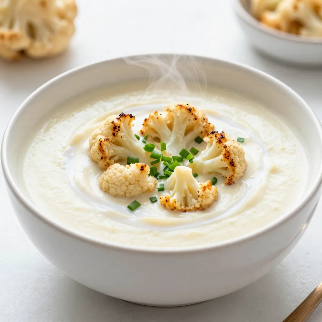 - 1 large head of cauliflower, cleaned and cut into florets - 1 medium onion, finely diced - 4 cloves of garlic, minced - 3 cups vegetable broth (homemade or store-bought) - 1 cup coconut milk (or heavy cream for a richer taste) - 2 tablespoons extra virgin olive oil - 1 teaspoon ground cumin - 1/2 teaspoon ground turmeric - Salt and freshly ground black pepper, to taste - Juice of 1/2 fresh lemon - Fresh chives or parsley, chopped for garnish I love using fresh ingredients. They make the soup shine. The star here is the cauliflower. It gives a rich, creamy base. You want to start with a large head of cauliflower. Cut it into small florets. This helps it roast evenly. Aromatics are key. I use one medium onion and four cloves of garlic. Chop these finely. They add sweet and savory notes. Next, the broth. You can use homemade vegetable broth or store-bought. Either works well. For creaminess, I add one cup of coconut milk or heavy cream. Coconut milk is great for a dairy-free option. Seasonings bring out flavors. I add two tablespoons of extra virgin olive oil, one teaspoon of ground cumin, and half a teaspoon of ground turmeric. Don't forget salt and black pepper to taste. Lastly, finish with fresh herbs. I love using chives or parsley for garnish. They add a pop of color and flavor. Enjoy gathering these ingredients! They set the stage for a warm, comforting soup. {{ingredient_image_2}} Cleaning and Cutting Start by rinsing the cauliflower under cold water. Remove any dirt or grit. Cut the head into florets. Make sure they are of similar size. This helps them cook evenly. Seasoning and Arranging on Baking Sheet In a bowl, mix the florets with olive oil, salt, pepper, cumin, and turmeric. Toss them well. Spread the seasoned florets on a large baking sheet. Keep them in a single layer for best roasting. Oven Temperature and Timing Preheat your oven to 425°F (220°C). This hot temperature helps the cauliflower brown nicely. Roast for 25-30 minutes. The florets should be golden brown and soft. Importance of Turning Florets About halfway through roasting, turn the florets. This ensures even cooking and browning. It helps all sides get that delicious roasted flavor. Sautéing Onion and Garlic In a large pot, heat some oil over medium heat. Add the diced onion and cook for about 5 minutes. Stir often until the onion turns soft and clear. Then, add the minced garlic. Cook for 1-2 minutes more. Make sure the garlic does not burn. Combining Ingredients Once the cauliflower is done roasting, add it to the pot. Pour in the vegetable broth. Bring this mixture to a gentle simmer. Let it cook for 5-10 minutes to blend the flavors. Using an Immersion Blender Take your immersion blender and blend the soup until smooth. This creates a creamy texture. If you don’t have one, you can use a regular blender. Transferring to a Standard Blender If using a standard blender, let the soup cool a bit. Blend in batches if needed. Return the blended soup to the pot afterward. Incorporating Coconut Milk or Heavy Cream Stir in the coconut milk or heavy cream. This gives the soup a rich taste. Add the juice of half a lemon for brightness. Adjusting Seasoning and Temperature Taste the soup. Add more salt or pepper if needed. Heat it gently until warm. Avoid boiling to keep the flavors fresh. Achieving the Ideal Texture To make great soup, start with the perfect roast. Roast cauliflower at 425°F (220°C). This gives it a nice, crisp texture. Spread the florets out on a baking sheet. Make sure they are not crowded. This helps them roast evenly. Toss them with olive oil, salt, and spices. The cumin and turmeric add a warm flavor. Roast for 25-30 minutes. It should be golden brown and tender. Flavor Enhancements To boost flavor, add spices before roasting. Ground cumin gives warmth, while turmeric adds a golden hue. You can also mix in some garlic. Just a few cloves can make a big difference. If you want a hint of zest, squeeze fresh lemon juice in the soup. It brightens the flavor and lifts the dish. Using the Right Equipment Use an immersion blender for smooth soup. It is easy and keeps everything in one pot. If you don’t have one, a regular blender works too. Just be careful. Blend in small batches to avoid spills. Avoiding Over-Blending Blend just until smooth. If you blend too long, the soup can get too thin. Aim for a creamy texture that coats your spoon. This makes each bite feel rich and satisfying. Pairing with Bread Serve your soup with warm bread. A crusty baguette or soft rolls work well. They add a nice contrast to the creamy soup. You can dip the bread or enjoy it on the side. Presentation Ideas Make your soup look special. Use bowls that show off the color. Garnish with fresh chives or parsley. This adds a pop of green and makes the dish inviting. A drizzle of coconut milk on top can also look nice. Enjoy your meal and impress your guests! Pro Tips Roasting for Flavor: Roasting the cauliflower until golden brown enhances its natural sweetness and adds a depth of flavor to the soup. Texture Matters: For a creamier soup, ensure that you blend the mixture thoroughly until smooth. An immersion blender makes this process simple and mess-free. Experiment with Garnishes: Fresh herbs like chives or parsley not only add color but also brighten the flavor of the soup. Try adding a drizzle of olive oil or a sprinkle of chili flakes for an extra kick. Adjusting Creaminess: If you prefer a richer soup, substitute the coconut milk with heavy cream or add more coconut milk for a dairy-free option. {{image_4}} - Using coconut milk gives the soup a creamy texture without dairy. Coconut milk adds a slight sweetness, which balances the flavors. You can swap heavy cream with one cup of coconut milk. This choice makes the soup vegan-friendly too. If you want more richness, use full-fat coconut milk. - Spices and herbs for flavor: You can play with spices like smoked paprika or curry powder. Fresh herbs like thyme or rosemary can add depth. Just add a teaspoon of your choice when cooking the onions and garlic. They will blend well with the roasted cauliflower. - Incorporating other vegetables: Consider adding carrots or potatoes for extra nutrition. Chop them small and roast them with the cauliflower. This will enhance the soup’s texture and flavor. - Adding potatoes or nuts: If you want a thicker soup, try adding potatoes. Peel and chop them, then cook with the cauliflower. Alternatively, blend in cashews or almonds. Soak them in water first to soften. Both options will give your soup a nice creamy texture. How long does the soup last? The creamy roasted cauliflower soup stays fresh in the fridge for about 3 to 5 days. Store it in a clean container. What are proper storage containers? Use airtight containers to keep the soup fresh. Glass jars or plastic containers work well. Label them with the date to track how long they have been stored. What are the best practices for freezing? For freezing, let the soup cool completely before transferring it to freezer-safe containers. Leave some space at the top, as soup expands when frozen. It stays good for 2 to 3 months. What are thawing and reheating tips? To thaw, place the soup in the fridge overnight. You can also use the microwave on low power. When reheating, do it slowly on the stove. Stir often so it heats evenly. Adjust seasoning if needed before serving. Yes, you can use frozen cauliflower. Just keep in mind it may have more water. This can change the soup’s texture a bit. If using frozen, skip the roasting step. You can add it directly to the pot with the broth. Cook for about 10-15 minutes, until tender. Then blend as usual. You can use chicken broth or water if you prefer. If you want a richer flavor, try using homemade broth. You can also mix in some herbs or spices to boost the taste. Just make sure to check for salt, as some broths can be salty. Yes, this recipe is vegan-friendly. Use coconut milk as your cream. This gives a rich flavor without dairy. Just ensure your vegetable broth is also vegan. Some store-bought broths may have animal products, so read the label. To add spice, include red pepper flakes or a dash of hot sauce. You can also add fresh jalapeños while cooking the onions. Start with a small amount, then taste as you go. This way, you can control the heat level to your liking. Yes, you can make this soup ahead of time. Just let it cool completely before storing it. Keep it in a sealed container in the fridge for up to 3 days. You can reheat it on the stove or in the microwave. Just stir well and check the temperature before serving. This post guides you through making a delicious cauliflower soup. We covered key ingredients, step-by-step instructions, and helpful tips. You learned how to roast cauliflower, blend the soup, and even variations to try. Remember, proper storage helps maintain freshness. With these insights, you can craft a tasty bowl of soup to enjoy. Keep experimenting with flavors and sharing your creations! Great cooking lets your creativity shine.