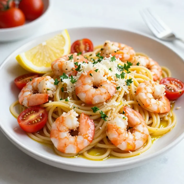 - 8 ounces spaghetti or linguine - 1 pound large shrimp, peeled and deveined - 4 tablespoons extra virgin olive oil - 4 cloves garlic, finely minced - 1 teaspoon red pepper flakes (optional) - Zest of 1 lemon and juice from that lemon - 1 cup cherry tomatoes, halved - 1/4 cup fresh parsley, roughly chopped - Sea salt and freshly cracked black pepper to taste - Grated Parmesan cheese, for serving You need 8 ounces of pasta, which makes enough for four servings. I like using spaghetti or linguine for this recipe, but you can choose your favorite. For the shrimp, one pound is perfect. The olive oil adds rich flavor, and you should use four tablespoons. Fresh garlic brings the dish to life; four cloves are just right. The lemon zest and juice come from one lemon. This adds brightness and flavor. The cherry tomatoes should be halved; one cup is ideal. Fresh parsley adds color and freshness, so use a quarter cup. For seasoning, use sea salt and cracked black pepper to taste. Lastly, add a bit of grated Parmesan for serving. If you like some heat, add one teaspoon of red pepper flakes. You can also mix in seasonal vegetables like spinach or bell peppers for extra color and nutrition. For a creamy touch, consider a splash of heavy cream. These options can make your dish even more delightful! {{ingredient_image_2}} Start by boiling water in a large pot. Add a good amount of salt to the water. This helps season the pasta. Once the water is boiling, add 8 ounces of spaghetti or linguine. Cook until it is al dente, which means it should be firm but not hard. This usually takes about 8 to 10 minutes. Reserve 1/2 cup of the pasta water before draining. Set the drained pasta aside in a large bowl. In a large skillet, heat 2 tablespoons of extra virgin olive oil over medium heat. Add 1 pound of large shrimp, peeled and deveined. Season the shrimp with sea salt and freshly cracked black pepper. Cook for 2 to 3 minutes, until they are pink and opaque. It’s important not to overcook the shrimp. Once done, transfer the shrimp to a plate and set aside. In the same skillet, add the remaining 2 tablespoons of olive oil. Next, add 4 cloves of finely minced garlic and 1 teaspoon of red pepper flakes, if you like heat. Sauté for about 30 seconds. Stir often to keep the garlic from browning. You want it fragrant, not burnt. Now, toss in 1 cup of halved cherry tomatoes. Cook these for 2 to 3 minutes until they soften and release their juices. Stir in the lemon zest and juice from 1 lemon. This will create a bright and fresh flavor that pairs well with shrimp. Carefully return the shrimp to the skillet. Then, add the drained pasta. Pour in the reserved pasta water gradually. Toss everything together to create a sauce that clings to the pasta. Cook for another minute to let the flavors mix. Finally, remove the skillet from heat and mix in 1/4 cup of roughly chopped fresh parsley. Taste and adjust seasoning with more salt and pepper if needed. When serving, place the pasta in shallow bowls. Top with grated Parmesan cheese. A sprinkle of parsley adds color. Serve with lemon wedges for an extra burst of flavor. Enjoy your Lemon Garlic Shrimp Pasta! To make the best lemon garlic shrimp pasta, cook the pasta just right. Here are some tips: - Use plenty of water: This helps the pasta move freely. It also keeps it from sticking. - Salt the water: Add a good amount of salt before boiling. It adds flavor to the pasta. - Check for al dente: Cook until firm but not hard. This gives the best texture. - Save pasta water: Reserve some of the water. This starchy water helps your sauce stick and adds creaminess. Cooking shrimp properly is key. Here’s how to get it just right: - Use high heat: Heat your skillet before adding shrimp. This ensures they sear well. - Don’t overcrowd: Cook shrimp in batches if needed. Overcrowding leads to steaming, not searing. - Watch the color: Shrimp should turn pink and opaque. This shows they are done. - Season well: A pinch of salt and pepper enhances the flavor. Add more if needed after cooking. To boost flavor, use these tips: - Fresh ingredients: Always choose fresh garlic and parsley. They make a big difference. - Add lemon zest: It brightens the dish. Zest before juicing to get the oils. - Optional heat: Red pepper flakes add a nice kick. Adjust the amount based on your taste. - Quality olive oil: Use extra virgin olive oil for the best flavor. It really enhances the dish. Following these tips will help you create a delicious lemon garlic shrimp pasta that impresses everyone. Pro Tips Fresh Shrimp is Best: Always choose fresh shrimp over frozen if available. Fresh shrimp not only tastes better but also has a firmer texture, enhancing your dish's overall quality. Don’t Overcook the Pasta: To achieve the perfect al dente texture, cook the pasta until just tender. Remember, it will continue to cook slightly after being combined with the sauce. Customize the Heat: Adjust the amount of red pepper flakes based on your heat preference. For a milder dish, reduce the flakes, or omit them entirely for a family-friendly version. Garnish for a Visual Appeal: Fresh parsley not only adds flavor but also a vibrant color contrast. Garnishing with lemon wedges adds a bright presentation and invites diners to add extra freshness. {{image_4}} You can easily make this dish gluten-free. Use gluten-free pasta instead of regular spaghetti or linguine. Look for options made from rice or quinoa. These alternatives cook well and taste great with the lemon garlic sauce. This way, everyone can enjoy this tasty meal. If you want to keep it dairy-free, skip the Parmesan cheese. You can also use nutritional yeast for a cheesy flavor without dairy. It adds a nice touch to the dish. There’s no need to miss out on flavor when you make these swaps. Adding seasonal vegetables can enhance your pasta. Try tossing in spinach, zucchini, or asparagus. These veggies bring color and nutrients to your dish. Sauté them with the shrimp or garlic for extra flavor. This makes your meal healthier and more exciting. After enjoying your lemon garlic shrimp pasta, store any leftovers in an airtight container. This keeps the flavors fresh. Make sure to let the pasta cool before sealing it. It will stay good in the fridge for up to three days. If you notice any extra moisture, use a paper towel to absorb it. This helps maintain the texture. To reheat your pasta, use a skillet over low heat. Add a splash of olive oil or a bit of water to keep it moist. Stir gently until it is warm. You can also use the microwave, but cover the dish to prevent it from drying out. Heat in short bursts of 30 seconds, stirring in between. This way, the pasta stays tasty and does not get rubbery. If you want to save some pasta for later, freezing is a great option. Place the cooled pasta in a freezer-safe bag or container. Be sure to remove as much air as possible. This prevents freezer burn. Your lemon garlic shrimp pasta can stay in the freezer for up to three months. When you’re ready to eat, thaw it overnight in the fridge. Then, reheat it as mentioned above. If you want to swap shrimp, try chicken or tofu. Both work well in this dish. Chicken should be cut into small pieces. Cook it until golden brown. Tofu should be firm and pressed. Sauté it until browned for a nice texture. You can also use scallops or fish for a different flavor. Yes! You can use any pasta you like. Options include penne, fettuccine, or gluten-free pasta. Just make sure to adjust cooking time based on the pasta type. Follow the package instructions to cook it al dente. This way, your pasta will mix well with the sauce. To make more servings, simply double the ingredients. If you want to serve eight, use 16 ounces of pasta and 2 pounds of shrimp. Adjust the garlic, lemon, and oil accordingly. Make sure you have a big enough pot and skillet for cooking. Keep the cooking times similar for best results. This blog covered key steps for making shrimp pasta. We listed ingredients and shared exact measurements. You learned to prepare pasta, sauté shrimp, and mix flavors. I also shared tips for perfect cooking and fun variations. Proper storage is essential for leftovers too. In closing, this recipe is simple and adaptable. Experiment with different flavors and enjoy your meals. Happy cooking!