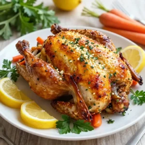 - Whole chicken (4-5 lbs) - Garlic (6 cloves, minced) - Lemon (zest and juice) - Unsalted butter (4 tablespoons, softened) - Fresh rosemary (2 tablespoons, chopped) - Fresh thyme (2 tablespoons, chopped) - Fresh parsley (1 tablespoon, chopped) - Salt, black pepper, and paprika - Onion (1 large, quartered) - Carrot (1 medium, chopped) - Low-sodium chicken broth (1 cup) To make Garlic Herb Roasted Chicken, gather your ingredients. Start with a whole chicken weighing between 4 to 5 pounds. You also need six cloves of garlic, minced, and one lemon for zest and juice. Next, for the herb and spice mix, grab four tablespoons of softened unsalted butter. Fresh herbs are key here: use two tablespoons each of chopped rosemary and thyme, and one tablespoon of chopped parsley. Don't forget salt, black pepper, and paprika to enhance the flavor. For aromatics, get one large onion, quartered, and one medium carrot, chopped. Lastly, have one cup of low-sodium chicken broth ready to keep the chicken moist while it roasts. Each ingredient contributes to a tasty and juicy chicken, perfect for family meals or gatherings. {{ingredient_image_2}} First, preheat your oven to 425&deg;F (220&deg;C). This hot temperature helps the chicken get crispy skin and cook evenly. Next, combine these ingredients in a bowl: - 6 cloves garlic, minced - Zest and juice of 1 lemon - 4 tablespoons unsalted butter, softened - 2 tablespoons fresh rosemary, chopped - 2 tablespoons fresh thyme, chopped - 1 tablespoon fresh parsley, chopped - Salt to taste - Freshly ground black pepper to taste - 1 teaspoon paprika Mix until you have a smooth herb paste. This blend is key for great flavor! Now, rinse the whole chicken under cold water. Pat it dry with paper towels. Next, create pockets under the skin of the chicken. Slide your fingers gently under the skin on the breast and thighs. Be careful not to tear it. This step lets the herb paste flavor the meat. Take half of the herb paste and spread it under the skin. Use the rest to coat the outside of the chicken. Then, season the inside cavity with more salt and pepper. Stuff it with the quartered onion and chopped carrot. These add nice aroma as the chicken cooks. Place the chicken in a roasting pan. Pour 1 cup of low-sodium chicken broth around the chicken. This keeps it moist while roasting. Roast the chicken for about 1 hour and 15 minutes. Check the internal temperature in the thickest part of the thigh. It should reach 165&deg;F (75&deg;C). Halfway through cooking, baste the chicken with the pan juices. This keeps the meat juicy and adds flavor. Once the chicken is done, take it out of the oven. Loosely cover it with aluminum foil. Let it rest for about 15 minutes. This helps the juices stay in the meat. When it&rsquo;s time to carve, use a sharp knife. Serve the chicken on a large platter. For a nice touch, garnish with fresh herbs and lemon wedges. Drizzle some pan juices over the carved slices for extra flavor. Enjoy your feast! To get the best flavor, you must apply the herb paste well. This step is key. After you create your herb mixture, spread half under the skin. This adds flavor deep into the meat. Use the rest to coat the outside. This gives a tasty crust. Brining your chicken can add moisture. A simple brine of salt and water helps. Soak the chicken for a few hours. This keeps the meat juicy as it cooks. Basting the chicken is essential for juiciness. Halfway through cooking, use a spoon to drizzle the pan juices over the chicken. This keeps the skin crispy and the meat moist. Check for doneness by using a meat thermometer. Insert it into the thickest part of the thigh. The chicken is ready when it reaches 165&deg;F. This ensures it is safe and perfectly cooked. Garnish your roasted chicken with fresh herbs and lemon wedges. This adds color and a fresh touch. Use parsley, rosemary, or thyme for a beautiful look. Serve the chicken on a large platter. Drizzle some of the pan juices over the carved chicken. This makes it look festive and inviting for your family feast. Pro Tips Resting the Chicken: Allowing the chicken to rest after roasting is crucial for juicy meat. This lets the juices redistribute, ensuring every bite is flavorful. Use a Meat Thermometer: For perfect doneness, use a meat thermometer to check the internal temperature. Aim for 165&deg;F (75&deg;C) in the thickest part of the thigh. Flavor Infusion: For an extra layer of flavor, marinate the chicken with the herb paste for a few hours or overnight in the fridge before roasting. Enhance the Gravy: After roasting, deglaze the pan with a splash of white wine or extra chicken broth to create a delicious gravy with the drippings. {{image_4}} You can switch up the herbs to change the flavor. Try using sage or oregano. These herbs add a warm, earthy taste. You can also mix in some dill for a fresh zing. Spice blends can change your chicken's profile too. Consider using a blend with cumin or coriander. These spices add a hint of warmth and depth. A simple herb mix can be just as good as the classic. Stuffing your chicken can make it even better. Garlic can add a punch of flavor. Try adding citrus like orange or lemon. This gives a bright taste that cuts through the richness. You can also use vegetables as stuffing. Chopped carrots, celery, or mushrooms work well. This adds moisture and flavor as it cooks. Pair your stuffed chicken with grains for a full meal. Rice or quinoa can round out your plate nicely. Side dishes can elevate your meal. Roasted vegetables are perfect. They add color and taste. You can use carrots, zucchini, or Brussels sprouts. Toss them with olive oil and herbs. A fresh salad can balance the meal too. Use greens like arugula or spinach. Add some nuts or cheese for crunch and flavor. Wine is also a great match. A light white wine like Sauvignon Blanc pairs well. It complements the chicken's flavor without overpowering it. When you have leftover roasted chicken, store it in the fridge. Place it in an airtight container to keep it fresh. Roasted chicken lasts for about 3 to 4 days in the fridge. If you want to enjoy it later, don&rsquo;t wait too long! Freezing is a great option if you have extra chicken. Cut the chicken into pieces before freezing for easy use later. Wrap each piece tightly in plastic wrap and then place it in a freezer bag. This will help keep the chicken moist. To thaw, move it to the fridge overnight. For reheating, the oven works best. Preheat the oven to 350&deg;F (175&deg;C). Place the chicken in a baking dish and cover it with foil. Heat for about 20 to 30 minutes, or until it's warm throughout. Leftover chicken can shine in many new dishes. Use it to make tasty salads by adding greens, veggies, and a dressing. You can also make hearty sandwiches with your favorite bread. Another fun idea is to toss it into soups. It adds protein and flavor to your meal. These options make the most of your delicious roasted chicken! Roasting time depends on the chicken's weight. A 4-5 pound chicken takes about 1 hour and 15 minutes at 425&deg;F (220&deg;C). For each additional pound, add about 15 minutes. Always check the internal temperature to ensure safety. Yes, you can use a frozen chicken. Thaw it in the fridge for 24 hours before cooking. If you&rsquo;re in a hurry, use the cold water method. Submerge the chicken in cold water, changing it every 30 minutes. Cook it right after thawing. To keep your chicken tender, avoid overcooking. Use a meat thermometer to check for doneness. Cooking it to an internal temperature of 165&deg;F (75&deg;C) is key. Also, let it rest after cooking. This helps juices stay inside the meat. You can adapt this recipe for an air fryer. Preheat the air fryer to 360&deg;F (180&deg;C). Place the seasoned chicken in the basket. Cook for about 60-70 minutes. Check the internal temperature to ensure it reaches 165&deg;F (75&deg;C). Check the internal temperature with a meat thermometer. The thickest part of the thigh should read 165&deg;F (75&deg;C). Look for clear juices when you pierce the chicken. If juices run clear, your chicken is done. This post covered how to roast a whole chicken. We explored ingredients, from the chicken itself to herbs and spices. The step-by-step guide showed you how to prepare, roast, and serve the chicken. I also shared tips to enhance flavor, presentation ideas, and ways to use leftovers. Roasting chicken can be fun and rewarding. With these methods, you can make a meal everyone will love. Enjoy your cooking!