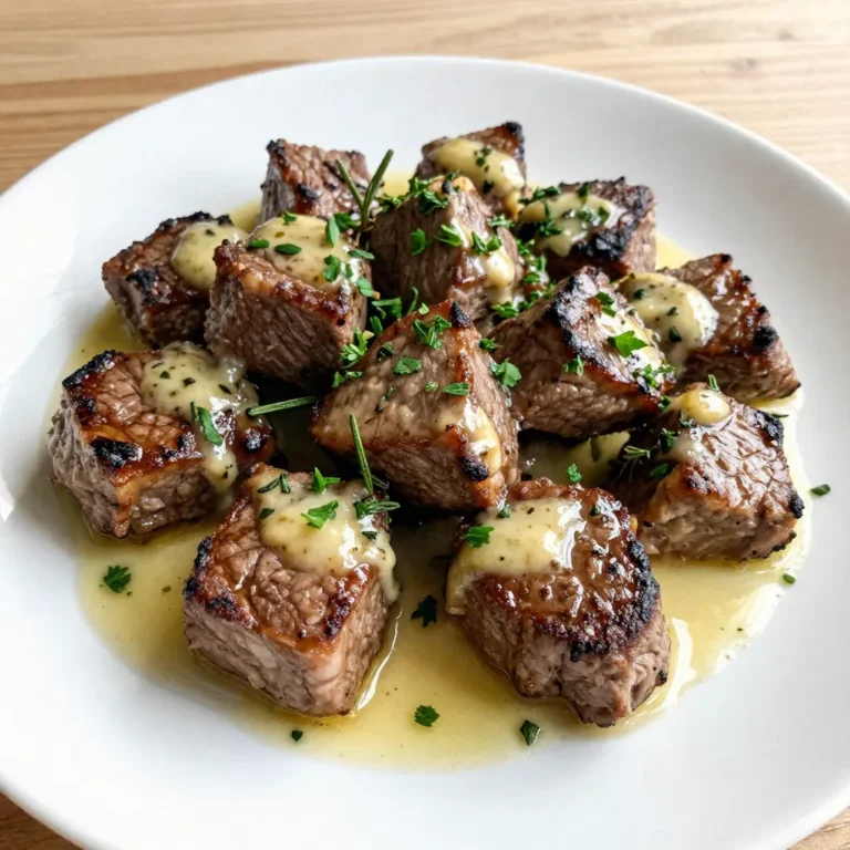 To create delicious Garlic Butter Herb Steak Bites, you need a few key ingredients. Each one plays a vital role in building flavor and texture. Here is the list of ingredients you will need: - 1.5 lbs sirloin steak, cut into bite-sized pieces - 4 tablespoons unsalted butter - 4 cloves of garlic, finely minced - 2 teaspoons fresh rosemary, finely chopped - 2 teaspoons fresh thyme, finely chopped - 1 teaspoon paprika - Salt and freshly cracked black pepper, to taste - 1 tablespoon olive oil - Fresh parsley, finely chopped (for garnish) Using sirloin steak gives you a nice balance of tenderness and flavor. The butter adds richness, while garlic brings warmth. Fresh herbs like rosemary and thyme add a bright note. Paprika adds a touch of warmth and color. Don't forget salt and pepper; they enhance every bite. Gather these items before you start. Having everything ready will make cooking easier and more fun. You can customize the herbs based on what you have. This flexibility allows you to make the recipe your own. Enjoy the process and get ready for a tasty meal! {{ingredient_image_2}} To marinate steak, start with fresh sirloin cut into bite-sized pieces. In a large bowl, mix olive oil, salt, pepper, and paprika. Toss the steak well, ensuring each piece gets coated. Let it marinate for 20 to 30 minutes at room temperature. This time helps the flavors seep into the meat. Heat a large skillet on medium-high until hot. Add the marinated steak in a single layer. Do not overcrowd the skillet; this keeps the heat right for a good sear. Sear the steak for 2 to 3 minutes on each side. Look for a nice brown crust. When done, remove the steak and set it aside. In the same skillet, turn the heat to medium. Add unsalted butter and let it melt. Once melted, add finely minced garlic. Sauté for about 1 minute until the garlic smells great. Watch closely to avoid burning; burnt garlic can ruin the dish. Return the seared steak to the skillet. Gently toss it in the garlic butter sauce, making sure each piece is coated well. Let it cook for one more minute to heat through. This step helps the steak soak up the flavors from the sauce. To plate, transfer the steak bites to a serving platter. Sprinkle with fresh parsley for a pop of color. Serve with sides like mashed potatoes or steamed veggies to make it a complete meal. Enjoy the rich, savory flavors of your garlic butter herb steak bites! For garlic butter herb steak bites, sirloin steak is the best choice. It has great flavor and tenderness. You want quality meat for the best taste. Look for marbling, as it adds juiciness. Good cuts make a big difference in your dish. To get your steak just right, use a meat thermometer. This tool helps you avoid guesswork. Here are the doneness levels you can aim for: - Rare: 125°F - Medium Rare: 135°F - Medium: 145°F - Medium Well: 150°F - Well Done: 160°F or higher Check the temperature in the thickest part of the steak. This ensures even cooking. You can boost the flavor with extra herbs and spices. Consider adding oregano, basil, or even chili flakes for heat. Fresh herbs like parsley also work well as a garnish. You might try topping the steak bites with a drizzle of balsamic glaze or a sprinkle of cheese. These options add new layers of taste. Pro Tips Rest the Steak: Allow the marinated steak to rest at room temperature for 20-30 minutes before cooking. This helps the meat cook evenly and enhances flavor. Choose the Right Pan: Use a heavy skillet or cast-iron pan for searing. This ensures even heat distribution, leading to a perfect crust on the steak bites. Don’t Overcrowd the Pan: Cook steak bites in batches if necessary. Overcrowding can lower the pan temperature, preventing proper searing. Perfect Butter Sauce: Keep an eye on the garlic while making the butter sauce. It should be fragrant but not browned to avoid a bitter taste. {{image_4}} You can switch up the steak for other proteins. Chicken, shrimp, or even tofu work well. If you use chicken, choose boneless thighs for juiciness. Shrimp cooks fast, so adjust your cooking time. Sear shrimp for just 1-2 minutes per side. For tofu, use firm or extra-firm and ensure it’s well-pressed to remove extra water. This helps it absorb flavors better. To change the taste, try different marinades. A soy sauce blend with ginger adds a nice twist. You can also mix honey with balsamic vinegar for a sweet touch. Experiment with herbs too. If you want a fresh taste, try basil or cilantro. You could even sprinkle some feta cheese on top for a tangy flavor. Each change brings a new twist to the dish. You can also adapt the cooking method. If you prefer an oven, preheat it to 400°F. Place the steak bites in a baking dish and cover with foil. Bake for about 10-12 minutes. This method gives a different texture and keeps the meat juicy. Grilling is another option. It adds a nice smoky flavor. Just remember to grease the grill to prevent sticking. Each method offers its own benefits, so choose what you like best. To keep your Garlic Butter Herb Steak Bites fresh, place leftovers in an airtight container. Store them in the fridge within two hours of cooking. This helps prevent bacteria growth. They stay good for about three days. After that, the flavor and texture may fade. When reheating your steak bites, use a skillet over low heat. This method helps keep the steak juicy and tasty. Heat for three to five minutes, stirring gently. Avoid high heat to prevent overcooking. You want to enjoy every bite just as you did fresh! Yes, you can use frozen steak. To use frozen steak, thaw it safely in the fridge overnight. This ensures it cooks evenly. Avoid thawing at room temperature, as this can lead to bacteria growth. After thawing, follow the marinade steps just like you would with fresh steak. You can marinate the steak for 20 to 30 minutes for the best flavor. If you want a stronger taste, you can marinate it for up to 2 hours. Just be careful not to marinate too long, as the meat can become mushy. Always keep it in the fridge while marinating. Several side dishes go well with steak bites. Here are some great options: - Garlic mashed potatoes - Roasted vegetables - Fresh garden salad - Creamy coleslaw - Buttered corn on the cob These choices balance the rich flavors of the steak, making your meal complete. Yes, this recipe is great for meal prep. You can cook the steak bites in advance and store them in an airtight container. Keep them in the fridge for up to 4 days. To reheat, warm them in a skillet over low heat. This keeps the steak juicy and flavorful without overcooking it. This article gave you easy steps to make Garlic Butter Herb Steak Bites. You learned about key ingredients, how to marinate and sear the steak, and prepare the sauce. I shared tips on choosing the right steak and cooking it to your preference. You also discovered ways to switch up the recipe and store leftovers correctly. With these tips, you can enjoy perfect steak bites at home. Try it out, and impress your family or friends with a tasty meal!