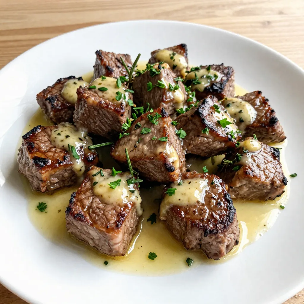To create delicious Garlic Butter Herb Steak Bites, you need a few key ingredients. Each one plays a vital role in building flavor and texture. Here is the list of ingredients you will need: - 1.5 lbs sirloin steak, cut into bite-sized pieces - 4 tablespoons unsalted butter - 4 cloves of garlic, finely minced - 2 teaspoons fresh rosemary, finely chopped - 2 teaspoons fresh thyme, finely chopped - 1 teaspoon paprika - Salt and freshly cracked black pepper, to taste - 1 tablespoon olive oil - Fresh parsley, finely chopped (for garnish) Using sirloin steak gives you a nice balance of tenderness and flavor. The butter adds richness, while garlic brings warmth. Fresh herbs like rosemary and thyme add a bright note. Paprika adds a touch of warmth and color. Don't forget salt and pepper; they enhance every bite. Gather these items before you start. Having everything ready will make cooking easier and more fun. You can customize the herbs based on what you have. This flexibility allows you to make the recipe your own. Enjoy the process and get ready for a tasty meal! {{ingredient_image_2}} To marinate steak, start with fresh sirloin cut into bite-sized pieces. In a large bowl, mix olive oil, salt, pepper, and paprika. Toss the steak well, ensuring each piece gets coated. Let it marinate for 20 to 30 minutes at room temperature. This time helps the flavors seep into the meat. Heat a large skillet on medium-high until hot. Add the marinated steak in a single layer. Do not overcrowd the skillet; this keeps the heat right for a good sear. Sear the steak for 2 to 3 minutes on each side. Look for a nice brown crust. When done, remove the steak and set it aside. In the same skillet, turn the heat to medium. Add unsalted butter and let it melt. Once melted, add finely minced garlic. Sauté for about 1 minute until the garlic smells great. Watch closely to avoid burning; burnt garlic can ruin the dish. Return the seared steak to the skillet. Gently toss it in the garlic butter sauce, making sure each piece is coated well. Let it cook for one more minute to heat through. This step helps the steak soak up the flavors from the sauce. To plate, transfer the steak bites to a serving platter. Sprinkle with fresh parsley for a pop of color. Serve with sides like mashed potatoes or steamed veggies to make it a complete meal. Enjoy the rich, savory flavors of your garlic butter herb steak bites! For garlic butter herb steak bites, sirloin steak is the best choice. It has great flavor and tenderness. You want quality meat for the best taste. Look for marbling, as it adds juiciness. Good cuts make a big difference in your dish. To get your steak just right, use a meat thermometer. This tool helps you avoid guesswork. Here are the doneness levels you can aim for: - Rare: 125°F - Medium Rare: 135°F - Medium: 145°F - Medium Well: 150°F - Well Done: 160°F or higher Check the temperature in the thickest part of the steak. This ensures even cooking. You can boost the flavor with extra herbs and spices. Consider adding oregano, basil, or even chili flakes for heat. Fresh herbs like parsley also work well as a garnish. You might try topping the steak bites with a drizzle of balsamic glaze or a sprinkle of cheese. These options add new layers of taste. Pro Tips Rest the Steak: Allow the marinated steak to rest at room temperature for 20-30 minutes before cooking. This helps the meat cook evenly and enhances flavor. Choose the Right Pan: Use a heavy skillet or cast-iron pan for searing. This ensures even heat distribution, leading to a perfect crust on the steak bites. Don’t Overcrowd the Pan: Cook steak bites in batches if necessary. Overcrowding can lower the pan temperature, preventing proper searing. Perfect Butter Sauce: Keep an eye on the garlic while making the butter sauce. It should be fragrant but not browned to avoid a bitter taste. {{image_4}} You can switch up the steak for other proteins. Chicken, shrimp, or even tofu work well. If you use chicken, choose boneless thighs for juiciness. Shrimp cooks fast, so adjust your cooking time. Sear shrimp for just 1-2 minutes per side. For tofu, use firm or extra-firm and ensure it’s well-pressed to remove extra water. This helps it absorb flavors better. To change the taste, try different marinades. A soy sauce blend with ginger adds a nice twist. You can also mix honey with balsamic vinegar for a sweet touch. Experiment with herbs too. If you want a fresh taste, try basil or cilantro. You could even sprinkle some feta cheese on top for a tangy flavor. Each change brings a new twist to the dish. You can also adapt the cooking method. If you prefer an oven, preheat it to 400°F. Place the steak bites in a baking dish and cover with foil. Bake for about 10-12 minutes. This method gives a different texture and keeps the meat juicy. Grilling is another option. It adds a nice smoky flavor. Just remember to grease the grill to prevent sticking. Each method offers its own benefits, so choose what you like best. To keep your Garlic Butter Herb Steak Bites fresh, place leftovers in an airtight container. Store them in the fridge within two hours of cooking. This helps prevent bacteria growth. They stay good for about three days. After that, the flavor and texture may fade. When reheating your steak bites, use a skillet over low heat. This method helps keep the steak juicy and tasty. Heat for three to five minutes, stirring gently. Avoid high heat to prevent overcooking. You want to enjoy every bite just as you did fresh! Yes, you can use frozen steak. To use frozen steak, thaw it safely in the fridge overnight. This ensures it cooks evenly. Avoid thawing at room temperature, as this can lead to bacteria growth. After thawing, follow the marinade steps just like you would with fresh steak. You can marinate the steak for 20 to 30 minutes for the best flavor. If you want a stronger taste, you can marinate it for up to 2 hours. Just be careful not to marinate too long, as the meat can become mushy. Always keep it in the fridge while marinating. Several side dishes go well with steak bites. Here are some great options: - Garlic mashed potatoes - Roasted vegetables - Fresh garden salad - Creamy coleslaw - Buttered corn on the cob These choices balance the rich flavors of the steak, making your meal complete. Yes, this recipe is great for meal prep. You can cook the steak bites in advance and store them in an airtight container. Keep them in the fridge for up to 4 days. To reheat, warm them in a skillet over low heat. This keeps the steak juicy and flavorful without overcooking it. This article gave you easy steps to make Garlic Butter Herb Steak Bites. You learned about key ingredients, how to marinate and sear the steak, and prepare the sauce. I shared tips on choosing the right steak and cooking it to your preference. You also discovered ways to switch up the recipe and store leftovers correctly. With these tips, you can enjoy perfect steak bites at home. Try it out, and impress your family or friends with a tasty meal!