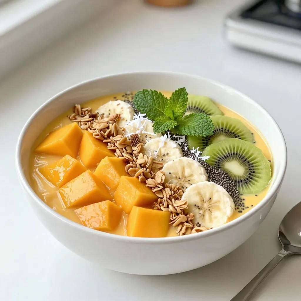 - 2 ripe mangoes - 1 frozen banana - 1 cup coconut milk - ½ cup Greek yogurt - 1 tablespoon honey - ½ teaspoon vanilla extract To make the Tropical Mango Smoothie Bowl, start with fresh mangoes. Choose ripe mangoes that feel soft but not mushy. They should smell sweet, which means they are ready to eat. The frozen banana adds creaminess and sweetness. It is best to freeze bananas when they are ripe. Coconut milk gives a rich, tropical flavor. You can use any milk you like, but coconut milk works best. Greek yogurt adds protein and creaminess. If you want a vegan option, use non-dairy yogurt. Honey adds sweetness, but you can swap it for maple syrup. The vanilla extract gives a nice touch to the flavor. - Granola - Shredded coconut - Sliced kiwi - Chia seeds - Fresh mint leaves Toppings make your smoothie bowl fun and tasty. Granola adds crunch. It is easy to find in stores or you can make it at home. Shredded coconut gives a tropical vibe. You can use sweetened or unsweetened, depending on your taste. Sliced kiwi is bright and tangy. It pairs well with mango. Chia seeds add a nice texture and are very healthy. Finally, mint leaves are fresh and colorful. They make your bowl look great and add a pop of flavor. Use these ingredients to create a delicious and colorful smoothie bowl. They are not just tasty but also packed with vitamins. Enjoy the flavors that remind you of summer! {{ingredient_image_2}} Start by adding your ingredients to a high-speed blender. First, place the peeled and chopped mangoes in the blender. Next, add the frozen banana, coconut milk, Greek yogurt, honey, and vanilla extract. Make sure all the ingredients are in the blender before you start blending. This step sets the stage for a delicious smoothie bowl. Blend the mixture on high speed until it is smooth and creamy. If you notice the smoothie is too thick, just add a splash more coconut milk. Blend again until you reach your desired consistency. You want it to be thick but still pourable. The right texture makes a huge difference in how your bowl feels. Once your smoothie is ready, pour it into a large serving bowl. Ensure that it is evenly spread out for a nice look. This step is crucial because it sets up the base for your toppings. A well-distributed smoothie looks inviting and delicious! Now comes the fun part! Get creative with your toppings. Sprinkle granola and shredded coconut on top. Then, arrange the sliced kiwi and chia seeds in a way that looks good. The colors and textures make your bowl pop. Use your imagination to make it appealing! Finally, add a few fresh mint leaves on top. This small touch adds color and a refreshing flavor. Serve your tropical mango smoothie bowl right away. Enjoy it with a spoon and dive into the tropical goodness! You can easily change the ingredients to fit your needs. Here are some ideas: - For vegan options: Use non-dairy yogurt and maple syrup instead of honey. - For low-calorie needs: Swap Greek yogurt with a low-fat yogurt. - Add more fruit: Pineapple or berries also taste great in this bowl. Choosing the right blender makes a difference. Here are my top picks: - High-speed blenders: These work best for smooth results. Brands like Vitamix or Blendtec are excellent choices. - Personal blenders: If you have a smaller kitchen, a NutriBullet can do the job. Getting the right texture is key to a great smoothie bowl. Here’s how to fix common issues: - Too thick? Add a splash more coconut milk and blend again. - Too runny? A few ice cubes or a bit more frozen banana can help thicken it up. - Grainy texture? Blend longer to make it smooth and creamy. Pro Tips Use Ripe Mangoes: The ripeness of mangoes greatly affects the sweetness and flavor of your smoothie bowl. Make sure to choose mangoes that give slightly when pressed, indicating they're ripe and ready to eat. Experiment with Milk Alternatives: While coconut milk gives a tropical flavor, feel free to experiment with other milk alternatives like almond, oat, or cashew milk for different taste profiles. Customize Your Toppings: Get creative with the toppings! You can add nuts, seeds, or even a drizzle of nut butter to enhance the nutritional value and taste of your smoothie bowl. Adjust Sweetness to Taste: Depending on the sweetness of your mangoes and banana, you may want to adjust the amount of honey or maple syrup. Start with a small amount and add more if needed. {{image_4}} You can change up the flavor of your smoothie bowl. Adding other fruits can make it exciting. Try adding fresh pineapple or ripe papaya. Both fruits pair well with mango. They bring a tropical twist and extra sweetness. Just chop them up and blend them with your mango and banana mixture. You can even mix in berries for a berry-mango blend. The options are endless! If you want a dairy-free version, simply swap Greek yogurt for non-dairy yogurt. Almond, coconut, or soy yogurt works well. For a vegan option, use maple syrup instead of honey. If you’re looking for a low-sugar choice, skip the sweeteners. The natural sweetness of mango and banana will still shine through. These adjustments make the smoothie bowl fit various diets while still being delicious. Seasonal toppings can enhance your smoothie bowl's flavor and look. In summer, use fresh berries or stone fruits like peaches. In autumn, top it with sliced apples or pears. Winter calls for citrus fruits like oranges or pomegranates. You can also switch toppings based on what’s fresh in your market. This keeps your smoothie bowl exciting all year long. It’s a fun way to explore different tastes and textures! To keep your leftover smoothie bowl fresh, store it in an airtight container. This helps prevent air from getting in and keeps the bowl from turning brown. You can store it in the fridge for up to two days. Make sure to cover it tightly. If you notice any separation, just stir it well before eating. Freezing your smoothie bowl is a great way to save it for later. Pour the smoothie mixture into freezer-safe containers or ice cube trays. If you use ice cube trays, pop them out and put them in a bag once frozen. This way, you can mix and match different flavors later! For best results, consume within one month. You can enjoy your leftover smoothie bowl cold or warm it up. To warm it, place the smoothie in a pot over low heat. Stir gently until it's warm but not hot. This way, you keep the flavor and texture. Always check the temperature before eating. Enjoy your tropical treat in whatever way you like best! You can prepare a smoothie bowl ahead of time. However, the best taste comes from fresh ingredients. If you want to make it in advance, blend the base and store it in the fridge. Keep it in an airtight container. Use it within 24 hours for the best flavor. Before serving, stir well to mix in any separation. If your smoothie bowl is too thick, add a splash of coconut milk. Blend it again until smooth. For a thicker bowl, add more frozen banana or mango. You want a creamy texture that holds toppings well. Adjust until you reach your desired thickness. Play around with it to find what you love! You can use non-dairy yogurt as a substitute. Look for almond, coconut, or soy yogurt. These options keep your bowl creamy without dairy. If you want lower calories, use silken tofu. It blends well and adds protein without extra fat. Choose what fits your diet best! Yes, you can use fresh bananas. However, frozen bananas give a creamier texture. Fresh bananas can make your smoothie bowl thinner. If you use fresh bananas, add some ice to chill and thicken it. Both options taste great, so choose what you have on hand! This smoothie bowl recipe lets you use fresh, tasty ingredients for a quick, healthy meal. Start by blending ripe mangoes, banana, coconut milk, yogurt, honey, and vanilla for a creamy base. Decorate it with fun toppings like granola, kiwi, and chia seeds. You can change the flavors and toppings to fit your taste or diet needs. Remember, you can store leftovers or freeze ingredients, making it easy to enjoy later. Try this out and savor the deliciousness in every bite!