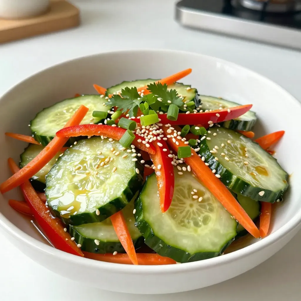 - 3 medium cucumbers, thinly sliced - 2 medium carrots, cut into thin julienne strips - 1/4 cup red bell pepper, thinly sliced - 3 green onions, finely chopped - 1 tablespoon sea salt - 1/4 cup toasted sesame seeds - 1/4 cup rice vinegar - 2 tablespoons soy sauce - 1 tablespoon sesame oil - 1 tablespoon honey or maple syrup - 1/2 teaspoon freshly grated ginger - 1 clove garlic, finely minced - Fresh cilantro leaves for garnish (optional) The key to a great Asian sesame cucumber salad lies in the freshness of the ingredients. Start with three medium cucumbers. I like to slice them thinly for a nice crunch. Next, grab two carrots and cut them into thin strips. This adds color and sweetness. Don’t forget the red bell pepper; just a quarter cup will do. It adds a nice crunch and bright flavor. For the seasoning, a tablespoon of sea salt helps us draw out moisture from the cucumbers. This makes them crispier. You’ll also need some toasted sesame seeds, about a quarter cup, for that nutty flavor. Now, let’s talk about the dressing. You’ll want a quarter cup of rice vinegar for that tangy kick. Add two tablespoons of soy sauce for depth. A tablespoon of sesame oil brings richness, while a tablespoon of honey or maple syrup adds sweetness. Don’t skip the half teaspoon of freshly grated ginger and the minced garlic; they give the salad a bold kick. Lastly, if you want to brighten up your dish, add some fresh cilantro leaves as a garnish. This adds a fresh note that ties everything together. Enjoy gathering these ingredients; they are the heart of this refreshing salad! {{ingredient_image_2}} Start with the cucumbers. Slice three medium cucumbers thinly. Place them in a large mixing bowl. Sprinkle one tablespoon of sea salt over the cucumbers. Mix gently so all slices get coated. Let the cucumbers rest for 15-20 minutes. This step helps draw out moisture, making them crispier. After the time is up, pour the cucumbers into a colander. This allows excess water to drain out. Use paper towels to pat them dry. Make sure to remove extra salt and moisture. In a medium bowl, whisk together the dressing ingredients. You will need 1/4 cup of rice vinegar, 2 tablespoons of soy sauce, and 1 tablespoon of sesame oil. Add 1 tablespoon of honey or maple syrup. Then, mix in 1/2 teaspoon of freshly grated ginger and 1 clove of minced garlic. Whisk until everything blends well. Now, return to your cucumbers. Add the julienned carrots and sliced red bell pepper. Toss in the finely chopped green onions as well. Mix gently to combine all the veggies. Drizzle the dressing over the mixture and toss to coat each piece. Just before serving, sprinkle 1/4 cup of toasted sesame seeds over the salad. Toss lightly to keep the seeds crunchy. Allow the salad to rest for at least 10 minutes. This lets the flavors blend nicely. To boost the taste of your Asian sesame cucumber salad, try adding fresh herbs. Cilantro and mint bring bright, fresh notes. You can also sprinkle in some crushed red pepper for heat. Let the salad rest for 10 minutes after mixing. This allows the flavors to blend well and create a more delicious dish. To keep your cucumbers crisp, salt them well before mixing. Salting draws out extra water. After resting, drain and pat them dry. This helps keep the salad from getting soggy and ensures a great crunch with every bite. For a beautiful presentation, use a wide, shallow bowl. Layer the salad so you can see all the colorful veggies. Garnish with fresh cilantro leaves and a sprinkle of toasted sesame seeds. You can also add thin cucumber slices on top to enhance the look. This makes the dish inviting and fun to eat! Pro Tips Salt the Cucumbers: Salting the cucumbers is crucial as it draws out excess moisture, resulting in a crisper texture for your salad. Customize Your Veggies: Feel free to add other vegetables such as radishes or snap peas for more crunch and flavor variety. Let It Marinate: Allowing the salad to sit for at least 10 minutes before serving enhances the flavor as the veggies absorb the dressing. Garnish Wisely: Garnish with fresh herbs like cilantro or mint for an aromatic touch that complements the dish beautifully. {{image_4}} For a vegan option, swap honey for maple syrup. This keeps the sweet taste while making it plant-based. If you need a gluten-free alternative, use tamari instead of soy sauce. This small change ensures everyone can enjoy the salad without worry. Want to make this salad more filling? You can add proteins like grilled chicken or tofu. Grilled chicken adds a nice smoky flavor. Tofu gives a great texture, especially if you press it first. Both options mix well with the crunch of the cucumbers. You can also think beyond cucumbers. Try adding radishes for a peppery kick. Bell peppers can add even more color and sweetness. Carrots give crunch, but you can also use zucchini. Mixing in these veggies makes the salad fun and fresh. To store leftovers, place the salad in an airtight container. Keep it in the fridge. This helps maintain its freshness for a few days. Always use a clean spoon to serve. This avoids contamination. If you notice excess liquid, drain it out to keep the salad crunchy. You can freeze some parts of the salad. However, cucumbers do not freeze well. They become mushy when thawed. Instead, freeze the dressing in ice cube trays. This allows you to use it later for other salads or dishes. The salad stays fresh in the fridge for about three days. After that, the cucumbers lose their crunch. The flavors may also fade. If you see any signs of spoilage, it’s best to toss it. Always trust your senses when checking food freshness. Yes, you can prepare this salad a few hours ahead. Just keep it covered in the fridge. The cucumbers will stay crunchy and fresh. However, I recommend adding the dressing just before serving. This keeps the vegetables crisp. If you need a substitute for sesame oil, try peanut oil or sunflower oil. Both oils add a nice flavor. You can also use olive oil for a different taste. Just keep in mind that the flavor might change a bit. Yes, this salad is already low in carbs. Cucumbers are low in carbs, making them great for low-carb diets. You can also skip the honey or maple syrup if you want to reduce carbs even more. Serve this salad in a big, shallow bowl. This helps show off the colors and textures. You can garnish it with fresh cilantro and extra sesame seeds. Add a few cucumber slices on top for a nice touch. Yes, you can skip the carrots or any other veggies you don’t like. This salad is flexible. Feel free to add your favorite vegetables instead. Bell peppers, radishes, or even snap peas work well too! In this blog post, I shared a detailed guide on making a fresh salad. You learned about key ingredients, from crisp cucumbers to flavorful dressings. I outlined easy steps to prepare and combine everything. I also included tips to enhance taste and maintain crunch, along with variations for different diets. As you explore this salad, remember its versatility. Feel free to adjust ingredients based on your taste and needs. Enjoy creating your perfect salad that delights your palate!