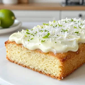 - 2 cups all-purpose flour - 1 &frac12; cups granulated sugar - 1 tablespoon baking powder - &frac12; teaspoon salt - &frac34; cup unsweetened shredded coconut - 1 cup coconut milk - &frac12; cup vegetable oil - 3 large eggs - Zest of 2 limes - 1 tablespoon fresh lime juice - 1 teaspoon pure vanilla extract - 1 cup unsalted butter (softened) - 4 cups powdered sugar (sifted) - &frac14; cup coconut milk - 2 tablespoons fresh lime juice - Extra shredded coconut for garnish When making Coconut Lime Sheet Cake, you need a mix of dry and wet ingredients. The dry ingredients help create the cake's structure and sweetness. The wet ingredients bring in moisture and flavor. For the dry ingredients, start with 2 cups of all-purpose flour. This gives a nice base for your cake. Add in 1 &frac12; cups of granulated sugar to sweeten it. You also need 1 tablespoon of baking powder to help it rise. A pinch of salt, just &frac12; teaspoon, balances the sweetness. Finally, &frac34; cup of unsweetened shredded coconut adds texture and flavor. Next, let&rsquo;s look at the wet ingredients. You will need 1 cup of coconut milk for a rich taste. Add &frac12; cup of vegetable oil for moisture. Three large eggs provide binding and structure. The zest of 2 limes is key for that bright flavor. Add 1 tablespoon of fresh lime juice for a little zing, and finish with 1 teaspoon of pure vanilla extract to round out the taste. For the frosting, use 1 cup of unsalted butter that is softened. This makes it easy to mix. Gradually add 4 cups of sifted powdered sugar for sweetness and smoothness. Blend in &frac14; cup of coconut milk and 2 tablespoons of fresh lime juice for a creamy texture. Finally, sprinkle extra shredded coconut on top for a lovely garnish. Gather these ingredients, and you will create a fresh and flavorful delight that everyone will love! {{ingredient_image_2}} - Preheat oven to 350&deg;F (175&deg;C). - Grease and flour a 9x13-inch baking sheet pan. - In a bowl, mix together 2 cups of all-purpose flour, 1 &frac12; cups of granulated sugar, 1 tablespoon of baking powder, &frac12; teaspoon of salt, and &frac34; cup of unsweetened shredded coconut. - In a separate bowl, combine 1 cup of coconut milk, &frac12; cup of vegetable oil, and 3 large eggs. - Add the zest of 2 limes, 1 tablespoon of fresh lime juice, and 1 teaspoon of pure vanilla extract. Whisk until smooth. - Gradually add the wet mixture to the dry ingredients, mixing gently. Be careful; do not over-mix. Pour the batter into your prepared pan. - Place the pan in the preheated oven. Bake for 25-30 minutes. - To check if it&rsquo;s done, insert a toothpick into the center. It should come out clean. - While the cake bakes, prepare the frosting. In a bowl, beat 1 cup of softened unsalted butter until creamy. - Gradually mix in 4 cups of sifted powdered sugar, &frac14; cup of coconut milk, and 2 tablespoons of fresh lime juice. Mix until light and fluffy. - Once the cake is completely cool on a wire rack, spread the frosting evenly over the top. - Garnish with extra shredded coconut for a beautiful finish. - Use room temperature ingredients for better mixing. This helps the batter blend well. - Avoid over-mixing the batter for a lighter texture. Mix just until combined. - Ensure butter is softened for easy blending. This makes the frosting smooth and creamy. - Sift powdered sugar to avoid clumps. This will keep your frosting light and fluffy. - Cut into square slices for serving. This gives each piece a neat look. - Garnish with lime wedges or mint sprigs. This adds color and a fresh touch. Pro Tips Use Fresh Ingredients: Always opt for fresh lime juice and zest for the most vibrant flavor in your cake and frosting. Don't Overmix: Mix the batter until just combined to keep your cake light and fluffy; overmixing can lead to a dense texture. Cool Completely: Ensure the cake is completely cooled before frosting to prevent the frosting from melting and sliding off. Garnish Creatively: Add a sprinkle of toasted coconut or lime zest on top of the frosting for extra flavor and a beautiful presentation. {{image_4}} You can change the flavor of your Coconut Lime Sheet Cake in fun ways. Try substituting lemon or orange zest for a different citrus twist. This swap gives the cake a new, bright taste. If you want more tropical flavor, add crushed pineapple to the batter. This addition makes the cake even more refreshing and delicious. Making dietary adjustments is easy with this cake. For a gluten-free option, simply use gluten-free flour instead of all-purpose flour. This change keeps the cake light and fluffy. If you need a dairy-free version, replace the butter and milk with vegan alternatives. Using vegan butter and coconut milk will keep the same great taste while meeting dietary needs. To keep your cake fresh, store it in an airtight container at room temperature. This helps maintain its soft texture. If you plan to keep it for more than three days, refrigerate it. The cool air will help prevent spoilage while keeping the cake moist. Just remember that chilling can change its texture slightly. If you want to save some cake for later, freezing is a great option. Wrap individual slices tightly in plastic wrap. This prevents freezer burn and keeps the flavor intact. When you&rsquo;re ready to enjoy, thaw the slices in the refrigerator. This method ensures they stay moist and taste fresh. Enjoy your cake anytime with these easy storage tips! Typically, this cake lasts up to 3 days at room temperature. If you keep it in the fridge, it can stay fresh for about a week. Just make sure to cover it well to keep it moist. Yes, you can use fresh coconut. However, it will change the cake&rsquo;s texture slightly. Shredded coconut gives a nice chew, while fresh coconut will make it softer and more moist. To check if the cake is done, insert a toothpick in the center. If it comes out clean, the cake is ready. If it has batter on it, give it a few more minutes in the oven. Yes, you can bake and frost the cake a day in advance. Just store it properly to keep it fresh. It tastes great when made ahead, saving you time on the day of serving. In this post, we covered how to make a Coconut Lime Sheet Cake. We listed key ingredients, easy steps, and helpful tips. You can try flavor variations or dietary swaps to make it your own. Remember to store leftovers well to enjoy later. This cake is perfect for any occasion, and it&rsquo;s sure to impress your guests. So, gather your ingredients, follow the steps, and enjoy a slice of tropical goodness!