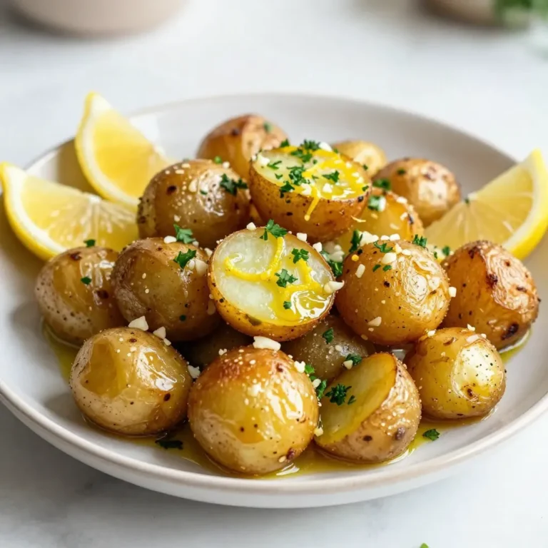 - 2 pounds baby potatoes, halved - 1/4 cup extra virgin olive oil - 4 cloves garlic, minced - Juice and zest of 2 large lemons - 1 tablespoon dried oregano - Salt and freshly cracked black pepper, to taste - 1/4 cup fresh parsley, chopped (for garnish) - Lemon wedges, for serving Gathering the right ingredients is key to making Greek lemon roasted potatoes. Start with baby potatoes. They are small and cook evenly. Halve them for better roasting. Next, grab some extra virgin olive oil. This oil adds richness and flavor. You also need fresh garlic. Minced garlic gives a nice kick to the dish. For seasoning, you will need juice and zest from two large lemons. This brings out the bright flavor. Dried oregano adds a touch of earthiness. Don’t forget salt and black pepper! These enhance all the other flavors. Lastly, for a fresh finish, use chopped parsley to garnish. Lemon wedges on the side add a nice touch. They let you squeeze more lemon on the potatoes if you like. This makes the dish more zesty. Enjoy your cooking! {{ingredient_image_2}} - Preheat your oven to 425°F (220°C). This heat helps the potatoes crisp well. - In a large bowl, mix the halved baby potatoes with 1/4 cup of extra virgin olive oil. Add 4 minced garlic cloves, juice and zest of 2 lemons, 1 tablespoon of dried oregano, salt, and pepper. Toss until the potatoes are well coated. - Transfer the potato mixture onto a large baking sheet lined with parchment paper. - Spread the potatoes out in a single layer. Make sure they have space between them. This helps them cook evenly. - Roast the potatoes in the preheated oven for about 30-35 minutes. - Halfway through, turn the potatoes for even browning. Look for a golden color and tender texture. - When done, remove them from the oven. Toss with 1/4 cup of chopped fresh parsley. This adds a fresh flavor. - Serve the warm potatoes with lemon wedges on the side. This gives extra zing for those who love lemon. To get the best roast, turn the potatoes halfway through cooking. This step helps them brown evenly. Look for a golden color and a soft inside. These signs mean they are ready to enjoy. You can add more flavor with herbs like thyme or rosemary. A sprinkle of paprika can give a nice kick. These changes can make the dish even more exciting. Serve these potatoes with grilled chicken or fish for a complete meal. For a beautiful presentation, use a rustic bowl or a large platter. Add fresh parsley sprigs on top to add color. Drizzle a bit of olive oil just before serving to make it shine. This little touch elevates the dish and impresses your guests. Pro Tips Use Fresh Ingredients: Fresh herbs and high-quality olive oil enhance the flavors of your roasted potatoes, giving them a vibrant taste. Don’t Overcrowd the Pan: Spacing the potatoes properly on the baking sheet allows them to roast evenly and achieve that desired crispy texture. Experiment with Seasonings: Feel free to add other spices like paprika or thyme to customize the flavor profile of your roasted potatoes. Serve Hot: Roasted potatoes are best served immediately after cooking for optimal taste and texture, so enjoy them fresh out of the oven! {{image_4}} You can switch up the potato types. Try red or Yukon Gold potatoes for a twist. Each type has its own unique flavor and texture. Adding vegetables can also enhance your dish. Consider mixing in carrots, bell peppers, or zucchini. These will roast nicely and add color. Herbs can change the taste of your potatoes. Try adding thyme or rosemary for a fresh touch. These herbs pair well with lemon and garlic. Spices can also give your dish a kick. A pinch of paprika or cumin can add warmth. Experimenting with spices opens up new flavor options. This dish is easy to make vegan. Just use vegetable broth instead of chicken broth, if you want. Also, make sure all your ingredients are plant-based. For gluten-free eaters, this recipe is already safe. All the ingredients are gluten-free. Just ensure your oil and seasonings are free from gluten. After cooking, let your Greek lemon roasted potatoes cool down. Place them in an airtight container. Store them in the refrigerator for up to three days. This keeps them fresh and tasty. To reheat, use the oven or a skillet. Preheat the oven to 350°F (175°C). Spread the potatoes on a baking sheet. Heat them for about 10-15 minutes until warm. If using a skillet, add a little olive oil. Heat over medium heat, stirring gently. This helps keep the texture crispy. If you want to store them longer, you can freeze the potatoes. Let them cool completely. Place them in a freezer-safe bag or container. They can last up to three months in the freezer. When ready to eat, thaw them in the fridge overnight before reheating. Roast Greek lemon potatoes for 30 to 35 minutes. This timing helps them become golden and soft. Halfway through, turn the potatoes for even cooking. Check them after 30 minutes. They should be tender when pierced with a fork. If you like a crispier outside, leave them in for an extra few minutes. Yes, you can make these potatoes ahead. Cook them fully, then let them cool. Store them in an airtight container in the fridge for up to three days. When you're ready to eat, reheat them in the oven at 350°F (175°C). This gives them a nice crunch again, just like fresh. Greek lemon roasted potatoes pair well with many dishes. Try serving them with grilled chicken or fish. They also go well with a fresh salad or tzatziki sauce. For a full meal, add lamb or a vegetable platter. The lemon flavor complements many proteins and makes your meal bright and tasty. This blog post showed you how to make Greek lemon roasted potatoes. We covered main ingredients like baby potatoes, olive oil, and garlic. You learned seasoning tips with lemon, oregano, salt, and pepper. I shared steps for preparing, roasting, and adding final touches. Remember to try different herbs and spices for new flavors. You can mix in other veggies or use various potato types. Store and reheat them properly for the best taste. Enjoy this delicious dish on its own or with your favorite proteins!