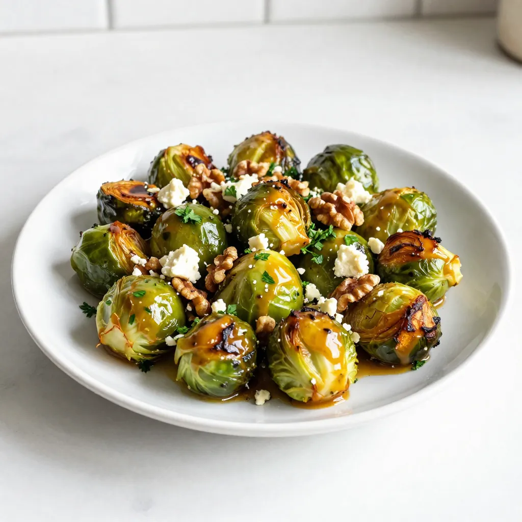 To make this tasty dish, you need: - 1 lb Brussels sprouts, trimmed and halved - 3 tablespoons honey - 2 tablespoons Dijon mustard - 2 tablespoons extra virgin olive oil - 1 tablespoon apple cider vinegar - Sea salt and freshly ground pepper, to taste - 1/4 cup walnuts, roughly chopped - 1/4 cup feta cheese, crumbled (optional) - Fresh parsley, chopped for garnish These simple ingredients create a sweet and tangy flavor that enhances the Brussels sprouts. You can make this dish your own by changing a few things. If you don’t have Dijon mustard, yellow mustard works too. You can swap honey for maple syrup if you prefer. For a nut-free option, leave out the walnuts and add sunflower seeds instead. If you want a creamier taste, goat cheese can replace feta. Gather these tools before you start cooking: - Large mixing bowl - Whisk or fork - Tongs or hands for tossing - Baking sheet - Parchment paper for easy cleanup Having these tools ready helps the cooking process go smoothly and lets you enjoy the fun of making this dish! {{ingredient_image_2}} First, you need to preheat your oven to 400°F (200°C). This step is very important. The hot air will help the Brussels sprouts roast well. Make sure the oven is fully heated before you put in the sprouts. Next, grab a large mixing bowl. In it, combine 3 tablespoons of honey and 2 tablespoons of Dijon mustard. Add 2 tablespoons of extra virgin olive oil and 1 tablespoon of apple cider vinegar. Sprinkle in some sea salt and freshly ground pepper. Whisk everything together until it becomes a smooth dressing. This honey mustard mix adds great flavor. Now, take 1 pound of Brussels sprouts. Trim them and cut them in half. Add them to the bowl with the dressing. Use tongs or your hands to mix them well. Make sure every piece gets coated. Then, line a baking sheet with parchment paper. Spread the Brussels sprouts in a single layer on the sheet. Do not crowd them. This helps them roast evenly. Put the baking sheet in the oven and roast for 20-25 minutes. Stir them halfway through for even cooking and nice caramelization. In the last 5 minutes of roasting, sprinkle 1/4 cup of roughly chopped walnuts over the Brussels sprouts. This gives them a nice crunch. Once they are done, take the baking sheet out of the oven. If you like, add 1/4 cup of crumbled feta cheese on top while they are warm. This helps the cheese soften a bit. Finally, garnish with freshly chopped parsley for some color and fresh taste. Serve warm and enjoy! To get that sweet, golden color on your Brussels sprouts, follow these tips: - Use high heat: Roasting at 400°F (200°C) helps them caramelize well. - Space them out: Place sprouts in a single layer on the baking sheet. If they are crowded, they will steam instead of roast. - Stir halfway: Give them a toss halfway through cooking. This ensures even browning and caramelization. If you have extra Brussels sprouts, store them right: - Cool down: Let them cool completely before storing. - Use an airtight container: Place them in a container to keep them fresh. - Fridge life: They can last up to 3 days in the fridge. Reheat them in the oven for the best taste. Pair your Honey Mustard Brussels sprouts with these ideas: - Main dishes: They go well with roasted chicken or grilled fish. - Salads: Toss them into a fresh salad for added flavor. - Garnish: Top with extra feta or herbs to enhance the dish. Pro Tips Use Fresh Brussels Sprouts: Fresh Brussels sprouts will have a sweeter flavor and better texture. Look for firm, tightly closed sprouts without blemishes. Customize the Sweetness: Adjust the amount of honey according to your taste preference. If you prefer a tangier dish, reduce the honey a bit. Experiment with Nuts: Feel free to substitute walnuts with other nuts like pecans or almonds for a different flavor profile and crunch. Serve Immediately: For the best texture and flavor, serve the Brussels sprouts right after roasting while they are still warm and crispy. {{image_4}} You can switch up the nuts or seeds in this dish. Instead of walnuts, try pecans or almonds. They add a unique crunch. You can also toss in sunflower seeds or pumpkin seeds for a nut-free option. Just sprinkle them on during the last few minutes of roasting. This change keeps the dish fresh and fun! Brussels sprouts pair well with many other veggies. You can mix in carrots or sweet potatoes. Cut them into small pieces for even cooking. Roasting them together adds color and flavor. Broccoli or cauliflower also work great. Feel free to explore and find combinations that you love! To make this dish vegan, replace honey with maple syrup or agave. Both options keep the sweet flavor. For a gluten-free version, ensure your Dijon mustard is gluten-free. This way, everyone can enjoy the dish without worry. These simple swaps make it easy to cater to different diets! Each serving of Honey Mustard Brussels sprouts has around 180 calories. This includes the honey, olive oil, and nuts. The dish is filling, thanks to the fiber in Brussels sprouts and walnuts. Brussels sprouts are low in calories and high in nutrients. They contain vitamins C and K, which are great for your immune system and bones. These little buds are packed with antioxidants that help fight free radicals. Eating Brussels sprouts may boost heart health and improve digestion due to their high fiber content. - Brussels sprouts (1 lb): 56 calories, 4g protein, 12g carbs, 4g fiber - Honey (3 tbsp): 192 calories, 0g protein, 51g carbs - Dijon mustard (2 tbsp): 30 calories, 1g protein, 5g carbs - Extra virgin olive oil (2 tbsp): 239 calories, 0g protein, 0g carbs - Apple cider vinegar (1 tbsp): 3 calories, 0g protein, 0g carbs - Walnuts (1/4 cup): 196 calories, 5g protein, 4g carbs, 2g fiber - Feta cheese (optional, 1/4 cup): 100 calories, 5g protein, 1g carb This dish not only tastes good but also offers several health benefits. Enjoy these Brussels sprouts as a tasty side! Yes, you can make Honey Mustard Brussels Sprouts ahead of time. Prepare them and roast them, then let them cool. Store them in an airtight container in the fridge. For the best taste, eat them within three days. These Brussels sprouts go well with many dishes. Try serving them with roasted chicken, grilled salmon, or a hearty grain salad. They add great flavor to any meal. You can also pair them with mashed potatoes or quinoa for a delightful combo. Store leftovers in an airtight container in the fridge. They stay fresh for about three days. To reheat, place them in the oven at 350°F for about 10 minutes. This keeps them crispy. You can also use a microwave for a quicker option, but they may lose some crunch. Yes, Brussels sprouts are very nutritious! They are rich in vitamins C and K. They are high in fiber, which helps digestion. Eating Brussels sprouts may lower the risk of heart disease, too. They are a great choice for a healthy diet. You can use both fresh and frozen Brussels sprouts. Fresh sprouts give the best flavor and texture. If you use frozen, thaw them first and drain any excess water. This helps the dressing stick better and makes for a tastier dish. This article covered how to make Honey Mustard Brussels Sprouts. We looked at key ingredients, tools, and step-by-step instructions. I shared tips for perfect roasting and how to store leftovers. We also explored fun variations and the health perks of Brussels sprouts. In closing, this dish is simple and delicious. Try new ingredients to make it your own. Enjoy cooking and sharing this tasty recipe with others!