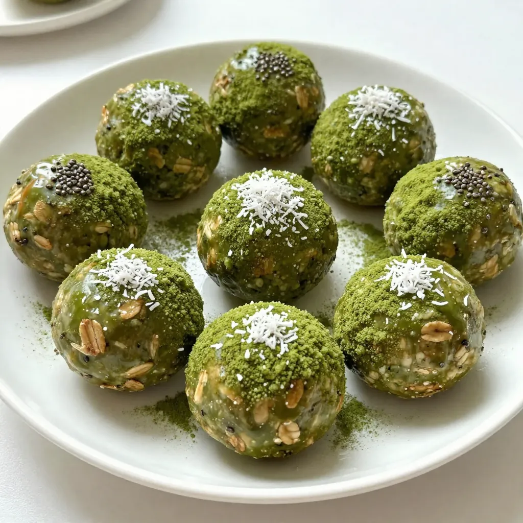 To make Matcha Coconut Energy Balls, you need the following items: - 1 cup rolled oats - 1/2 cup unsweetened shredded coconut - 2 tablespoons matcha powder - 1/2 cup almond butter (or any nut butter of your choice) - 1/3 cup honey or maple syrup - 1 teaspoon vanilla extract - 1/4 cup chia seeds - A pinch of sea salt You can swap out some ingredients to make these energy balls your own: - Use peanut butter instead of almond butter for a different flavor. - Try agave syrup if you want a vegan option instead of honey. - Add a scoop of protein powder for an extra boost. - Mix in dried fruits like cranberries or apricots for added sweetness. - Use flavored extract like almond or coconut for a unique twist. Each ingredient packs a nutritional punch: - Rolled oats provide fiber, which helps keep you full longer. - Matcha powder is rich in antioxidants and can boost your mood and focus. - Almond butter offers healthy fats and protein for muscle recovery. - Chia seeds are full of omega-3s and help with hydration. - Honey or maple syrup gives natural sweetness and energy. - Shredded coconut adds healthy fats and a delicious flavor. These Matcha Coconut Energy Balls are not just tasty; they give you the energy to tackle your day! {{ingredient_image_2}} Start by gathering your dry ingredients. Take a large mixing bowl. Add 1 cup of rolled oats, 1/2 cup of unsweetened shredded coconut, 2 tablespoons of matcha powder, and 1/4 cup of chia seeds. Mix these well with a spoon. Stir until everything is evenly combined. Look for no dry spots in the bowl. This mix holds the energy and flavor for your balls. Now, it's time for the wet part. Grab a separate bowl. In this bowl, whisk together 1/2 cup of almond butter, 1/3 cup of honey (or maple syrup), and 1 teaspoon of vanilla extract. Add a pinch of sea salt to this mix. Keep whisking until it turns smooth and creamy. You want it to be free of lumps. This blend adds moisture and sweetness to the energy balls. Once you have your dry and wet mixes ready, combine them. Pour the wet mix into the bowl with the dry ingredients. Use a spatula to fold everything together gently. Ensure the oats and coconut get coated well. When mixed, take small amounts and form them into balls. Aim for about 1 inch in diameter. If your hands get sticky, wet them lightly to help. Next, place the formed balls on a parchment-lined baking sheet. Make sure to space them out. This prevents them from sticking together. Refrigerate the energy balls for at least 30 minutes. This helps them firm up. After they set, store them in an airtight container in the fridge. They will last for up to a week. Enjoy your tasty and healthy snack! Mixing is key to great energy balls. Start with a large bowl for easy stirring. Combine rolled oats, shredded coconut, matcha powder, and chia seeds first. Stir until you see no dry spots. In a separate bowl, blend almond butter, honey, vanilla, and salt until smooth. This keeps lumps out of your mix. When you combine wet and dry, fold gently. This keeps your ingredients intact. Sticky hands can be a hassle when rolling these energy balls. To avoid this, dampen your hands with a little water. This simple trick makes rolling easier. Wipe your hands as needed. You can also coat your hands lightly with coconut oil. This works well and adds a nice flavor too. Presentation matters, especially for snacks. Place your energy balls on a decorative plate. For flair, sprinkle some shredded coconut on top. A light dusting of matcha powder makes them pop. This not only looks great but also adds to the flavor. Serve them right after refrigerating for the best taste. Enjoy these as a healthy snack or a post-workout treat! Pro Tips Chill for Better Texture: Refrigerating the energy balls allows them to firm up and enhances their texture, making them easier to eat. Don’t skip this step! Custom Nut Butters: Feel free to experiment with different nut butters like cashew or peanut to create unique flavors that suit your taste preferences. Boost the Nutrition: Add in extras like flaxseeds, hemp seeds, or dried fruits to increase the nutritional value and add more texture to your energy balls. Make It Vegan: To keep this recipe vegan, opt for maple syrup instead of honey. Both sweeteners work well, but maple syrup is plant-based! {{image_4}} You can use many nut butters in this recipe. Almond butter is a great choice. It adds a nice, creamy texture. Peanut butter gives a bolder flavor. Cashew butter offers a sweet, mild taste. Sunflower seed butter is perfect for nut-free diets. Each choice changes the taste, so pick what you love. Adding extra flavors can make your energy balls unique. Try mixing in cocoa powder for a chocolate twist. Cinnamon or nutmeg can add warmth and spice. You can also use vanilla or almond extract for more depth. Even a dash of cayenne pepper can give a surprising kick! Experiment and find your favorite combinations. You can adjust the sweetness to fit your taste. If you prefer less sugar, use less honey or maple syrup. You can also try adding mashed bananas or applesauce for natural sweetness. If you like it sweeter, increase the honey or add a little stevia. Make it just right for your palate! To keep your Matcha Coconut Energy Balls fresh, store them in an airtight container. This helps prevent them from drying out or absorbing odors from your fridge. You can place parchment paper between layers to avoid sticking. Make sure to keep them in a cool, dry spot. In the fridge, these energy balls last for up to one week. After that time, their taste and texture may change. I recommend marking the date on your container. This way, you can enjoy them at their best. If you want to save them for later, freeze the energy balls. Place them in a single layer on a baking sheet. Freeze for about two hours until firm. Then transfer them to a freezer-safe bag. They can last for up to three months in the freezer. When you’re ready to eat them, just thaw them in the fridge overnight. Enjoy the energy boost whenever you need it! Matcha Coconut Energy Balls can last up to one week. Store them in an airtight container in the fridge. This keeps them fresh and tasty. If you want them to last longer, consider freezing them. They can hold their flavor and texture well for up to three months in the freezer. Just remember to separate them with parchment paper if you stack them. Yes, you can use other sweeteners instead of honey. Maple syrup works great for a vegan option. Agave nectar is another choice that adds sweetness. You could even use stevia or monk fruit for a lower-calorie option. Just adjust the amount to your taste. Each sweetener can change the flavor a bit, so feel free to experiment! Yes, Matcha Coconut Energy Balls are gluten-free. The main ingredients, like oats and shredded coconut, do not contain gluten. However, check the oats to ensure they are certified gluten-free. Some oats may come into contact with gluten during processing. This way, you can enjoy these healthy bites without worry! This blog post covered how to make tasty Matcha Coconut Energy Balls. We looked at the ingredients needed and their health benefits. Then, I shared easy steps to prepare, mix, and shape your energy balls. You also got tips for perfect mixing and presentation. I included ways to personalize your recipe with different nut butters and flavors. Finally, I provided storage tips to keep your energy balls fresh. Enjoy making this fun and healthy snack! Your energy balls will be delicious and great for any time.