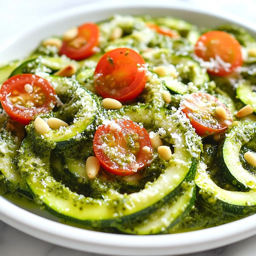 - 4 medium zucchinis - 1 cup fresh basil leaves - 1/4 cup pine nuts - 1/4 cup grated Parmesan cheese - 2 cloves garlic, minced - 1/4 cup extra-virgin olive oil - Salt and freshly ground black pepper to taste - Cherry tomatoes, halved (for garnish) - Additional grated Parmesan cheese, for serving To make Pesto Parmesan Zucchini Noodles, you need key ingredients. First, grab four medium zucchinis. These will become your noodles, or zoodles, when you spiralize them. Next is fresh basil. You need one cup of these fragrant leaves for the pesto. Pine nuts add richness and a nice crunch. You will want a quarter cup of them. Parmesan cheese is essential for flavor. Use a quarter cup, grated, for the pesto and more for garnish. Don't forget garlic! Two cloves, minced, will give the dish great depth. Extra-virgin olive oil helps blend the pesto. You’ll need a quarter cup of this golden liquid. Season with salt and freshly ground black pepper to taste. Lastly, cherry tomatoes, halved, make a lovely garnish. With these ingredients, you are ready to create a tasty dish. Each one plays a role in making your meal fresh and delicious. Enjoy the process, and let the flavors shine! {{ingredient_image_2}} First, you need to turn the zucchinis into noodles. A spiralizer works best for this task. If you don’t have one, a vegetable peeler is a good option too. You can create long, ribbon-like strips with it. After slicing the zucchinis, place them in a colander. Lightly sprinkle some salt on them. This step helps pull out extra moisture. Let them sit for 10 to 15 minutes. This will help keep your dish from getting soggy. Now, let’s make the pesto. Grab your food processor and add the fresh basil leaves. Next, toss in the pine nuts, minced garlic, and grated Parmesan cheese. Pulse these ingredients until they are finely chopped. With the processor still running, slowly drizzle in the extra-virgin olive oil. This will help achieve a smooth and creamy consistency. Taste your pesto and add salt and freshly ground black pepper to suit your preference. Once the zucchini noodles have drained, give them a quick rinse in cold water. This removes excess salt. Pat them dry with paper towels. In a large mixing bowl, combine the zucchini noodles and your fresh pesto. Toss them gently until the noodles are evenly coated. Heat a large skillet over medium heat. Add the pesto-coated zucchini noodles. Sauté them for about 2 to 3 minutes. You want to warm them through while keeping a nice crunch. Be careful not to overcook them, or they will turn mushy. Now it’s time to plate your dish! Serve the zucchini noodles on individual plates. Garnish each serving with halved cherry tomatoes for color and flavor. Don’t forget to sprinkle more grated Parmesan cheese on top. This adds a nice touch to both flavor and presentation. Enjoy your fresh and vibrant meal! To keep your zucchini noodles from getting soggy, draining is key. After you spiralize or peel the zucchinis, sprinkle them with salt. This step helps draw out moisture. Let the noodles rest in a colander for 10-15 minutes. You’ll see water collect underneath. Rinse the noodles with cold water and pat them dry. This process makes sure your dish stays crisp and tasty. You can boost the flavor of your pesto Parmesan zucchini noodles with extra herbs and spices. Try adding fresh parsley or cilantro for a twist. A pinch of red pepper flakes can give it a nice kick. If you're feeling adventurous, add some lemon zest for brightness. These small changes can lift the dish to new heights. Creating a great pesto is easy and fun. If you run out of pine nuts, use walnuts or sunflower seeds instead. For a dairy-free option, swap the Parmesan with nutritional yeast. Store any extra pesto in an airtight container. You can keep it in the fridge for up to a week. Just drizzle a little olive oil on top to keep it fresh. This way, you can enjoy your homemade pesto longer. Pro Tips Choose Fresh Zucchini: Select firm, vibrant zucchinis for the best flavor and texture. They should feel heavy for their size and have a smooth, unblemished skin. Custom Pesto Variations: Experiment with different nuts or cheese in your pesto. Walnuts or cashews and pecorino cheese can give unique flavors to the dish. Cooking Time Matters: Keep a close eye on the zucchini noodles while sautéing. Aim for just 2-3 minutes to retain their crunch and avoid a mushy texture. Serving Suggestions: For added freshness, consider topping your dish with lemon zest or a drizzle of balsamic glaze just before serving. {{image_4}} You can add proteins to your dish for extra flavor. Chicken or shrimp pairs well with zucchini noodles. Simply cook the protein in a skillet before adding the noodles. You can also mix in more vegetables. Bell peppers, spinach, or broccoli enhance both taste and color. Sauté these veggies for a few minutes before adding the zucchini noodles. If you avoid gluten, this dish is already gluten-free. Zucchini noodles are a great substitute for pasta. For vegan options, swap the Parmesan cheese with nutritional yeast or a nut-based cheese. This keeps the rich flavor while making it plant-based. You can also make a vegan pesto using walnuts and basil without cheese. To store leftover zucchini noodles, place them in an airtight container. Make sure they are cool before sealing. Keep them in the fridge for up to 2 days. Zucchini noodles lose their crunch, so try to eat them fresh. For the pesto, place it in a separate container. Cover it tightly with plastic wrap. Press the wrap directly onto the surface to keep air out. Pesto stays fresh for about a week in the fridge. When reheating zucchini noodles, avoid the microwave. It makes them soggy. Instead, use a skillet over low heat. Add a splash of olive oil to help maintain texture. Heat for 2-3 minutes until warmed through. For the pesto, stir it into the noodles while reheating. This ensures each bite is tasty and fresh. Enjoy your meal! Zucchini noodles, or zoodles, are long strands made from zucchini. They serve as a healthy, low-carb substitute for pasta. You can enjoy them raw or cooked. Zoodles absorb sauces well, making them perfect for dishes like Pesto Parmesan Zucchini Noodles. Yes, store-bought pesto is a great time-saver. It can save you time while still adding flavor. Look for fresh or organic options for the best taste. Just remember to adjust the salt since some brands are saltier than homemade. If you do not have a spiralizer, use a vegetable peeler. Simply peel the zucchini into thin, flat ribbons. You can also use a box grater to create noodle-like strips. Both methods work well and create a fun texture. You can serve Pesto Parmesan Zucchini Noodles with grilled chicken or shrimp for added protein. A fresh salad or some crusty bread also pairs nicely. For a boost of flavor, consider adding toasted pine nuts or a sprinkle of crushed red pepper. This blog covered making delicious pesto parmesan zucchini noodles. You learned about the key ingredients, step-by-step instructions, tips, and variations. With this recipe, you can create a tasty meal that fits many diets. Proper storage and reheating keep your dish fresh, too. Remember, cooking is fun. Experiment with flavors and enjoy your culinary journey. Pesto parmesan zucchini noodles offer a healthy and satisfying meal. Dive into this recipe today, and impress your family or friends!