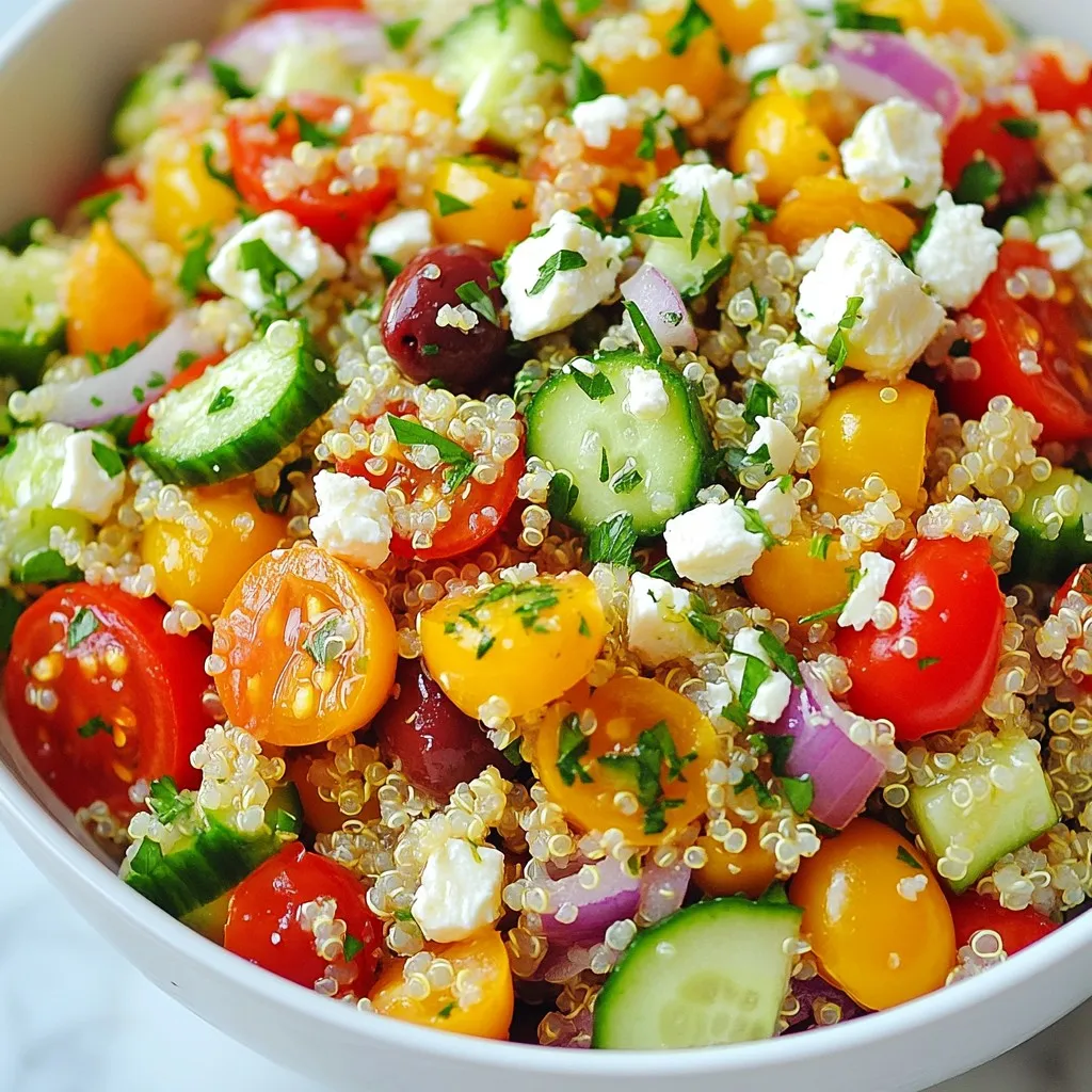 To make this vibrant Mediterranean quinoa salad, gather these fresh ingredients: - 1 cup quinoa, thoroughly rinsed - 2 cups vegetable broth (or water) - 1 cup cherry tomatoes, halved - 1 medium cucumber, diced - 1 large bell pepper (choose red or yellow), diced - 1/2 medium red onion, finely chopped - 1/2 cup Kalamata olives, pitted and sliced - 1/4 cup feta cheese, crumbled (optional) - 3 tablespoons high-quality olive oil - 2 tablespoons fresh lemon juice - 1 teaspoon dried oregano - Sea salt and freshly cracked black pepper to taste - Fresh parsley, chopped, for garnish If you don’t have some ingredients, don’t worry! Here are some good swaps: - Quinoa: Try bulgur, farro, or couscous for a different grain. - Kalamata olives: Use green olives or capers for a briny kick. - Feta cheese: Crumbled goat cheese or vegan cheese works well too. - Vegetable broth: Water or chicken broth can substitute nicely. When choosing your veggies, look for these tips: - Tomatoes: Pick bright red tomatoes with no blemishes. They should feel firm. - Cucumber: Choose a cucumber that feels heavy and has a smooth skin. - Bell Pepper: Select peppers with shiny skin and no soft spots. - Onion: A firm onion with dry, papery skin is best. These tips help ensure your salad is fresh and tasty! {{ingredient_image_2}} To start, you need to cook the quinoa. First, boil 2 cups of vegetable broth or water in a medium pot. Add 1 cup of rinsed quinoa once it boils. Cover the pot and lower the heat. Let it simmer for about 15 minutes. The quinoa will absorb all the liquid and become fluffy. After cooking, take it off the heat and let it cool for a few minutes. Fluff it gently with a fork to keep it light. While your quinoa cools, chop your veggies. In a large bowl, combine the halved cherry tomatoes, diced cucumber, diced bell pepper, and finely chopped red onion. For a salty kick, add 1/2 cup of sliced Kalamata olives. If you enjoy feta cheese, sprinkle in 1/4 cup now for extra flavor. Fresh veggies add color and crunch, making your salad vibrant. Once the quinoa is cool, add it to the bowl with the veggies. Mix them gently, so you don’t mash the ingredients. Now, make the dressing. In a small bowl, whisk together 3 tablespoons of olive oil, 2 tablespoons of lemon juice, 1 teaspoon of dried oregano, and some salt and pepper. Pour the dressing over the salad. Toss everything together to coat all the ingredients well. Let the salad sit for 10-15 minutes to blend the flavors. Serve it chilled or at room temperature, topped with fresh parsley for a pop of color. Enjoy your fresh and flavorful dish! To make your quinoa fluffier, rinse it well before cooking. Rinsing removes bitter saponins. Use two cups of broth for one cup of quinoa. This broth adds flavor and moisture. Cook on low heat and avoid lifting the lid. Let it simmer for 15 minutes. Once done, remove it from heat and let it sit for a few minutes. Fluff the quinoa gently with a fork. This keeps it light and airy. For the best salad dressing, use fresh lemon juice and high-quality olive oil. Whisk them together with oregano, salt, and pepper. The key is to mix until it’s well combined. Drizzle the dressing slowly over the salad. Toss gently to coat every piece. Taste it and adjust as needed. A little extra salt or lemon juice can enhance the flavors. Let the salad rest for 10-15 minutes. This helps the flavors blend nicely. Serve your Mediterranean quinoa salad chilled or at room temperature. For a fresh look, garnish it with chopped parsley. This adds a pop of color and extra flavor. Pair it with grilled chicken or fish for a complete meal. You can also enjoy it as a light lunch or side dish. If you want to make it more filling, add beans or chickpeas for protein. Pro Tips Rinse Quinoa Thoroughly: This step removes the natural coating called saponin, which can make the quinoa taste bitter. Let It Cool: Allow the quinoa to cool after cooking; this prevents the vegetables from wilting when mixed. Fresh Herbs Galore: Feel free to add fresh herbs like mint or basil for an extra burst of flavor. Make It Ahead: This salad tastes even better the next day as the flavors meld together, making it perfect for meal prep! {{image_4}} You can easily add protein to your Mediterranean quinoa salad. Chicken, shrimp, or chickpeas work great. For chicken, grill or roast it first. Shrimp can be sautéed in olive oil for a quick touch. Use canned chickpeas for a plant-based option. This addition makes the salad filling and hearty. Each protein brings its own flavor and texture. Changing the dressing can alter the flavor profile. Try adding balsamic vinegar instead of lemon juice. You can also mix in fresh herbs like basil or mint. These herbs add a unique twist. If you prefer spice, add red pepper flakes or a pinch of cayenne. This gives the salad a kick. Remember, your taste buds can guide your choices. Seasonal ingredients can enhance freshness. In summer, add ripe peaches or watermelon. In the fall, roasted butternut squash adds sweetness. Winter can bring in roasted beets or citrus fruits. These swaps keep your salad exciting and new. They also ensure you use what’s fresh in your area. Fresh, seasonal produce keeps salads vibrant and tasty. To keep your Mediterranean quinoa salad fresh, place it in an airtight container. This will help prevent any odors from other foods in your fridge from affecting the salad's taste. Make sure the salad is cool before sealing it. Store it in the fridge for up to three days. Choose glass containers for the best storage. They help keep the salad fresh and do not stain. If you prefer plastic, use BPA-free containers. Look for containers with a tight seal to keep moisture in and air out. You can enjoy this salad cold or at room temperature. If you prefer it warm, heat it gently. Place the salad in a microwave-safe dish. Heat it for about 30 seconds, then stir. Check if it’s warm enough, and heat in additional 15-second bursts if needed. Avoid overheating, as it may change the texture of the vegetables. Yes, you can make this salad ahead of time. It tastes even better after the flavors blend. Prepare the salad, cover it, and store it in the fridge. Enjoy it within two days for the best taste. If you want to replace quinoa, try using couscous, bulgur, or farro. These grains give a nice texture and flavor. Keep in mind that they may require different cooking times. Always use the right liquid ratio for cooking. Yes, this Mediterranean quinoa salad is gluten-free. Quinoa is a great choice for gluten-free diets. Just ensure that any substitutes you use, like couscous, are also gluten-free. Always check labels when buying packaged products. This blog post covered how to create a fresh and tasty quinoa salad. We explored the right ingredients, cooking methods, and useful tips. I shared how to choose fresh produce and offered substitutes for key items. I also discussed ways to add protein and mix flavors. Remember to store your leftovers properly for the best taste. With these steps, you can enjoy a delightful salad any time. Now, it’s your turn to experiment and make it your own!