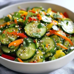 - 2 large cucumbers, thinly sliced - 1 cup shredded carrots - 1 red bell pepper, thinly sliced - 3 green onions, chopped - 3 tablespoons rice vinegar - 2 tablespoons soy sauce - 1 tablespoon sesame oil - 1 tablespoon fresh ginger, grated - 1 teaspoon chili paste - 1 tablespoon sesame seeds - Fresh cilantro leaves {{ingredient_image_2}} Start by washing the cucumbers well under cool water. This step ensures they are clean and crisp. You can peel the cucumbers if you prefer a smoother taste. For best results, slice them into thin rounds. A sharp knife or a mandoline slicer works well for this task. Thin slices give the salad a nice crunch. In a large mixing bowl, combine the sliced cucumbers, shredded carrots, red bell pepper, and chopped green onions. Mix these ingredients gently. This way, each veggie gets equal attention and flavor. Take a small bowl and whisk together the rice vinegar, soy sauce, sesame oil, and grated ginger. This dressing adds a punch of flavor. If you like spice, mix in chili paste. Taste the dressing and add salt to your liking. This step helps balance the flavors. Pour the dressing over the mixed salad ingredients. Use a spatula to toss everything together. Make sure each piece of vegetable gets coated in the dressing. This step brings all the flavors together. Sprinkle sesame seeds over the salad. Gently toss it again to blend in the seeds. Let the salad rest for about 10-15 minutes. This time allows the flavors to meld and keeps the cucumbers crunchy. Serve the salad in individual bowls for a fun presentation. You can also use a large platter for a family-style meal. Top with fresh cilantro leaves for added color and aroma. This finishing touch makes the dish inviting and fresh. When making a crunchy cucumber salad, pick the right cucumbers. I recommend using English cucumbers or Persian cucumbers. These types have fewer seeds and a thinner skin, giving you that crisp texture. They taste great and stay crunchy longer in the salad. To make your salad even better, think about extra ingredients. You can add sliced radishes for a peppery kick. If you want a little sweetness, try adding mango or pineapple. Fresh herbs like mint or basil can also brighten the dish. Don&rsquo;t forget about the chili paste! It adds a nice heat if you like spice. To keep your salad fresh, store it in an airtight container. Place it in the fridge right after making it. Try to eat it within two days for the best taste. If you notice the cucumbers getting too soft, you can strain the salad. This will help keep the crunch for longer. Pro Tips Use a Mandoline Slicer: For perfectly thin cucumber slices, a mandoline slicer is your best friend. It ensures uniformity and enhances the salad's presentation. Adjust the Spice Level: If you're sensitive to heat, start with a small amount of chili paste. You can always add more later, but it's hard to tone down the spice once it's in! Fresh Ingredients Matter: For the best flavor, use fresh cucumbers, carrots, and bell peppers. Seasonal produce will elevate the overall taste of your salad. Let It Marinate: Allowing the salad to rest for 10-15 minutes before serving not only enhances the flavor but also helps the cucumbers stay crunchy. {{image_4}} For a gluten-free option, use tamari instead of soy sauce. Tamari has a similar taste, but it lacks gluten. You can also swap rice vinegar with apple cider vinegar for a different flavor. These changes keep the salad tasty and safe for those with gluten issues. To make this salad heartier, you can add cooked chicken, shrimp, or tofu. Simply chop the protein into small pieces and toss it in with the veggies. This adds extra nutrition and makes the salad more filling. You can also use edamame for a plant-based protein boost. Want some heat or sweetness? Try adding diced mango or pineapple for a sweet twist. For spice, mix in sliced jalape&ntilde;os or extra chili paste. These changes give your salad a new life and keep things interesting. You can experiment with different flavors to find what you love best. Store your Crunchy Asian Cucumber Salad in an airtight container. This keeps it fresh and crisp. Make sure to get as much air out as you can. If you have leftover dressing, keep it separate. This helps prevent the salad from getting soggy. You can prepare ingredients in advance. Slice cucumbers and veggies, but don&rsquo;t mix them yet. Store each in separate containers in the fridge. This way, they stay fresh until you are ready to eat. Mix them just before serving for the best crunch. When stored correctly, this salad lasts about 2-3 days in the fridge. After that, the cucumbers may start to lose their crunch. Always check for any signs of spoilage before eating. If it looks or smells off, it&rsquo;s best to toss it out. Yes, you can use other veggies. Try bell peppers or radishes for crunch. Shredded cabbage adds a nice texture too. You can also add snap peas or jicama for extra crunch. Feel free to mix and match based on what you like! To add heat, use chili paste or fresh chili peppers. You can also add some red pepper flakes for a milder kick. If you like it very spicy, consider adding sriracha to the dressing. Just start small and taste as you go! Yes, this salad is great for meal prep! You can chop the veggies and store them in the fridge. Keep the dressing separate until you&rsquo;re ready to eat. This way, the salad stays fresh and crunchy longer. It&rsquo;s perfect for busy days! Absolutely! This salad is already mostly vegan. Just make sure to use a soy sauce that is vegan-friendly. You can swap out the sesame oil for another oil if needed. This way, you keep the flavor without any animal products. This salad pairs well with grilled chicken or fish. You can also serve it with rice or noodle dishes. It makes a great side for tacos or sandwiches too. Try it with other Asian-inspired dishes for a fun twist! In this blog post, I broke down how to create a fresh and tasty salad. We covered the best ingredients, from crisp cucumbers to vibrant bell peppers. I also shared tips for making a delicious dressing and offered storage advice to keep your salad fresh. Remember, you can adjust the recipe to match your tastes with proteins or spices. My final thought is simple: enjoy experimenting and making this salad your own! It's an easy way to eat healthy and feel great.