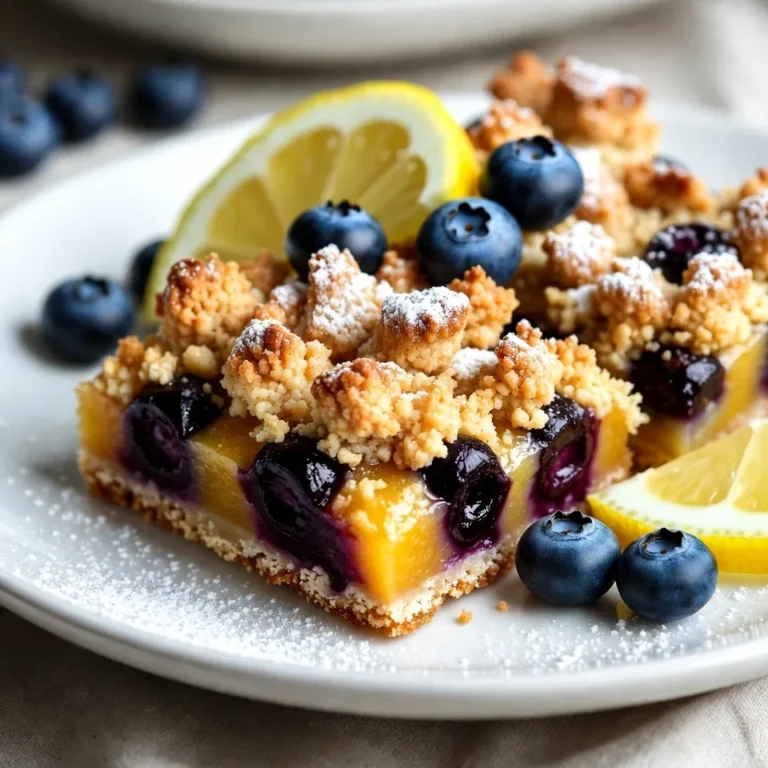 - 1 cup all-purpose flour - 1 cup rolled oats - 1/2 cup brown sugar, packed - 1/2 teaspoon baking powder - 1/4 teaspoon salt - 1/2 cup unsalted butter, melted - 1 cup fresh blueberries (or frozen, thawed) - Zest of 1 lemon - 2 tablespoons fresh lemon juice - 1/4 cup granulated sugar - 1 tablespoon cornstarch When making Lemon Blueberry Crumble Bars, use quality ingredients. They enhance flavor and texture. I always choose fresh blueberries when in season. They burst with flavor and add a nice pop of color. The zest of a fresh lemon brings a bright taste. It gives your bars a refreshing twist. Don't skip the brown sugar; it adds depth and a hint of caramel flavor. The rolled oats give the crumble a nice chew and texture. - Additional spices (e.g., cinnamon) - Different fruit combinations - Vegan substitutes for butter Feel free to experiment with your ingredients. A dash of cinnamon can add warmth. You can mix in other fruits like raspberries or strawberries for variety. If you prefer a vegan version, swap out the butter for a plant-based option. Get creative! {{ingredient_image_2}} 1. Preheat your oven to 350°F (175°C). 2. Grease an 8x8-inch baking pan or line it with parchment paper. 3. In a medium bowl, mix together: - 1 cup all-purpose flour - 1 cup rolled oats - 1/2 cup brown sugar, packed - 1/2 teaspoon baking powder - 1/4 teaspoon salt 4. Use a whisk or fork to blend these dry ingredients well. 5. Pour in 1/2 cup melted unsalted butter and stir until crumbly. 6. Set aside 1 cup of the mixture for the topping. 7. Press the rest evenly into the bottom of the pan for a solid crust. 1. Bake the crust for 10 minutes, until lightly set. 2. While the crust bakes, make the blueberry filling: - In another bowl, combine: - 1 cup fresh blueberries (or frozen, thawed) - Zest of 1 lemon - 2 tablespoons fresh lemon juice - 1/4 cup granulated sugar - 1 tablespoon cornstarch 3. Toss gently until blueberries are coated. 4. After baking, take the crust out of the oven. 5. Spread the blueberry filling evenly over the warm crust. 6. Sprinkle the reserved crumble mixture on top of the blueberries. 7. Return the pan to the oven and bake for 25-30 minutes. 8. Look for a golden brown topping and bubbling filling. 9. Once done, let the pan cool completely on a wire rack. 10. Cut into squares and serve when cool. - Checking for doneness: Look for a golden brown color on top. The filling should bubble lightly. If it looks cooked and smells good, it’s ready. - Adjusting sweetness as per preference: Taste the blueberry mix before adding it to the crust. If you like it sweeter, add a bit more sugar. You can also cut back if you prefer less sweetness. - Ensuring even distribution of blueberries: Spread the blueberries evenly over the crust. This helps every bite to have that juicy blueberry flavor. Use a spatula to help spread them out gently. - Presentation tips for serving: Arrange the bars on a nice plate. Dust with powdered sugar for a fancy touch. Add fresh blueberries and a lemon wedge for color and flair. - Pairing with beverages or accompaniments: These bars pair well with tea, lemonade, or even a scoop of vanilla ice cream. The tart lemon and sweet blueberries complement these drinks nicely. Pro Tips Use Fresh Ingredients: For the best flavor, opt for fresh blueberries and freshly squeezed lemon juice. This will enhance the overall taste of the crumble bars. Chill the Dough: If time allows, chill the crumble mixture in the refrigerator for about 30 minutes before baking. This helps to create a better texture and crumbly topping. Experiment with Flavors: Feel free to mix in other berries like raspberries or blackberries, or add spices like cinnamon for an extra flavor boost. Store Properly: Keep the bars in an airtight container at room temperature for up to 3 days. For longer storage, refrigerate them, and they can last up to a week. {{image_4}} You can mix up the fruit in these bars. Raspberries, strawberries, and blackberries work well. Each fruit gives a unique taste to the crumble bars. You can even make a mixed berry crumble. Just use a blend of your favorite berries. This adds fun colors and flavors, making each bite exciting. If you need gluten-free options, try using almond flour or oat flour. Both will give you a great base for your bars. For those who follow a vegan diet, swap butter for coconut oil or a plant-based spread. Use a sweetener like maple syrup instead of sugar. These changes keep the taste great while fitting your diet. To keep your Lemon Blueberry Crumble Bars fresh, store them in an airtight container. This step helps prevent them from becoming dry. Keep the container at room temperature for up to three days. If they last longer, move them to the fridge. Just remember to let them reach room temperature before serving for the best taste. If you want to save some bars for later, freezing is a great option. First, let the bars cool completely. Once cool, cut them into squares. Wrap each square tightly in plastic wrap. Place the wrapped bars in a freezer-safe bag or container. They can stay in the freezer for up to three months. When you're ready to enjoy them, take out the desired number of bars. Let them thaw in the fridge overnight. If you want to warm them up, pop them in the oven at 350°F for about 10 minutes. This will bring back their fresh-baked feel. Can I use frozen blueberries for this recipe? Yes, you can use frozen blueberries. Just make sure to thaw them first. This helps the filling mix well. How do I know when the bars are done baking? Look for a golden brown top. The filling should be bubbling a bit. If you stick a toothpick in the crumble, it should come out clean. Can I make this recipe ahead of time? Yes, you can make these bars ahead. They taste great after resting in the fridge. Calories and serving size information Each bar has about 180 calories. This recipe makes 9 bars. Additional nutritional facts for health-conscious readers These bars contain whole grains from oats. They have healthy fats from butter. Plus, blueberries add vitamins and fiber. In this post, we explored how to make delicious lemon blueberry crumble bars. You learned about the key ingredients, step-by-step instructions, and helpful tips for perfecting the recipe. We also discussed tasty variations to suit your taste and dietary needs. These bars are not just a treat; they are fun to make and share. Try baking them soon, and enjoy every bite!