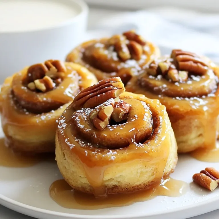 To make these tasty rolls, you need simple, fresh ingredients. Here’s what you will need: - 2 cups all-purpose flour - 2 tablespoons granulated sugar - 1 teaspoon instant yeast - 1/2 teaspoon salt - 3/4 cup whole milk, warmed (110°F/43°C) - 2 tablespoons unsalted butter, melted - 1/4 cup packed brown sugar - 1 teaspoon ground cinnamon - 1/2 cup chopped pecans - 1/4 cup caramel sauce (store-bought or homemade) - 1/2 cup powdered sugar - 1 tablespoon milk (for glaze) These ingredients come together to create soft, gooey rolls with a sweet caramel flavor. Accurate measuring is key to great cinnamon rolls. Here are some tips: - Use dry measuring cups for flour and sugar. Fill them and level off with a knife. - For sticky ingredients like brown sugar, pack it firmly into the cup. - Use a liquid measuring cup for milk. Check at eye level for the right amount. - Weigh your flour for the best results if you have a kitchen scale. Measuring correctly helps the rolls rise well and taste great. You can adjust the recipe for different diets. Here are some options: - Gluten-Free: Use a 1:1 gluten-free flour blend in place of all-purpose flour. - Dairy-Free: Substitute almond milk or coconut milk for whole milk. Use dairy-free butter. - Nut-Free: Omit the pecans or replace them with sunflower seeds. These swaps allow everyone to enjoy these delicious rolls! {{ingredient_image_2}} To make the dough, start with a large mixing bowl. Add 2 cups of all-purpose flour, 2 tablespoons of granulated sugar, 1 teaspoon of instant yeast, and 1/2 teaspoon of salt. Mix these dry ingredients well. Next, warm 3/4 cup of milk to about 110°F (43°C). Pour the warm milk and 2 tablespoons of melted butter into the bowl. Stir until a soft dough forms. Now, transfer the dough to a floured countertop. Knead the dough for about 5 minutes. You want it to feel smooth and elastic. Once done, shape the dough into a ball. Place it in a greased bowl and cover it with a damp cloth. Let it rise in a warm spot for about 1 hour. It should double in size. After the dough has risen, it’s time to roll it out. Lightly flour your surface again. Roll the dough into a rectangle about 1/4 inch thick. In a small bowl, mix 1/4 cup of brown sugar with 1 teaspoon of ground cinnamon. Evenly sprinkle this mix over the dough. Next, spread 1/2 cup of chopped pecans on top of the cinnamon-sugar layer. Start rolling the dough from the long side, forming a tight log. Pinch the seam to seal it. Use a sharp knife to cut the log into 8 equal slices. Now, let’s prepare for baking. Pour caramel sauce evenly across the bottom of a greased baking dish. Place the cinnamon roll slices on top, leaving some space between them. Cover the dish with plastic wrap. Let the rolls rise in a warm area for another 30 minutes. Preheat your oven to 350°F (175°C). After the rolls have risen, bake them for 25-30 minutes. You want them to be golden brown and puffed up. Once baked, remove them from the oven and let them cool in the dish for a few minutes. Enjoy the warm, gooey goodness! To make great cinnamon rolls, the dough must be soft but not sticky. When mixing, add the warm milk slowly. This helps you see the dough's texture. If it feels too dry, add a little more milk. If it’s too wet, sprinkle in some flour. Knead the dough for about five minutes. It should feel smooth and elastic when done. This is key for fluffy rolls. To stop your rolls from sticking, use a greased baking dish. Pour the caramel sauce in first, then place the rolls on top. Make sure to space them out a bit. This allows heat to flow and helps them rise. If you use parchment paper, it can help with easy removal later. You can change up the flavors in these rolls. Try adding chocolate chips for a sweet surprise. For a fall twist, mix in pumpkin spice with the cinnamon. You can also swap pecans for walnuts or almonds. Each option gives a new taste to enjoy. Get creative and see what you like best! Pro Tips Proof Your Yeast: Ensure your yeast is active by mixing it with warm milk and sugar before adding it to the flour. If it bubbles, you're good to go! Roll Evenly: When rolling out the dough, aim for an even thickness to ensure uniform baking and gooeyness in every roll. Caramel Layer: For an extra indulgent treat, add a layer of chopped pecans and a bit more caramel sauce between the dough layers before rolling it up. Glaze Variation: Experiment with flavored extracts like vanilla or maple in your glaze for a unique twist on the classic flavor. {{image_4}} You can add chocolate to your caramel pecan rolls for a sweet twist. Use 1/2 cup of chocolate chips. After you roll out the dough, sprinkle the chocolate chips on top of the brown sugar and cinnamon layer. Roll the dough tightly, just like before. Bake as usual for rich and gooey chocolate rolls. Fall is perfect for pumpkin spice! Add 1/2 cup of pumpkin puree to the dough. Replace the ground cinnamon with 1 teaspoon of pumpkin pie spice. This gives you a warm, cozy flavor. Bake the rolls as directed, and enjoy the taste of autumn in every bite. To make vegan caramel pecan rolls, swap the milk with almond or oat milk. Use coconut oil instead of butter. For the glaze, mix powdered sugar with plant-based milk. These small changes make the rolls just as tasty while being plant-friendly. You won’t miss the dairy at all! After baking, let your caramel pecan cinnamon rolls cool. Once cool, place them in an airtight container. This keeps them soft and moist. If you store them correctly, they last about 2 days at room temperature. For longer freshness, you can refrigerate them. Just remember to wrap them tightly in plastic wrap. To enjoy your rolls warm again, preheat your oven to 350°F (175°C). Place the rolls in a baking dish. Cover them with foil to prevent drying out. Heat them for about 10-15 minutes. If you like, you can add a drizzle of caramel sauce before reheating. This adds extra flavor and moisture. Freezing is a great option for long-term storage. First, let your rolls cool completely. Then, wrap each roll in plastic wrap. Place the wrapped rolls in a freezer-safe bag. They can stay fresh for up to 3 months. To eat, just thaw them overnight in the fridge. Reheat them as described above for a warm treat. To make caramel sauce, you need just sugar and water. Start with 1 cup of sugar and 1/4 cup of water in a pan. Heat it over medium heat. Stir until the sugar dissolves. Stop stirring and let it cook until it turns a light amber color. Remove it from heat and add 1/2 cup of heavy cream. Stir until smooth. Be careful; it can be hot! Yes, you can use other nuts! Walnuts or almonds work well too. If you want a different flavor, try hazelnuts. Just chop them up like you do with pecans. This gives your rolls a unique twist. Feel free to mix and match nuts based on your taste! If your dough doesn’t rise, check if your yeast is fresh. Old yeast won't work. Make sure your milk is warm, not hot. Too hot can kill the yeast. Place the dough in a warm spot to rise. You can also cover it with a damp cloth. If it still doesn’t rise, let it sit longer. Sometimes, dough just needs more time! Caramel pecan cinnamon rolls are a delightful treat you can make at home. This guide covered key ingredients, step-by-step instructions, and handy tips. I shared variations to suit your mood and dietary needs. Always remember to store extras properly for later enjoyment. With the right techniques, you'll bake perfect rolls every time. Now it's time for you to try these recipes and enjoy the sweet rewards!