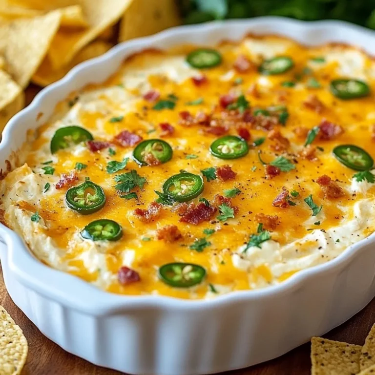 To make the best jalapeño popper dip, gather these items: - 8 ounces of cream cheese, softened - 1 cup of sour cream - 1 cup of shredded sharp cheddar cheese - 1 cup of shredded mozzarella cheese - 1 cup of fresh jalapeños, finely chopped - 1/2 cup of crispy cooked and crumbled bacon (optional) - 1 clove of garlic, minced - 1 teaspoon of onion powder - 1/2 teaspoon of smoked paprika - 1/4 teaspoon of freshly cracked black pepper - Optional garnishes: fresh cilantro leaves or minced green onions - Serving options: tortilla chips or slices of baguette This dip has creamy, cheesy goodness. The jalapeños add a nice kick. You can adjust the heat by removing the seeds. The bacon gives a salty crunch, but you can skip it for a lighter dip. You can use fresh ingredients for a better taste. I always recommend sharp cheddar for a stronger flavor. The combination of cheeses creates a smooth texture. When you prepare this dip, you’ll love how easy it is. Just mix everything together, bake, and enjoy. This dish is perfect for parties or game days. {{ingredient_image_2}} First, you need to preheat your oven. Set it to 350°F (175°C). This helps your dip cook evenly and become bubbly. In a medium bowl, mix the softened cream cheese and sour cream. Use a hand mixer or whisk to blend until smooth. No lumps should remain. This creamy base is the heart of the dip. Next, fold in the fun stuff! Add the shredded sharp cheddar, mozzarella, and finely chopped jalapeños. If you like bacon, add the crumbled bacon too. Then, mix in the minced garlic, onion powder, smoked paprika, and black pepper. Stir until everything combines well. Now, transfer your cheesy mixture into a baking dish. An 8x8 inch (20x20 cm) dish works best. Spread it evenly across the bottom. Pop it into your preheated oven and bake for 20-25 minutes. The top should be golden brown and bubbly. When the dip is done, carefully take it out of the oven. Let it cool for a few minutes. This prevents burns. For a fresh touch, garnish with cilantro or green onions if you like. Serve your jalapeño popper dip warm. It pairs well with crunchy tortilla chips or slices of baguette. Each bite is full of cheesy, spicy goodness. Enjoy! You can control the heat by adjusting the jalapeños. Use fresh jalapeños for full spice. If you want less heat, remove the seeds and membranes. For a milder taste, consider using canned jalapeños instead. You can also mix in a bit of diced bell pepper for sweetness without the heat. While sharp cheddar and mozzarella are great, feel free to explore! Creamy fontina adds rich flavor. Pepper jack cheese gives an extra kick. You can also try a blend of cheeses for a unique twist. Always pick cheeses that melt well to keep the dip creamy. For this dip, an 8x8 inch baking dish works best. If you want a thinner layer, use a larger dish. A cast-iron skillet adds a rustic feel and keeps the dip warm. Glass dishes allow you to see the bubbling goodness inside as it bakes. You can prepare the dip ahead of time! Mix all the ingredients and store them in the fridge. Bake it just before serving. This saves time and is perfect for parties. If you have leftovers, store them in an airtight container. Pro Tips Use Fresh Jalapeños: Fresh jalapeños provide the best flavor and a nice crunch. If you prefer a milder dip, be sure to remove the seeds and membranes. Customize Cheese Choices: Feel free to mix in other cheeses such as pepper jack for an extra kick or cream cheese for a creamier texture. Make It Ahead: Prepare the mixture a day in advance and store it in the fridge. Just bake it right before serving for an easy party dish! Presentation Matters: Garnish with fresh herbs or slices of jalapeño before serving to make your dip look as good as it tastes! {{image_4}} You can make your dip even spicier. Start by adding more jalapeños. Use a mix of fresh and pickled jalapeños for more layers of flavor. You can also add diced green chilies or a splash of hot sauce. For extra richness, mix in some cream cheese with herbs or spices. This makes the dip bold and exciting! To make a vegetarian version, skip the bacon. Instead, add more veggies like chopped bell peppers or corn for a sweet crunch. You can also use vegan cheese to keep it plant-based. This dip stays creamy and rich while being friendly for vegetarians. Serve it with fresh veggies or pita chips for a healthy twist. If you want a low-carb dip, there are easy swaps. Replace sour cream with Greek yogurt for a protein boost. You can also use almond flour instead of breadcrumbs if you add any topping. Make sure to check the cheese labels. Many options are low in carbs. This way, you can enjoy the great taste without the extra carbs! To store your jalapeño popper dip, let it cool first. Then, transfer it to an airtight container. It will stay fresh in the fridge for about 3 to 5 days. Make sure to cover it well to keep it from drying out. When you want to enjoy it again, simply take it out of the fridge. You can freeze jalapeño popper dip too! Place the cooled dip in a freezer-safe container. Make sure to leave some space at the top, as it may expand when frozen. It can last for up to 2 months in the freezer. When you're ready to eat it, thaw it in the fridge overnight. Reheat your jalapeño popper dip in the oven or microwave. If using the oven, preheat it to 350°F (175°C) and bake for about 15-20 minutes. This will help it warm evenly. If using a microwave, heat in short bursts, stirring in between, until warm. You want to make sure it's heated through but not too hot. Enjoy that cheesy goodness! You can serve Jalapeño Popper Dip with many tasty options. I recommend using crunchy tortilla chips or slices of baguette. Both options make for great dippers. You can also try veggies like carrots and celery for a fresh crunch. If you store it right, Jalapeño Popper Dip lasts about 3 to 4 days in the fridge. Use an airtight container to keep it fresh. Make sure to let it cool down before sealing it. Yes, you can make this dip ahead of time. Prepare it, and then cover it and chill in the fridge. Bake it right before serving. This makes party prep much easier. Jalapeño Popper Dip can be spicy, but you can control the heat. If you want less spice, remove the seeds from the jalapeños. You can also use fewer jalapeños or swap them for a milder pepper. To make Jalapeño Popper Dip healthier, try using low-fat cream cheese and sour cream. You can also skip the bacon or use turkey bacon. Adding more veggies like bell peppers can boost nutrition without losing flavor. This blog post guides you through making a tasty Jalapeño Popper Dip. You learned the key ingredients, like cream cheese, cheddar, and jalapeños. I shared step-by-step instructions to help you bake it perfectly. We discussed customizing heat levels and offered tips for serving. This dip is fun for parties or a cozy night in. Whether you enjoy it spicy or mild, you can adapt it to your taste. Remember, sharing is part of the joy, so dig in and enjoy with family or friends. Happy dipping!