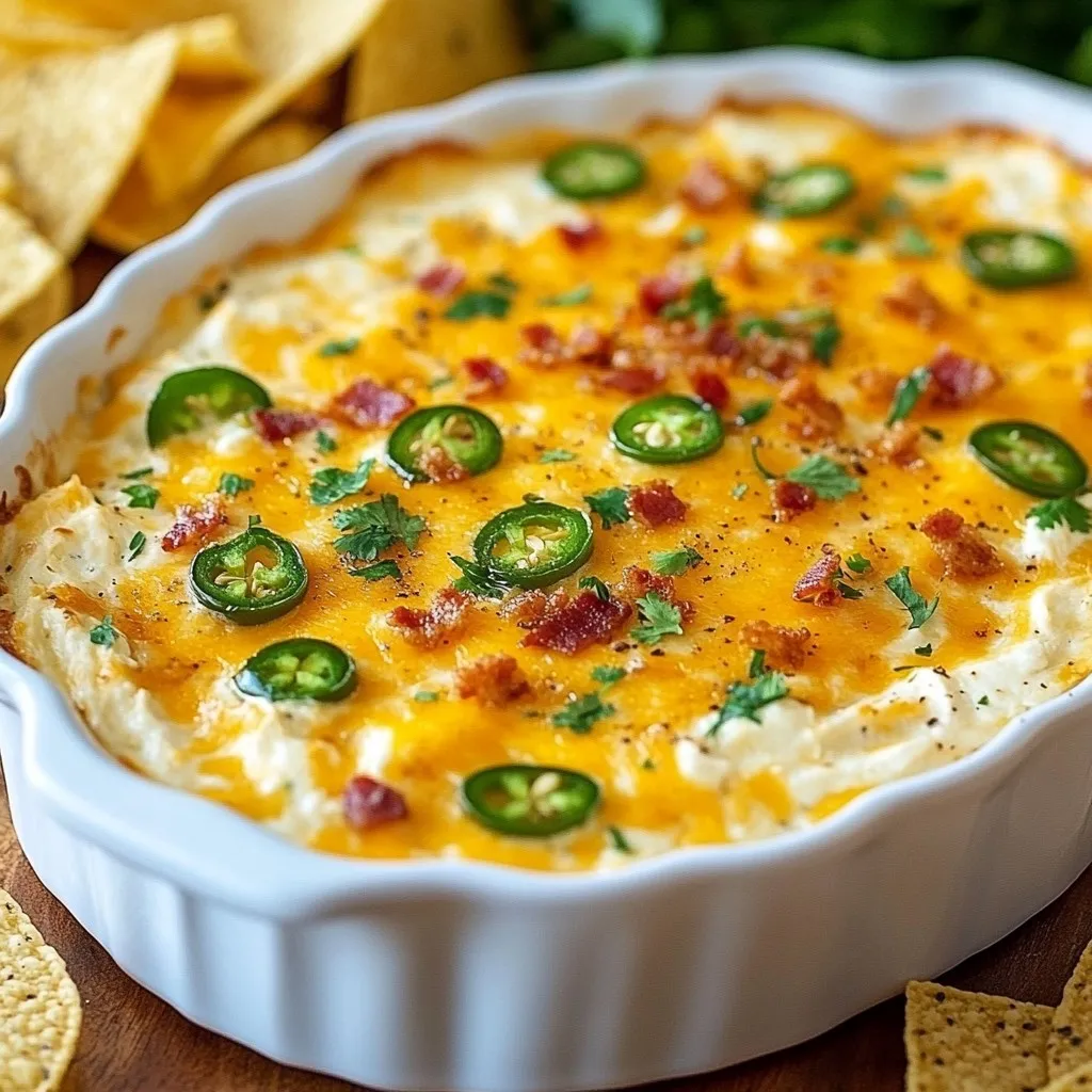 To make the best jalapeño popper dip, gather these items: - 8 ounces of cream cheese, softened - 1 cup of sour cream - 1 cup of shredded sharp cheddar cheese - 1 cup of shredded mozzarella cheese - 1 cup of fresh jalapeños, finely chopped - 1/2 cup of crispy cooked and crumbled bacon (optional) - 1 clove of garlic, minced - 1 teaspoon of onion powder - 1/2 teaspoon of smoked paprika - 1/4 teaspoon of freshly cracked black pepper - Optional garnishes: fresh cilantro leaves or minced green onions - Serving options: tortilla chips or slices of baguette This dip has creamy, cheesy goodness. The jalapeños add a nice kick. You can adjust the heat by removing the seeds. The bacon gives a salty crunch, but you can skip it for a lighter dip. You can use fresh ingredients for a better taste. I always recommend sharp cheddar for a stronger flavor. The combination of cheeses creates a smooth texture. When you prepare this dip, you’ll love how easy it is. Just mix everything together, bake, and enjoy. This dish is perfect for parties or game days. {{ingredient_image_2}} First, you need to preheat your oven. Set it to 350°F (175°C). This helps your dip cook evenly and become bubbly. In a medium bowl, mix the softened cream cheese and sour cream. Use a hand mixer or whisk to blend until smooth. No lumps should remain. This creamy base is the heart of the dip. Next, fold in the fun stuff! Add the shredded sharp cheddar, mozzarella, and finely chopped jalapeños. If you like bacon, add the crumbled bacon too. Then, mix in the minced garlic, onion powder, smoked paprika, and black pepper. Stir until everything combines well. Now, transfer your cheesy mixture into a baking dish. An 8x8 inch (20x20 cm) dish works best. Spread it evenly across the bottom. Pop it into your preheated oven and bake for 20-25 minutes. The top should be golden brown and bubbly. When the dip is done, carefully take it out of the oven. Let it cool for a few minutes. This prevents burns. For a fresh touch, garnish with cilantro or green onions if you like. Serve your jalapeño popper dip warm. It pairs well with crunchy tortilla chips or slices of baguette. Each bite is full of cheesy, spicy goodness. Enjoy! You can control the heat by adjusting the jalapeños. Use fresh jalapeños for full spice. If you want less heat, remove the seeds and membranes. For a milder taste, consider using canned jalapeños instead. You can also mix in a bit of diced bell pepper for sweetness without the heat. While sharp cheddar and mozzarella are great, feel free to explore! Creamy fontina adds rich flavor. Pepper jack cheese gives an extra kick. You can also try a blend of cheeses for a unique twist. Always pick cheeses that melt well to keep the dip creamy. For this dip, an 8x8 inch baking dish works best. If you want a thinner layer, use a larger dish. A cast-iron skillet adds a rustic feel and keeps the dip warm. Glass dishes allow you to see the bubbling goodness inside as it bakes. You can prepare the dip ahead of time! Mix all the ingredients and store them in the fridge. Bake it just before serving. This saves time and is perfect for parties. If you have leftovers, store them in an airtight container. Pro Tips Use Fresh Jalapeños: Fresh jalapeños provide the best flavor and a nice crunch. If you prefer a milder dip, be sure to remove the seeds and membranes. Customize Cheese Choices: Feel free to mix in other cheeses such as pepper jack for an extra kick or cream cheese for a creamier texture. Make It Ahead: Prepare the mixture a day in advance and store it in the fridge. Just bake it right before serving for an easy party dish! Presentation Matters: Garnish with fresh herbs or slices of jalapeño before serving to make your dip look as good as it tastes! {{image_4}} You can make your dip even spicier. Start by adding more jalapeños. Use a mix of fresh and pickled jalapeños for more layers of flavor. You can also add diced green chilies or a splash of hot sauce. For extra richness, mix in some cream cheese with herbs or spices. This makes the dip bold and exciting! To make a vegetarian version, skip the bacon. Instead, add more veggies like chopped bell peppers or corn for a sweet crunch. You can also use vegan cheese to keep it plant-based. This dip stays creamy and rich while being friendly for vegetarians. Serve it with fresh veggies or pita chips for a healthy twist. If you want a low-carb dip, there are easy swaps. Replace sour cream with Greek yogurt for a protein boost. You can also use almond flour instead of breadcrumbs if you add any topping. Make sure to check the cheese labels. Many options are low in carbs. This way, you can enjoy the great taste without the extra carbs! To store your jalapeño popper dip, let it cool first. Then, transfer it to an airtight container. It will stay fresh in the fridge for about 3 to 5 days. Make sure to cover it well to keep it from drying out. When you want to enjoy it again, simply take it out of the fridge. You can freeze jalapeño popper dip too! Place the cooled dip in a freezer-safe container. Make sure to leave some space at the top, as it may expand when frozen. It can last for up to 2 months in the freezer. When you're ready to eat it, thaw it in the fridge overnight. Reheat your jalapeño popper dip in the oven or microwave. If using the oven, preheat it to 350°F (175°C) and bake for about 15-20 minutes. This will help it warm evenly. If using a microwave, heat in short bursts, stirring in between, until warm. You want to make sure it's heated through but not too hot. Enjoy that cheesy goodness! You can serve Jalapeño Popper Dip with many tasty options. I recommend using crunchy tortilla chips or slices of baguette. Both options make for great dippers. You can also try veggies like carrots and celery for a fresh crunch. If you store it right, Jalapeño Popper Dip lasts about 3 to 4 days in the fridge. Use an airtight container to keep it fresh. Make sure to let it cool down before sealing it. Yes, you can make this dip ahead of time. Prepare it, and then cover it and chill in the fridge. Bake it right before serving. This makes party prep much easier. Jalapeño Popper Dip can be spicy, but you can control the heat. If you want less spice, remove the seeds from the jalapeños. You can also use fewer jalapeños or swap them for a milder pepper. To make Jalapeño Popper Dip healthier, try using low-fat cream cheese and sour cream. You can also skip the bacon or use turkey bacon. Adding more veggies like bell peppers can boost nutrition without losing flavor. This blog post guides you through making a tasty Jalapeño Popper Dip. You learned the key ingredients, like cream cheese, cheddar, and jalapeños. I shared step-by-step instructions to help you bake it perfectly. We discussed customizing heat levels and offered tips for serving. This dip is fun for parties or a cozy night in. Whether you enjoy it spicy or mild, you can adapt it to your taste. Remember, sharing is part of the joy, so dig in and enjoy with family or friends. Happy dipping!