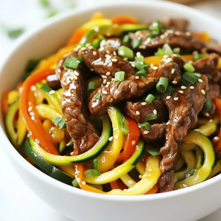 - 1 pound beef sirloin, thinly sliced - 2 medium zucchinis, spiralized into zoodles - 1 bell pepper, thinly sliced - 1 large carrot, julienned into thin strips - 2 cloves garlic, finely minced - 1 inch fresh ginger, grated - 1/4 cup low-sodium soy sauce - 2 tablespoons honey - 1 tablespoon sesame oil - 1 tablespoon rice vinegar - 1 tablespoon cornstarch mixed with 2 tablespoons water - Toasted sesame seeds - Chopped green onions When making Teriyaki Beef Zoodle Stir Fry, gather these fresh and vibrant ingredients. The beef sirloin provides rich flavor, while the zoodles add a fun twist to the dish. You can pick any color bell pepper. Don't forget the carrot; it adds crunch and sweetness. Fresh garlic and ginger give the stir fry a nice kick. For the sauce, using low-sodium soy sauce helps control salt while still adding depth. Honey brings sweetness, and sesame oil adds a warm, nutty aroma. Rice vinegar gives a refreshing note, and the cornstarch slurry thickens the sauce. Finally, toasted sesame seeds and chopped green onions make great garnishes. They not only look good but also add extra flavor. Enjoy picking these fresh ingredients; they make your meal both tasty and healthy! {{ingredient_image_2}} To start, grab a small bowl. In that bowl, combine the soy sauce, honey, sesame oil, rice vinegar, and cornstarch slurry. Whisk everything together until it blends nicely. This sauce adds a sweet and salty glaze to your dish. Set it aside for later. Next, heat a tablespoon of vegetable oil in a large skillet over medium-high heat. Once the oil is hot, add the thinly sliced beef. Lay it in a single layer to cook evenly. Stir-fry the beef for about 3 to 4 minutes. You want it browned and cooked to your liking. Once done, remove the beef from the skillet and let it rest on a plate. In the same skillet, add another tablespoon of vegetable oil. Toss in the minced garlic and grated ginger. Sauté these for around 30 seconds until they smell amazing. Then, add the sliced bell pepper and julienned carrot. Stir-fry these veggies for about 2 to 3 minutes. You want them slightly tender but still crisp. Now, gently add the spiralized zoodles to the skillet. Toss them with the other veggies. Stir-fry the zoodles for another 2 minutes. You want them to soften just a bit but keep a nice crunch for texture. Finally, return the cooked beef to the skillet. Pour the teriyaki sauce over everything. Toss all the ingredients together, making sure they are coated well. Cook for an additional minute. This helps the sauce thicken and cling to the beef and veggies. Now, remove the skillet from the heat and serve hot. Garnish with toasted sesame seeds and chopped green onions for a lovely finish. - How to slice beef against the grain: To get tender beef, slice it against the grain. Look for the lines in the meat and cut across them. This will help break down the fibers and make the beef softer to chew. - Best types of beef for stir-fry: Use beef sirloin for a great flavor and texture. It cooks quickly and stays juicy. Flank steak also works well if you want something a bit different. - How to avoid soggy zoodles: To prevent soggy zoodles, do not overcook them. Stir-fry them for only a couple of minutes. This keeps them crisp and fresh. - Spiralizing tips for perfect zoodles: Choose firm zucchinis for zoodles. Use a spiralizer for even shapes. Aim for thin strands to cook quickly and blend well with other ingredients. - Adjusting sweetness or saltiness based on preference: Taste your sauce before adding it to the dish. If you want it sweeter, add more honey. For more saltiness, add a splash of soy sauce. Adjust to your liking for the best flavor! Pro Tips Choose the Right Beef: Opt for flank or sirloin for a tender and flavorful result; these cuts are perfect for quick stir-frying. Don’t Overcook the Zoodles: Zoodles cook quickly, so add them towards the end of cooking to maintain their crunch and prevent sogginess. Customize Your Veggies: Feel free to add other vegetables like snap peas or broccoli for more color and nutrition; just adjust cooking times accordingly. Make It Ahead: Prep the sauce and vegetables in advance for a quicker cooking time during busy weeknights; simply store them separately in the fridge. {{image_4}} You can switch the beef for chicken, tofu, or shrimp. Each choice gives a new taste. Chicken offers a lean option. Tofu adds a great vegetarian twist. Shrimp cooks quickly and is packed with flavor. Adjust cooking times for each protein to keep them tender and juicy. Feel free to mix other vegetables into your stir fry. Think about broccoli, snap peas, or bell peppers in various colors. Each adds freshness and color. You can even use mushrooms for a hearty bite. Get creative with what you have on hand for a unique twist. If you want a gluten-free dish, use tamari instead of soy sauce. Tamari has a similar flavor but is made without wheat. This keeps the taste intact while being safe for those with gluten issues. Always check labels to ensure all ingredients are gluten-free. To keep your Teriyaki Beef Zoodle Stir Fry fresh, store leftovers in an airtight container. Place them in the fridge right away. This meal tastes best when eaten within three days. If you want to save it for longer, freeze the stir fry. Use a freezer-safe bag or container. This method can keep it safe for up to three months. When freezing, try to remove as much air as possible. This helps prevent freezer burn. When reheating, I suggest using the stove. This method helps maintain the texture. Start by placing the stir fry in a skillet over medium heat. Add a splash of water or broth to avoid drying it out. Stir gently until heated through. You can also use a microwave if you prefer. Just heat in short increments, stirring in between. This way, your beef and zoodles will stay nice and tasty. The shelf life of Teriyaki Beef Zoodle Stir Fry is about three days in the fridge. If stored properly, it can last up to three months in the freezer. Always check for changes in smell or texture before eating. If something seems off, it's best to toss it. Keeping track of storage time helps ensure your meal stays safe and enjoyable. Yes, you can prepare this dish ahead of time. Cook the beef and veggies but leave out the zoodles until you are ready to serve. Store the beef and veggies in an airtight container in the fridge for up to three days. When you are ready to eat, sauté the zoodles for two minutes. Then add the beef and veggies. This way, the zoodles will stay crisp and fresh. To add heat to your Teriyaki Beef Zoodle Stir Fry, try these tips: - Add a teaspoon of red pepper flakes to the sauce for a spicy kick. - Mix in some sliced jalapeños or serrano peppers when you sauté the garlic and ginger. - Drizzle your favorite hot sauce over the finished dish for an extra burst of heat. This stir fry pairs well with several side dishes. Here are some great options: - Serve with brown rice or cauliflower rice for a filling meal. - Pair with a light salad to add fresh crunch. - Consider steamed broccoli or snap peas for extra veggies. These combinations will help create a balanced meal that is both healthy and satisfying. This recipe for Teriyaki Beef Zoodle Stir Fry highlights delicious, fresh ingredients. You learned to make a tasty sauce and how to cook beef and zoodles. I shared tips for perfecting your dish and offered fun variations. In the end, this meal is quick, easy, and versatile. You can tweak it to fit your taste. Enjoy making it for a healthy weeknight dinner or a special occasion. Happy cooking!