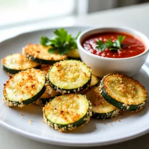 To make Parmesan crusted zucchini chips, gather these simple ingredients: - Zucchini - Parmesan Cheese - Panko Breadcrumbs - Seasonings: Garlic Powder, Onion Powder, Oregano, Salt, Pepper - Eggs - Olive Oil Spray Zucchini is the star of this dish. Choose medium zucchinis for the best texture. Freshly grated Parmesan cheese gives a rich flavor. Panko breadcrumbs add the perfect crunch. The seasoning mix is vital for taste. Garlic powder, onion powder, oregano, salt, and pepper create a savory blend. Eggs help the coating stick well to the zucchini. A light spray of olive oil helps achieve that golden brown color. These ingredients work together to create a tasty snack. Each bite of these crispy chips will leave you wanting more. You can easily find all these items at your local grocery store. Enjoy the fun of making and eating these delicious zucchini chips! {{ingredient_image_2}} - Preheat the Oven: Set your oven to 425&deg;F (220&deg;C). This hot temperature helps the chips get crispy. - Prepare Baking Sheet: Line a baking sheet with parchment paper. This keeps the chips from sticking and makes cleanup easy. - Mix Parmesan and Breadcrumbs: In a shallow bowl, combine 1 cup of grated Parmesan and 1 cup of panko breadcrumbs. Add 1 teaspoon each of garlic powder, onion powder, and dried oregano. Then, sprinkle in &frac12; teaspoon of salt and &frac12; teaspoon of black pepper. Mix well to blend the seasonings. - Beat the Eggs: In another shallow bowl, beat 2 large eggs until smooth. This helps the coating stick to the zucchini. - Dip and Coat Zucchini Slices: Take your zucchini slices and dip each one into the beaten eggs. Let any extra egg drip off, then coat it in the Parmesan mixture. Press gently on both sides to ensure even coverage. Set the coated slices aside on a plate. - Arrange Zucchini on Baking Sheet: Place the coated zucchini slices in a single layer on the lined baking sheet. Make sure there&rsquo;s space between each slice. This helps them cook evenly. - Apply Olive Oil: Lightly spray the tops of the zucchini chips with olive oil or drizzle a bit of extra virgin olive oil over them. This adds flavor and aids in crisping. - Bake and Flip for Even Cooking: Bake the zucchini chips for 15 to 20 minutes. Halfway through, flip them to brown both sides. They should turn golden brown and crispy. These steps ensure you create a tasty and crunchy snack that everyone will love. - Using Panko Breadcrumbs Panko breadcrumbs make these zucchini chips extra crunchy. They are lighter and crispier than regular breadcrumbs. This texture adds a delightful bite. When mixed with Parmesan, they create a tasty crust. Always choose fresh panko for the best results. - Properly Coating Zucchini The coating process is key. First, dip the zucchini slices in beaten eggs. This helps the crumbs stick. Make sure the slices are fully coated. Then, press them into the Parmesan-breadcrumb mix. This step ensures a thick, even layer. Space the coated slices on the baking sheet. This helps air circulate and keeps them crispy. - Ideal Dipping Sauces Pair your zucchini chips with tasty dips. Marinara sauce is a classic choice. It adds a nice tang. Garlic aioli brings a creamy touch. For a fun twist, try ranch dressing. These dips enhance the flavor and add variety. - Garnishing Ideas Presentation matters! Serve the chips on a stylish platter. Sprinkle chopped parsley or basil on top. This adds color and freshness. A squeeze of lemon juice can also brighten the dish. These small touches make your snack look gourmet. - Adjustments for Different Ovens Oven temperatures can vary. Keep an eye on the chips as they bake. If your oven runs hot, check them a few minutes early. If they need more time, bake them longer. Aim for a golden brown color for perfect crispiness. - Keeping Chips Crispy To maintain their crunch, serve the chips right away. If you need to wait, place them on a cooling rack. This allows air to circulate and prevents sogginess. You can also re-bake them for a few minutes before serving. This will restore their crispiness. Pro Tips Choose the Right Zucchini: Select medium-sized zucchinis that are firm and free from blemishes for the best flavor and texture. Experiment with Seasonings: Feel free to customize the seasoning blend by adding spices like smoked paprika or Italian seasoning for a unique twist. Ensure Even Cooking: Make sure your zucchini slices are uniform in thickness to ensure they cook evenly and become crispy. Store Leftovers Properly: If you have any leftovers, store them in an airtight container in the fridge, but note they are best enjoyed fresh. {{image_4}} You can easily change the flavor of your zucchini chips. For a spicy kick, add red pepper flakes to the Parmesan and breadcrumb mix. This will give your chips a nice heat that many people love. If you prefer herbs, try mixing in dried thyme or basil. These herbs add fresh notes and make the chips even tastier. While Parmesan is delicious, you can switch it up. Using mozzarella gives a gooey texture. Cheddar adds a sharp flavor that pairs well with zucchini. Both options create a unique twist on the classic recipe, so feel free to experiment. If you need a gluten-free choice, don&rsquo;t worry! You can use gluten-free breadcrumbs instead of panko. They will still give you a nice crunch, and your chips will be just as yummy. This way, everyone can enjoy your tasty snack! To keep your Parmesan crusted zucchini chips fresh, store them in the fridge. Place them in an airtight container. This helps maintain their taste and texture. Try to eat them within three days for the best flavor. Use glass or plastic containers with tight lids. These containers prevent air from getting in. If you have a vacuum-seal option, that&rsquo;s even better. It stops moisture and keeps the chips crispy for longer. For the best results, reheat in the oven. Preheat the oven to 350&deg;F (175&deg;C). Place the chips on a baking sheet. Heat for about 10 minutes. This method keeps the chips crispy. If you're short on time, use the microwave. Place a few chips on a plate. Heat them for about 30 seconds. They may not be as crispy, but they will still taste good. To freeze zucchini chips, let them cool completely first. Then, arrange them in a single layer on a baking sheet. Place the sheet in the freezer for about one hour. This step prevents them from sticking together. Once frozen, transfer the chips to a freezer bag. Squeeze out as much air as possible before sealing. Label the bag with the date. Use them within three months for the best taste. Parmesan Crusted Zucchini Chips stay fresh for about 2 to 3 days in the fridge. Store them in an airtight container. If you leave them out, they may get soggy. Yes, you can prepare the zucchini chips ahead. Coat the zucchini slices and keep them in the fridge for up to 24 hours. This way, you can bake them when you want a quick snack. Aim for thin rounds, about 1/4 inch thick. This thickness ensures they cook evenly and get crispy. Use a sharp knife or a mandoline for neat slices. Absolutely! Kids love the crunchy texture and cheesy flavor. You can even let them help with coating the zucchini slices for added fun in the kitchen. Yes, you can use other veggies like eggplant, sweet potatoes, or carrots. Just adjust the cooking time based on the thickness of the slices. Enjoy experimenting with different flavors! This guide covered easy steps to make delicious Parmesan Crusted Zucchini Chips. We discussed ingredients, preparation, and baking tips for a crispy finish. I shared fun ways to enhance flavors and served suggestions, too. You'll keep these chips fresh in the fridge or freeze them for later use. Try these tasty chips soon. You&rsquo;ll love how simple and fun they are!
